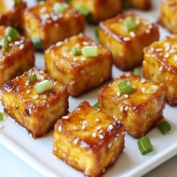 - 1 block (14 oz) firm tofu, drained and pressed - 3 tablespoons cornstarch - 1 teaspoon garlic powder - 1 teaspoon onion powder - 1 teaspoon smoked paprika - Salt and pepper to taste - 4 cloves garlic, minced - 2 tablespoons soy sauce - 2 tablespoons sesame oil - 2 green onions, chopped (for garnish) - Optional: sesame seeds for garnish To make crispy garlic tofu bites, you need simple yet flavorful ingredients. The firm tofu is the star of the dish. Look for a block that is packed tightly, as it fries up best. Pressing the tofu removes excess water. This step is key for crispiness. You will also need cornstarch. It coats the tofu and helps it get that perfect crunch. Garlic powder, onion powder, and smoked paprika add depth to the flavor. Adjust the salt and pepper to your taste. For flavor enhancers, minced garlic brings a strong aroma. Soy sauce adds savory notes, while sesame oil gives a nutty finish. Don't forget the green onions for a fresh touch. If you like, sprinkle some sesame seeds on top for a delightful crunch. With these ingredients, you can mix, bake, and enjoy a tasty snack that’s easy to make! {{ingredient_image_1}} 1. Preheating the oven: Start by setting your oven to 425°F (220°C). This high heat helps to make the tofu crispy. 2. Preparing the tofu: You need to drain and press the tofu first. This step removes excess water, allowing the tofu to absorb flavors better. Wrap the tofu in a clean towel. Then place something heavy on top for about 15 minutes. 3. Cutting tofu into cubes: After pressing, cut the tofu into bite-sized cubes. Aim for about 1-inch pieces. This size ensures even cooking and crispiness. 1. Mixing dry ingredients: In a large bowl, combine 3 tablespoons of cornstarch, 1 teaspoon of garlic powder, 1 teaspoon of onion powder, and 1 teaspoon of smoked paprika. Add salt and pepper to taste. This mix gives the tofu a nice flavor and crunch. 2. Tossing tofu with coating: Carefully toss the tofu cubes in the dry mix. Make sure every piece is coated evenly. This step is key to getting that crispy texture. 1. Arranging tofu on baking sheet: Place the coated tofu cubes on a baking sheet lined with parchment paper. Make sure they are in a single layer and not touching. This helps them crisp up. 2. Duration and flipping instructions: Bake the tofu for 25-30 minutes. Halfway through, take the sheet out and flip the tofu cubes. This ensures they brown evenly on all sides. 3. Final baking with garlic mixture: While the tofu is baking, heat 2 tablespoons of sesame oil in a pan. Add 4 minced garlic cloves and sauté for 1-2 minutes. Once the tofu is done, pour the garlic mixture and 2 tablespoons of soy sauce over it. Toss gently, then return to the oven for 5 more minutes. This melds the flavors perfectly. To get that perfect crispy texture, start by drying your tofu. Press it well to remove excess water. This step is key. If your tofu is wet, it won't crisp up right. After pressing, cut the tofu into cubes. Then, coat the cubes with cornstarch. Cornstarch is great for making the outside crunchy. Toss the tofu well so each piece is evenly coated. Garlic adds a lot of flavor to this recipe. When you sauté garlic, do it right. Heat sesame oil in a pan and add minced garlic. Stir it for 1-2 minutes. You want it fragrant but not burnt. Timing is crucial here. Mix the sautéed garlic with soy sauce right after cooking. This keeps the flavors fresh and vibrant. Crispy garlic tofu bites are tasty on their own, but you can make them even better. Try pairing them with sauces like sweet chili or peanut sauce. These dips work well and add more flavor. For presentation, use a nice dish. Garnish with chopped green onions and optional sesame seeds. This makes your dish look appealing and ready to eat. Pro Tips Press Tofu Thoroughly: Ensure your tofu is well-pressed to remove excess moisture, which helps achieve maximum crispiness when baked. Season Generously: Don't be shy with the seasoning! Add more spices or herbs to the cornstarch mixture for an extra flavor boost. Flipping is Key: Flip the tofu halfway through baking to ensure even cooking and browning on all sides. Experiment with Sauces: Feel free to try different sauces or marinades after baking, like teriyaki or sweet chili, for varied flavor profiles! {{image_2}} You can swap tofu for tempeh or seitan. These options offer unique flavors and textures. Tempeh has a nutty taste and is firmer. Seitan is chewy and absorbs flavors well. When you use these proteins, adjust the cooking time. Tempeh may need a few extra minutes. Seitan usually cooks faster, so check for doneness often. Add different spices or sauces to change up the taste. For example, try adding chili powder for heat or cumin for warmth. You can also mix in soy sauce with sriracha for a spicy kick. If you want vegan sauces, try tahini or a peanut sauce. These will complement the crispy tofu bites well. You can serve these bites as an appetizer or a main dish. They make a great snack for parties, too. For something creative, toss them in a salad or serve them over rice. You can also make a rice bowl topped with veggies and your favorite sauce. The options are endless! To keep your crispy garlic tofu bites fresh, place them in an airtight container. This method prevents moisture from making the tofu soggy. Store them in the fridge for up to three days. After that, they may lose their crispiness. If you want to store them longer, you can freeze the tofu bites. They will last for about a month in the freezer. Just remember to let them cool completely before freezing. When reheating, aim to keep that crispy texture. The oven is your best friend here. Preheat your oven to 375°F (190°C). Spread the tofu bites on a baking sheet and heat for about 10-15 minutes. This method revives the crunch. If you use a microwave, the tofu may become soft. If you must use the microwave, heat in short bursts. However, I suggest the oven for the best results. To make crispy tofu, follow these steps: - Start with firm tofu. Drain and press it to remove excess water. - Cut the tofu into bite-sized cubes. Aim for about one inch. - Mix cornstarch, garlic powder, onion powder, smoked paprika, salt, and pepper in a bowl. - Toss the tofu cubes in the spice mix until they are well coated. - Arrange the coated tofu on a baking sheet, keeping them apart. - Bake in a preheated oven at 425°F (220°C) for 25-30 minutes. Flip halfway through for even crispiness. - For extra flavor, sauté minced garlic in sesame oil while the tofu bakes. - Pour this garlic mixture over the baked tofu and return it to the oven for 5 more minutes. These steps will give you that crunchy, golden texture you want. Yes, you can make this recipe gluten-free. Here are some easy swaps: - Use tamari instead of soy sauce. Tamari is naturally gluten-free. - Check your cornstarch to ensure it's labeled gluten-free. These changes will keep your crispy garlic tofu bites tasty and safe for gluten-sensitive diets. You can pair crispy garlic tofu bites with many dishes. Here are some ideas: - Serve with steamed rice or quinoa for a hearty meal. - Add them to a fresh salad for extra crunch and protein. - Offer a dipping sauce like sweet chili or soy sauce for extra flavor. - Garnish with chopped green onions or sesame seeds for a nice touch. These options will enhance your meal and make it even more enjoyable. This article covered how to make crispy garlic tofu bites. We looked at key ingredients and detailed preparation steps. I shared tips for achieving the perfect texture and enhancing flavors. You learned about variations and serving ideas to impress your guests. Crispy garlic tofu bites are a tasty and versatile dish. You can make them your own with different flavors and proteins. Try this recipe, and enjoy your delicious creation!