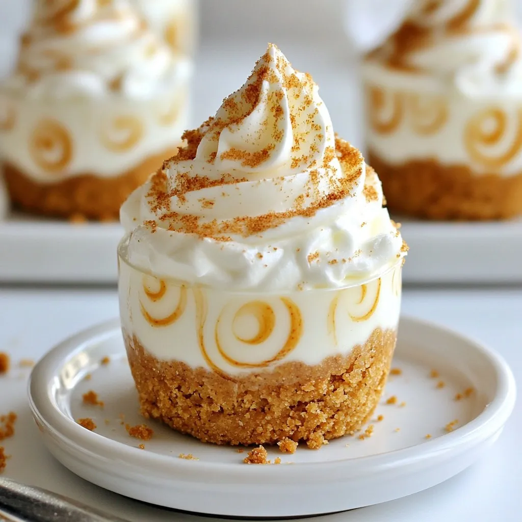 - 1 cup gingerbread cookie crumbs - 2 tablespoons melted butter - 1 cup cream cheese, softened - 1/2 cup powdered sugar - 1 teaspoon vanilla extract - 1 teaspoon ground ginger - 1 teaspoon ground cinnamon - 1/4 teaspoon ground cloves - 1 cup heavy whipping cream - Whipped cream for topping - Additional gingerbread cookie crumbs for garnish Gathering the right ingredients is key to a great no-bake gingerbread cheesecake cup. The main ingredients include gingerbread cookie crumbs, melted butter, cream cheese, and powdered sugar. These create a smooth and creamy base for your dessert. To add warmth and depth, we use spices and flavorings. Vanilla extract, ground ginger, ground cinnamon, and ground cloves enhance the taste. Each spice plays a unique role in making the dessert festive and delicious. For the topping, heavy whipping cream is essential. Whipping it adds lightness to your cheesecake mix. Finally, use whipped cream and more gingerbread cookie crumbs to finish the cups. These toppings will give your dessert a lovely look and extra flavor. Now, you're ready to make these delightful treats! {{ingredient_image_1}} To start, gather your gingerbread cookie crumbs and melted butter. In a mixing bowl, combine the gingerbread crumbs with the melted butter. Mix well until the crumbs are fully coated. Next, press this mixture evenly into the bottom of your serving cups. Make sure it is compact to form a sturdy crust. In another bowl, beat the softened cream cheese until it is smooth. This step is key for a creamy texture. Gradually add the powdered sugar, mixing until it blends well. Now, add the vanilla extract, ground ginger, ground cinnamon, and ground cloves. Continue mixing until all the spices are evenly combined. In a clean bowl, whip the heavy cream until stiff peaks form. This process gives your dessert a light and airy texture. Now, gently fold the whipped cream into the cream cheese mixture. Be careful not to deflate it! Once mixed, layer the cream cheese filling over the gingerbread crusts in the cups. Fill each cup about three-quarters full. Now it’s time to chill! Place the cheesecake cups in the refrigerator. Let them chill for at least 4 hours, or until they set. This step helps the flavors meld and the filling firm up. Before serving, add a generous dollop of whipped cream on top. For a final touch, sprinkle additional gingerbread cookie crumbs for extra flavor and texture. To get the best texture for your cheesecake cups, start by whipping the cream. Use a chilled bowl and beaters. This helps the cream whip faster. Whip until you see stiff peaks form. This step adds air and lightness to your dessert. Next, when you mix the cream cheese, ensure it is softened. Beat it until smooth and creamy. If it feels lumpy, it will affect your final dessert. Gradually add the powdered sugar. This helps blend it evenly without lumps. To boost flavor, consider adding a pinch of nutmeg or allspice. These spices blend well with ginger and cinnamon. You can also try a splash of maple syrup for extra sweetness. For pairing, think about serving these cups with coffee or chai. The warm spices in the drinks complement the cheesecake flavors. You can even serve them with a slice of fruit tart for a fun dessert trio. Serving the cheesecake cups can be fun and creative. Use clear cups or glasses to show off the layers. You can even use small mason jars for a rustic look. For festive touches, add sprigs of mint or cinnamon sticks on top. Crushed candy canes can also add a holiday flair. Just be sure to keep it simple to let the dessert shine! Pro Tips Chill Your Bowls: Before whipping the cream, chill your mixing bowl and beaters in the freezer for about 10 minutes. This will help the cream whip up faster and achieve better volume. Spice It Up: Feel free to adjust the spices according to your taste. Add more ginger for a spicier kick or a bit of nutmeg for additional warmth. Make Ahead: These cheesecake cups can be made a day in advance. Just keep them covered in the refrigerator until ready to serve. Garnish Ideas: Experiment with different toppings! Crushed peppermint, chocolate shavings, or a drizzle of caramel can add a unique twist to your cheesecake cups. {{image_2}} You can switch up the crust by using different cookies. Try chocolate cookies for a rich taste or vanilla cookies for a lighter flavor. Each option brings a new twist to the dessert. Different spice mixes can also change the flavor. Add nutmeg for warmth or cardamom for a unique touch. Each spice adds a new layer of taste to your cheesecake. To make this dessert gluten-free, use gluten-free gingerbread cookies. They work just as well as regular ones. For a dairy-free option, swap cream cheese for a dairy-free version made from nuts or tofu. Instead of heavy cream, use coconut cream for a rich and creamy texture. This will keep your cheesecake light while meeting dietary needs. You can easily adjust this recipe for more or fewer servings. If you need more, just double the ingredients. For smaller gatherings, reduce the amounts by half. Mini versions are fun for parties. Use small cups or shot glasses to serve individual portions. For a family-sized treat, layer the cheesecake in a larger dish instead of cups. To keep your no-bake gingerbread cheesecake cups fresh, store them in the fridge. Use an airtight container to prevent any odors from other foods. These cups stay good for about 3 to 5 days in the fridge. If you want to freeze them, wrap each cup tightly in plastic wrap. They can last up to 3 months in the freezer. Just remember, the texture may change a bit after freezing. If you make a larger batch, you can still enjoy them later. Just take them out of the freezer, and let them thaw in the fridge overnight. This keeps them creamy. Before serving, you can refresh the dessert by adding fresh whipped cream on top. A sprinkle of more gingerbread crumbs can make them look fresh and tasty again. It's important to check if your cheesecake cups are still good. Look for any changes in color or texture. If you see any mold or an off smell, it's best to throw them away. Store your cups in clear containers to see what's inside easily. Keeping them organized can help you avoid any surprises! Yes, you can make these cheesecake cups ahead of time. I recommend preparing them the day before you plan to serve them. Just store them in the fridge. They will stay fresh for about three days. Cover each cup with plastic wrap to keep them nice. This way, the flavors will meld together, making them even tastier! If you don't have gingerbread cookies, you have options! You can use other types of cookies for the crust. Try using graham crackers or vanilla wafers. Chocolate cookies can also work well for a fun twist. Just crush them up and mix with melted butter. The key is to choose a cookie with a similar texture. Serving these cheesecake cups is fun and easy. Top each cup with a generous dollop of whipped cream. This adds a nice touch. You can also sprinkle some extra gingerbread cookie crumbs on top. For a festive look, add a slice of candied ginger or a small piece of gingerbread. Place them on a pretty platter for a lovely display. These cheesecake cups combine tasty gingerbread with rich cream cheese for a great treat. You learned how to make the crust and filling step by step. Adding whipped cream and spices makes them even better. Experimenting with flavors or different cookies gives you more options. Always store them well to keep them fresh. Enjoy making these delightful desserts for any occasion!