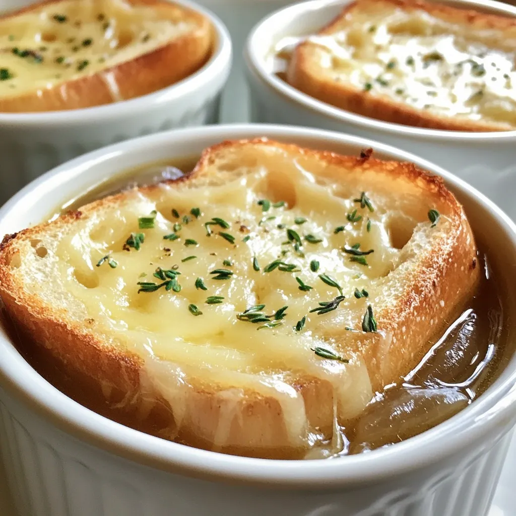 To make Easy French Onion Soup, gather these items: - 4 large onions, thinly sliced - 4 tablespoons unsalted butter - 2 tablespoons olive oil - 1 teaspoon sugar - 4 cups beef broth (or vegetable broth for a vegetarian option) - 1 teaspoon thyme (dried or fresh) - 1 bay leaf - Salt and pepper to taste - 1 baguette, sliced - 1 ½ cups shredded Gruyère cheese - Fresh parsley for garnish If you need a vegan option, swap beef broth for vegetable broth. You can also use dairy-free cheese instead of Gruyère. If you avoid gluten, try gluten-free bread. This soup is easy to adjust for many diets. Choose sweet onions for a rich flavor. Vidalia or Walla Walla onions work well. Look for onions that feel heavy for their size. They should be firm and dry; avoid soft spots or sprouting. Remember, the onions are the star of the soup! {{ingredient_image_1}} Start by slicing the onions. You need four large onions, thinly sliced. Thin slices help them cook evenly. Use a sharp knife for this task to make it easier. Place the sliced onions in a large pot or Dutch oven. Next, heat four tablespoons of unsalted butter and two tablespoons of olive oil in your pot over medium heat. The mix of butter and oil adds flavor and helps the onions caramelize. Once hot, add the sliced onions and one teaspoon of sugar. The sugar helps to brown the onions. Stir to coat the onions in the fats. Cook the onions for 30 to 35 minutes. Stir them occasionally. You want them to be deeply caramelized and golden brown. If they start to burn, lower the heat. When the onions are caramelized, season them with salt, pepper, and one teaspoon of thyme. Toss in a bay leaf, then pour in four cups of beef or vegetable broth. Bring the soup to a gentle simmer. Let it cook uncovered for 20 minutes. This step allows the flavors to blend nicely. Remember to remove the bay leaf before serving. It's time to enjoy your warm and comforting French onion soup! To get the best caramelized onions, use low heat. Start with medium heat and add butter and olive oil. Stir in the sugar. Sugar helps the onions brown nicely. Stir the onions often. This keeps them from sticking or burning. Cook them for 30 to 35 minutes. You want them to become deep brown and sweet. If they start to burn, lower the heat. Patience is key. Good caramelization makes your soup rich and tasty. To keep your bread crispy, toast it right before serving. Slice the baguette and place it on a baking sheet. Toast it in the oven at 400°F for 5 to 7 minutes. This gives it a nice crunch. When you add the toast to the soup, do it just before eating. If the bread sits too long in the soup, it will get soggy. Crispy bread makes each bite delightful. You can add more herbs to boost flavor. Fresh thyme adds a nice touch. You might also try rosemary or parsley. Just add a little while cooking. Taste your soup before serving. Adjust the herbs to your liking. A little extra seasoning can make your soup feel special. Feel free to experiment and find your favorite mix. Pro Tips Caramelization is Key: Take your time caramelizing the onions; this step is crucial for developing the deep, rich flavor of the soup. Stir occasionally and adjust the heat as needed to prevent burning. Broth Choice Matters: For a vegetarian version, use a high-quality vegetable broth. If you're using beef broth, consider homemade for an even richer taste. Toast for Texture: Don't skip the toasting step for the baguette. It adds a delightful crunch that contrasts beautifully with the creamy soup and melted cheese. Cheese Alternatives: If Gruyère isn't available, feel free to substitute with Swiss or a sharp cheddar for a different flavor profile, but Gruyère brings the classic taste. {{image_2}} You can make this soup vegetarian by swapping beef broth for vegetable broth. The soup still tastes rich and warm. To make it vegan, replace the butter with olive oil. This change keeps the flavor while meeting your dietary needs. Gruyère cheese is classic, but not everyone can eat it. You can use dairy-free cheese if you need a vegan option. Look for a brand that melts well. You can also try a mix of vegan cream cheese and nutritional yeast. This mix adds a creamy texture and cheesy flavor. Mushrooms bring an earthy taste to the soup. You can add about 1 cup of sliced mushrooms when you cook the onions. For a splash of flavor, consider adding a bit of dry white wine. Add it after the onions caramelize and cook it down for a few minutes. This step helps deepen the taste of the soup. To store your French onion soup, let it cool first. Then, pour the soup into an airtight container. Make sure to keep the bread and cheese separate. This will help keep everything fresh. Store the soup in the fridge for up to three days. If you see any signs of spoilage, throw it away. You can freeze French onion soup for later use. Transfer cooled soup to a freezer-safe container. Leave some space at the top. This allows for expansion when it freezes. Seal tightly and label it with the date. Your soup will last for up to three months in the freezer. Remember, the bread will not freeze well, so add it fresh later. To reheat the soup, pour it into a pot. Heat over medium flame, stirring often. If you want to use the microwave, transfer the soup to a microwave-safe bowl. Heat it in short bursts, stirring in between. For the best taste, add fresh bread and cheese before serving. Broil the topped bowls for a few minutes until the cheese is bubbly. Enjoy your warm, comforting soup! Yes, you can use chicken broth instead of beef broth. Chicken broth gives a lighter flavor. It works well if you want a milder taste. Just make sure to adjust salt, as chicken broth can be saltier than beef broth. To make French onion soup without wine, simply skip it. You can add more broth for depth. A splash of vinegar can also add acidity. Apple cider vinegar or white vinegar works well. The best way to store French onion soup is in an airtight container. Let it cool first. Keep it in the fridge for up to three days. If you want to store it longer, freeze it. Just make sure to leave out the cheese and bread when freezing. Yes, you can make this soup ahead of time. Cook it and let it cool. Store it in the fridge for up to three days. When ready to serve, reheat and add the cheese and bread before broiling. This way, you’ll have a quick, warm meal ready! In this article, we explored making French onion soup from start to finish. We covered essential ingredients, selecting the best onions, and dietary alternatives. I shared step-by-step instructions for preparation and caramelization, along with helpful tips for perfecting your dish. We also discussed storage methods and delicious variations, like vegetarian options. French onion soup is a simple yet hearty choice. Try it out, and customize it to fit your taste. Enjoy this warm, comforting dish!