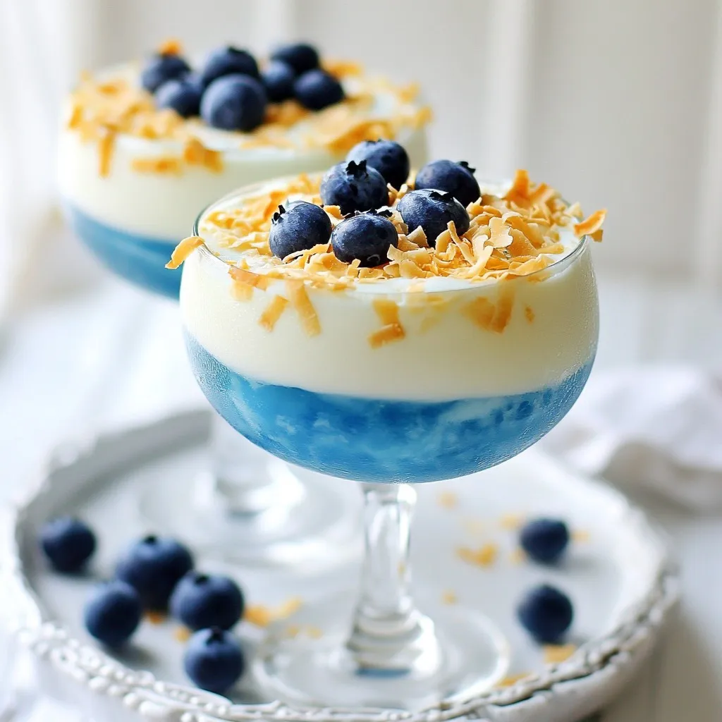 Here are the ingredients you will need for the Jack Frost Blue Coconut Cocktail: - 1 cup blue coconut milk - 1/2 cup pineapple juice - 1/4 cup coconut cream - 1 tablespoon agave syrup (or honey) - 1/2 teaspoon vanilla extract - 1/2 cup ice cubes - Fresh blueberries for garnish - Toasted coconut flakes for rim (optional) This mix brings together sweet and creamy flavors. The blue coconut milk gives a fun color. Pineapple juice adds a tropical twist. Coconut cream makes it rich and smooth. Agave syrup or honey sweetens the drink just right. Vanilla extract gives it a lovely aroma. Ice cubes cool it down, making it refreshing. Fresh blueberries on top give a nice pop of color and flavor. You can even dip the glass rim in toasted coconut flakes for extra fun! {{ingredient_image_1}} First, take your cocktail glasses. Wet the rim by dipping it in water. This helps the coconut flakes stick. Next, dip the rim into toasted coconut flakes. Turn the glass to coat it evenly. This step makes the drink look great and adds flavor. Now, let’s make the cocktail. In a blender, add blue coconut milk, pineapple juice, and coconut cream. Then, include agave syrup and vanilla extract. Don’t forget the ice cubes! Blend everything on high speed until it’s smooth and creamy. This will create a tasty mix. After blending, taste it. If it needs more sweetness, add a bit more agave syrup. It’s time to serve! Carefully pour the blended cocktail into the prepared glasses. Make sure to fill them evenly. For a fun touch, garnish each drink with fresh blueberries. This adds a nice pop of color. Now, enjoy your refreshing tropical drink! Blending well is key for a smooth drink. Start with cold ingredients for the best taste. This keeps your cocktail refreshing. Use ice cubes to chill your mix quickly. If your ingredients are warm, the drink won’t be as nice. Always blend until smooth for the right texture. You can use agave syrup or honey to sweeten your drink. Both add great flavor, but agave is lighter. Start with one tablespoon and taste as you go. If you like it sweeter, add more. Balance is important, so don’t overdo it. A great cocktail has a mix of sweet and creamy. Garnishes make your drink look fun and tasty. Fresh blueberries add color and flavor on top. You can also try other fruits like sliced kiwi or strawberries. For a fancy touch, coat the glass rim with toasted coconut flakes. This adds a nice crunch. Always aim for a colorful and inviting drink. Pro Tips Use Chilled Ingredients: Ensure that your blue coconut milk and pineapple juice are chilled before blending for a super refreshing cocktail. Experiment with Sweetness: Adjust the sweetness of your cocktail by varying the amount of agave syrup or honey to suit your taste preferences. Add a Splash of Lime: For an extra zing, consider adding a splash of fresh lime juice to balance the sweetness and enhance the tropical flavors. Garnish Creatively: Besides blueberries, try garnishing with a slice of fresh pineapple or a sprig of mint for added color and flavor. {{image_2}} You can easily add tropical fruits to your Jack Frost Blue Coconut Cocktail. Adding mango or passion fruit brings new flavors. Just blend in a half cup of either fruit for a tasty twist. You can also switch juices. Try orange juice or guava juice. Each juice gives a unique taste and feel. Want a little kick? You can make an alcoholic version of this drink. Use rum or vodka for a fun change. Start with one ounce of rum or vodka per serving. Blend it in with the other ingredients. This makes the drink more festive and adds warmth. If you want a dairy-free drink, there are great alternatives. Use almond milk or oat milk instead of coconut products. These options keep the drink creamy while changing the flavor. You may also need to add a bit more sweetness. This way, you still get the great taste of the cocktail without dairy. To keep your Jack Frost Blue Coconut Cocktail fresh, store any leftovers in the fridge. Use an airtight container to prevent any strange smells from getting in. This drink tastes best when enjoyed within 24 hours. After that, the texture may change, and it might not be as creamy. Do not toss out leftover ingredients! The blue coconut milk and coconut cream are great in smoothies or pancakes. You can also mix them into yogurt for a tasty breakfast. If you have extra pineapple juice, use it in fruit salads or marinades. These ingredients can create fun new recipes that keep the tropical vibe alive! The Jack Frost Blue Coconut Cocktail is a fun, tropical drink. It has a bright blue color from the blue coconut milk. This drink blends sweet pineapple juice and creamy coconut cream. The agave syrup adds a hint of sweetness. The vanilla extract gives it a nice touch. Fresh blueberries on top make it look pretty. This drink is perfect for parties or a sunny day. Yes, you can prepare this cocktail ahead of time. Just blend all the ingredients and store them in the fridge. I suggest serving it fresh for the best taste. If you make it early, keep the cocktail mix in an airtight container. When ready to serve, simply pour it into glasses and garnish with blueberries. If you want a fun touch, rim the glasses with toasted coconut flakes. You can easily make a non-alcoholic Jack Frost Blue Coconut Cocktail. Just follow the same recipe but skip any alcohol. The drink will still taste great with the blue coconut milk, pineapple juice, and coconut cream. This way, everyone can enjoy a refreshing drink. You can also add a splash of soda for some fizz. In this blog post, we explored how to make a Jack Frost Blue Coconut Cocktail. We listed the simple ingredients you need and shared step-by-step instructions for preparing and serving. You learned tips for perfecting the drink and some creative variations. Remember, whether you enjoy it with or without alcohol, this cocktail is sure to impress. Don’t forget to get creative with garnishes! Enjoy making this treat for yourself or your friends.