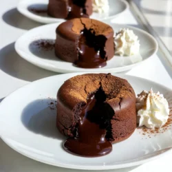 - 1 cup dark chocolate (70% cocoa), chopped - ½ cup unsalted butter - ¾ cup powdered sugar - ¼ cup cocoa powder - 3 large eggs - 1 teaspoon vanilla extract - ¼ teaspoon salt - Optional: whipped cream or vanilla ice cream for serving To create these amazing lava cakes, gather your ingredients first. The dark chocolate gives the cakes their rich flavor. Using 70% cocoa makes them deep and bold. The unsalted butter adds creaminess and helps the chocolate melt smoothly. We use powdered sugar for sweetness, which blends well without any graininess. Cocoa powder boosts the chocolate taste, making it even more intense. The three large eggs provide structure and help the cakes rise. Vanilla extract adds warmth and depth to the flavor profile. A pinch of salt balances the sweetness and enhances the chocolate. Lastly, whipped cream or vanilla ice cream is a delightful touch for serving, adding creaminess to the warm, gooey center. This simple list makes it easy to prepare a stunning dessert. Each ingredient plays a vital role, creating a perfect balance of taste and texture. {{ingredient_image_1}} - Preheat your oven to 425°F (220°C). - Grease four ramekins with butter and sprinkle with cocoa powder. This step helps the cakes come out easily. - In a microwave-safe bowl, combine 1 cup of chopped dark chocolate and ½ cup of unsalted butter. - Microwave the mixture in 30-second increments. Stir after each time until it is smooth. This makes the chocolate rich and creamy. - Add ¾ cup of powdered sugar to the melted chocolate and stir well. - Then, mix in ¼ cup of cocoa powder until it is fully combined. - Crack in 3 large eggs, one at a time. Mix well after each egg. - Stir in 1 teaspoon of vanilla extract and ¼ teaspoon of salt. Your batter should be smooth and thick. - Pour the batter evenly into the prepared ramekins, filling them about ¾ full. - Bake in the preheated oven for 12-14 minutes. The edges should be firm, but the center should stay soft. - Once done, remove the ramekins from the oven. Let them cool for 1 minute. - Use a knife to run around the edges to loosen them. Then, carefully invert each ramekin onto individual plates. Serve right away, letting that gooey center flow out. Enjoy! To get the perfect lava cake, timing is key. Bake your cakes for 12 to 14 minutes. The edges must be firm, but the center should remain soft and gooey. If you want it extra runny, try baking for just 11 minutes. Oven temperature also plays a big role. Preheat your oven to 425°F (220°C). This high heat helps create a nice crust while keeping the center warm and melty. Plating your lava cakes can make them look even more tempting. Invert the ramekin onto a plate, allowing the cake to gently fall out. Serve it right away to show off that gooey center. Add a dollop of whipped cream or a scoop of vanilla ice cream on the side. The creamy contrast pairs well with the rich chocolate. You can also sprinkle some cocoa powder or chocolate shavings on top for extra flair. These simple steps will elevate your flourless chocolate lava cakes to a whole new level! Pro Tips Use Good Quality Chocolate: The flavor of your lava cakes heavily relies on the chocolate you choose, so opt for high-quality dark chocolate with at least 70% cocoa content for the best taste. Don’t Overbake: Keep a close eye on your cakes while they bake. The key to a gooey center is to remove them from the oven when the edges are set but the center is still soft. Let Them Rest: Allowing the cakes to sit for a minute after baking makes it easier to invert them without breaking. This brief cooling period helps them firm up slightly. Serve Immediately: These cakes are best enjoyed right after baking. Serve them warm to ensure the molten center flows out beautifully when cut. {{image_2}} You can easily make flourless chocolate lava cakes fit different diets. For gluten-free options, simply ensure your cocoa powder and chocolate are gluten-free. Most dark chocolates are naturally free of gluten, but check the label to be sure. Using certified gluten-free ingredients keeps everyone happy. If you want to make a vegan version, swap the eggs with a mix of ground flaxseed and water. Combine one tablespoon of ground flaxseed with three tablespoons of water. Let it sit for about five minutes until it thickens. This mix works well to bind the cake together. For butter, use a plant-based alternative like coconut oil or vegan butter. These changes still yield a rich, gooey treat. To elevate the taste of your lava cakes, think about adding a dash of espresso or zest from an orange. A teaspoon of espresso powder can deepen the chocolate flavor. It brings out the richness without tasting like coffee. If you prefer a fruity twist, a bit of orange zest adds a fresh, bright flavor that pairs wonderfully with chocolate. You can also explore different types of chocolate. While dark chocolate is classic, try milk chocolate for a sweeter cake or bittersweet chocolate for a deeper flavor. Mixing chocolates can create a unique taste experience. The key is to choose high-quality chocolate to ensure the best flavor. To keep your leftover lava cakes fresh, place them in an airtight container. Store the container in the fridge for up to three days. This helps maintain the rich flavor and soft texture of the cakes. When you’re ready to enjoy them again, here’s how to reheat them. For reheating, preheat your oven to 350°F (175°C). Place the ramekins on a baking sheet. Heat them for about 8 to 10 minutes. This method warms the cakes evenly. It helps keep that delicious gooey center intact. You can also microwave the cakes for about 30 seconds. This is a quicker option but may not warm them as evenly. If you want to save some lava cakes for later, freezing is a great option. First, let the cakes cool completely. Then, wrap each ramekin tightly with plastic wrap. Place them in a freezer-safe bag or container. They can stay in the freezer for up to two months. When you’re ready to eat them, take the ramekins out of the freezer. Remove the wrap and let them thaw in the fridge overnight. To reheat, follow the same steps as above: preheat your oven and warm them for about 8 to 10 minutes. Enjoy the warm, rich chocolate goodness! You can tell when they are done by checking the edges. The edges will seem firm, and the center will still be soft. If you insert a toothpick, it should come out with some batter. This means your cake will have that gooey center. The baking time is usually 12 to 14 minutes. You can also look for a slight puffing in the center. If it looks too set, it may bake too long. Yes, you can make the batter ahead. Mix all the ingredients as the recipe states. Then, cover it tightly and store it in the fridge for up to 24 hours. When you are ready, pour the batter into the ramekins and bake. Just remember to bring the batter back to room temperature before baking. This helps it cook evenly. If you need to replace eggs, you have a few options. You can use applesauce or mashed bananas. About ¼ cup of either can replace one egg. Another choice is flaxseed meal. Mix one tablespoon of flaxseed meal with three tablespoons of water. Let it sit for a few minutes until it thickens. This mixture works well in the lava cake. Just remember, these substitutes may slightly change the texture. This blog post covered how to make rich and creamy chocolate lava cakes. We detailed the key ingredients and provided easy step-by-step instructions. You learned tips for perfecting the texture and creative variations to try. Don’t forget how to store and reheat leftovers for the best taste. Enjoy your baking journey! With practice, you can impress everyone with this treat. Happy baking!