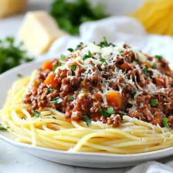 To make a great Bolognese sauce, you need some key ingredients. Here’s what you will use: - 1 tablespoon olive oil - 1 medium onion, finely chopped - 2 cloves garlic, minced - 1 medium carrot, finely diced - 1 celery stalk, finely diced - 500g ground beef - 250g ground pork - 1 can (400g) crushed tomatoes - 2 tablespoons tomato paste - 1 cup beef broth - 1 teaspoon dried oregano - 1 teaspoon dried basil - 1 bay leaf - Salt and pepper to taste You can choose beef, pork, or a mix of both for rich flavor. The vegetables add sweetness and depth. The herbs and spices bring everything together. Once your Bolognese sauce is ready, you can add some fun touches: - Fresh parsley, chopped (for garnishing) - Freshly grated Parmesan cheese (for serving) Pair your sauce with spaghetti or fettuccine for the best experience. Don’t forget some crusty bread for dipping. These little extras make your meal feel special! {{ingredient_image_1}} 1. Sautéing the aromatics: onion and garlic Start by heating 1 tablespoon of olive oil in a large pan over medium heat. Add 1 medium onion, finely chopped. Cook until the onion is soft and see-through, about 5 minutes. Next, stir in 2 cloves of minced garlic. Cook for 1 minute until it smells great. 2. Cooking the vegetables for flavor Now add 1 medium carrot and 1 celery stalk, both finely diced. Cook these for another 5 minutes. Stir them often until they soften. This step adds a rich flavor to your sauce. 1. Browning the meat: ground beef and pork Increase the heat to medium-high. Add 500g of ground beef and 250g of ground pork to the pan. Use a spatula to break up the meat. Cook until it turns brown, which should take around 7 to 10 minutes. This browning adds depth to the flavor. 2. Combining tomatoes and broth Once the meat is browned, drain any extra fat from the pan. Add in 1 can of crushed tomatoes (400g), 2 tablespoons of tomato paste, and 1 cup of beef broth. Stir everything together well. This mixture forms the base of your sauce. 1. Cooking time and consistency tips Season your sauce with 1 teaspoon of dried oregano, 1 teaspoon of dried basil, salt, and pepper. Toss in 1 bay leaf for extra flavor. Lower the heat and cover the pan. Let it simmer for at least 30 minutes, but you can go up to 2 hours for richer taste. Stir occasionally and add a splash of water if it gets too thick. 2. Adjusting the seasonings After simmering, taste your sauce. If it needs more flavor, adjust the seasonings. Finally, be sure to remove the bay leaf before serving. Enjoy! Browning the meat is key. This step adds rich flavor. Use medium-high heat to cook the beef and pork until brown. This can take about 7 to 10 minutes. Don’t rush! It helps create a deep, tasty sauce. Simmering time is also important. Aim for at least 30 minutes, but longer is better. If you can, simmer for up to 2 hours. This lets the flavors blend together well. Stir occasionally and watch the thickness. Add a splash of water if it gets too thick. One common mistake is overcooking or underseasoning the sauce. Taste as you go. Adjust the salt and pepper to your liking. This makes sure each bite is full of flavor. Another mistake is not skimming the fat. After browning the meat, drain excess fat. This helps keep your sauce from being too greasy. A clean sauce tastes better. For leftovers, place the sauce in airtight containers. It can last in the fridge for up to 3 days. If you want to keep it longer, freeze it. Just make sure to leave some space in the container. The sauce may expand when frozen. To reheat, use low heat on the stove. Stir often to prevent burning. If it seems dry, add a few drops of water. This keeps the flavor fresh and the sauce smooth. Enjoy your Bolognese again without losing that great taste! Pro Tips Use Fresh Herbs: Fresh herbs like basil and parsley add a vibrant flavor. Add them towards the end of cooking to retain their freshness. Don't Rush the Simmer: Allow the sauce to simmer longer for a richer flavor. The longer it simmers, the more the flavors meld together. Adjust Consistency: If your sauce is too thick, add a splash of water or broth. If it’s too thin, let it simmer uncovered to reduce. Pairing Pasta: Choose a pasta shape that can hold onto the sauce well, like tagliatelle or pappardelle, for the best dining experience. {{image_2}} You can change the meat in your Bolognese for different tastes. Ground turkey or chicken works well. These meats are lighter and have less fat. You can also use only beef or pork. Using one type of meat gives a strong flavor. Mixing beef and pork adds depth to the sauce. Feel free to play around with meat choices to match your taste. If you want a veggie version, try using mushrooms or lentils. Both give a hearty texture. You can also make a plant-based sauce using crushed tomatoes and herbs. For creaminess, use dairy alternatives like cashew cream or coconut milk. This way, you can enjoy Bolognese without meat. It’s a delicious option for everyone. Bolognese has many regional styles in Italy. Some areas add wine for flavor. A splash of red wine can enhance the sauce. Others use milk or cream for richness and smoothness. These twists can brighten the dish in unique ways. Explore these variations to find your favorite style. To keep your Bolognese sauce fresh, store it well. In the fridge, it lasts up to 3 days. Use an airtight container to prevent odors. Let it cool down before sealing. For longer storage, freeze the sauce. You can store it for about 3 months in the freezer. Use freezer-safe bags or containers. Make sure to label them with the date. When it’s time to enjoy your sauce again, reheating is key. The best way is to use a saucepan on low heat. Stir often to keep it from burning. If it’s too thick, add a splash of water or broth. This helps restore its creamy texture. You can also use a microwave for quick reheating. Just cover it to avoid splatters. Always taste before serving. You might want to add a pinch of salt or herbs. Enjoy your Bolognese sauce just like the first time! Bolognese sauce comes from Bologna, Italy. It is also called "ragù alla bolognese." This sauce has roots in the 18th century. It reflects the rich culinary history of the region. The sauce uses local meats, vegetables, and wine. Italians often enjoy it with tagliatelle, a flat pasta. The dish shows the love for fresh, local ingredients. Bolognese sauce is a staple in Italian cooking and culture. Yes, you can make Bolognese ahead of time. This sauce tastes better the next day. To prep, cook the sauce and let it cool. Store it in an airtight container. It lasts 3-4 days in the fridge. For longer storage, freeze the sauce. It keeps well for up to 3 months in the freezer. When ready to use, thaw it overnight in the fridge. Reheat it slowly on the stove over low heat. Bolognese sauce pairs best with pasta. Tagliatelle, pappardelle, or fettuccine work well. You can also use spaghetti if you prefer. Serve the sauce over the pasta, then top with freshly grated Parmesan cheese. A sprinkle of chopped parsley adds color and freshness. For an extra treat, serve it with crusty bread for dipping. This meal is hearty and satisfying. It’s perfect for family dinners or special occasions. Bolognese sauce is rich in flavor and history. You learned about key ingredients like ground meat, fresh vegetables, and herbs. I shared steps for cooking and simmering the sauce to perfection. You can avoid common mistakes to get great results. In the end, this versatile dish adapts to your tastes. Whether you're a meat lover or seeking vegetarian options, Bolognese sauce remains a classic to enjoy. Happy cooking!