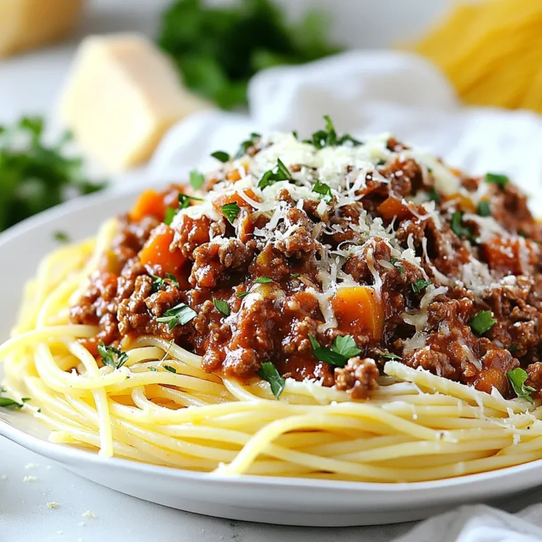 To make a great Bolognese sauce, you need some key ingredients. Here’s what you will use: - 1 tablespoon olive oil - 1 medium onion, finely chopped - 2 cloves garlic, minced - 1 medium carrot, finely diced - 1 celery stalk, finely diced - 500g ground beef - 250g ground pork - 1 can (400g) crushed tomatoes - 2 tablespoons tomato paste - 1 cup beef broth - 1 teaspoon dried oregano - 1 teaspoon dried basil - 1 bay leaf - Salt and pepper to taste You can choose beef, pork, or a mix of both for rich flavor. The vegetables add sweetness and depth. The herbs and spices bring everything together. Once your Bolognese sauce is ready, you can add some fun touches: - Fresh parsley, chopped (for garnishing) - Freshly grated Parmesan cheese (for serving) Pair your sauce with spaghetti or fettuccine for the best experience. Don’t forget some crusty bread for dipping. These little extras make your meal feel special! {{ingredient_image_1}} 1. Sautéing the aromatics: onion and garlic Start by heating 1 tablespoon of olive oil in a large pan over medium heat. Add 1 medium onion, finely chopped. Cook until the onion is soft and see-through, about 5 minutes. Next, stir in 2 cloves of minced garlic. Cook for 1 minute until it smells great. 2. Cooking the vegetables for flavor Now add 1 medium carrot and 1 celery stalk, both finely diced. Cook these for another 5 minutes. Stir them often until they soften. This step adds a rich flavor to your sauce. 1. Browning the meat: ground beef and pork Increase the heat to medium-high. Add 500g of ground beef and 250g of ground pork to the pan. Use a spatula to break up the meat. Cook until it turns brown, which should take around 7 to 10 minutes. This browning adds depth to the flavor. 2. Combining tomatoes and broth Once the meat is browned, drain any extra fat from the pan. Add in 1 can of crushed tomatoes (400g), 2 tablespoons of tomato paste, and 1 cup of beef broth. Stir everything together well. This mixture forms the base of your sauce. 1. Cooking time and consistency tips Season your sauce with 1 teaspoon of dried oregano, 1 teaspoon of dried basil, salt, and pepper. Toss in 1 bay leaf for extra flavor. Lower the heat and cover the pan. Let it simmer for at least 30 minutes, but you can go up to 2 hours for richer taste. Stir occasionally and add a splash of water if it gets too thick. 2. Adjusting the seasonings After simmering, taste your sauce. If it needs more flavor, adjust the seasonings. Finally, be sure to remove the bay leaf before serving. Enjoy! Browning the meat is key. This step adds rich flavor. Use medium-high heat to cook the beef and pork until brown. This can take about 7 to 10 minutes. Don’t rush! It helps create a deep, tasty sauce. Simmering time is also important. Aim for at least 30 minutes, but longer is better. If you can, simmer for up to 2 hours. This lets the flavors blend together well. Stir occasionally and watch the thickness. Add a splash of water if it gets too thick. One common mistake is overcooking or underseasoning the sauce. Taste as you go. Adjust the salt and pepper to your liking. This makes sure each bite is full of flavor. Another mistake is not skimming the fat. After browning the meat, drain excess fat. This helps keep your sauce from being too greasy. A clean sauce tastes better. For leftovers, place the sauce in airtight containers. It can last in the fridge for up to 3 days. If you want to keep it longer, freeze it. Just make sure to leave some space in the container. The sauce may expand when frozen. To reheat, use low heat on the stove. Stir often to prevent burning. If it seems dry, add a few drops of water. This keeps the flavor fresh and the sauce smooth. Enjoy your Bolognese again without losing that great taste! Pro Tips Use Fresh Herbs: Fresh herbs like basil and parsley add a vibrant flavor. Add them towards the end of cooking to retain their freshness. Don't Rush the Simmer: Allow the sauce to simmer longer for a richer flavor. The longer it simmers, the more the flavors meld together. Adjust Consistency: If your sauce is too thick, add a splash of water or broth. If it’s too thin, let it simmer uncovered to reduce. Pairing Pasta: Choose a pasta shape that can hold onto the sauce well, like tagliatelle or pappardelle, for the best dining experience. {{image_2}} You can change the meat in your Bolognese for different tastes. Ground turkey or chicken works well. These meats are lighter and have less fat. You can also use only beef or pork. Using one type of meat gives a strong flavor. Mixing beef and pork adds depth to the sauce. Feel free to play around with meat choices to match your taste. If you want a veggie version, try using mushrooms or lentils. Both give a hearty texture. You can also make a plant-based sauce using crushed tomatoes and herbs. For creaminess, use dairy alternatives like cashew cream or coconut milk. This way, you can enjoy Bolognese without meat. It’s a delicious option for everyone. Bolognese has many regional styles in Italy. Some areas add wine for flavor. A splash of red wine can enhance the sauce. Others use milk or cream for richness and smoothness. These twists can brighten the dish in unique ways. Explore these variations to find your favorite style. To keep your Bolognese sauce fresh, store it well. In the fridge, it lasts up to 3 days. Use an airtight container to prevent odors. Let it cool down before sealing. For longer storage, freeze the sauce. You can store it for about 3 months in the freezer. Use freezer-safe bags or containers. Make sure to label them with the date. When it’s time to enjoy your sauce again, reheating is key. The best way is to use a saucepan on low heat. Stir often to keep it from burning. If it’s too thick, add a splash of water or broth. This helps restore its creamy texture. You can also use a microwave for quick reheating. Just cover it to avoid splatters. Always taste before serving. You might want to add a pinch of salt or herbs. Enjoy your Bolognese sauce just like the first time! Bolognese sauce comes from Bologna, Italy. It is also called "ragù alla bolognese." This sauce has roots in the 18th century. It reflects the rich culinary history of the region. The sauce uses local meats, vegetables, and wine. Italians often enjoy it with tagliatelle, a flat pasta. The dish shows the love for fresh, local ingredients. Bolognese sauce is a staple in Italian cooking and culture. Yes, you can make Bolognese ahead of time. This sauce tastes better the next day. To prep, cook the sauce and let it cool. Store it in an airtight container. It lasts 3-4 days in the fridge. For longer storage, freeze the sauce. It keeps well for up to 3 months in the freezer. When ready to use, thaw it overnight in the fridge. Reheat it slowly on the stove over low heat. Bolognese sauce pairs best with pasta. Tagliatelle, pappardelle, or fettuccine work well. You can also use spaghetti if you prefer. Serve the sauce over the pasta, then top with freshly grated Parmesan cheese. A sprinkle of chopped parsley adds color and freshness. For an extra treat, serve it with crusty bread for dipping. This meal is hearty and satisfying. It’s perfect for family dinners or special occasions. Bolognese sauce is rich in flavor and history. You learned about key ingredients like ground meat, fresh vegetables, and herbs. I shared steps for cooking and simmering the sauce to perfection. You can avoid common mistakes to get great results. In the end, this versatile dish adapts to your tastes. Whether you're a meat lover or seeking vegetarian options, Bolognese sauce remains a classic to enjoy. Happy cooking!