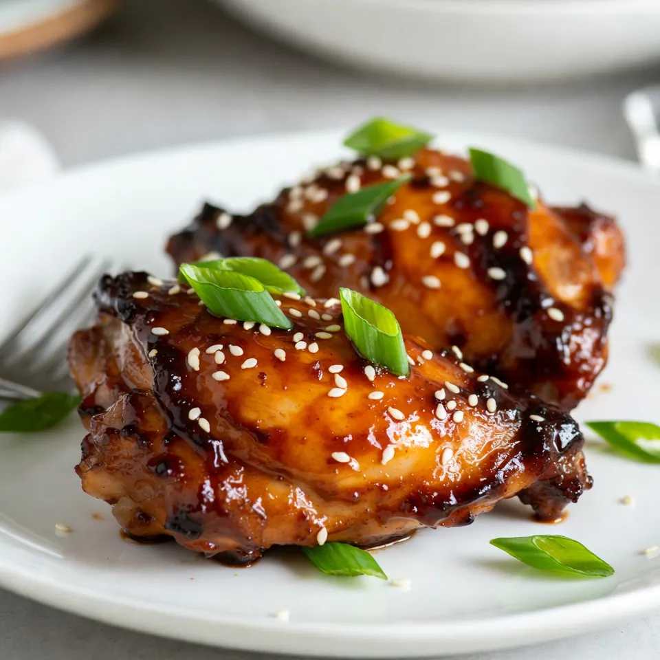 - Chicken thighs: 4 bone-in, skin-on for juicy flavor - Soy sauce: 1/2 cup, low-sodium if you prefer - Honey: 1/4 cup for sweetness - Rice vinegar: 2 tablespoons for tang - Sesame oil: 2 tablespoons for rich taste - Garlic: 3 cloves, minced for depth - Ginger: 1 teaspoon, grated for warmth - Cornstarch: 1 tablespoon mixed with 2 tablespoons water for thickening - Sesame seeds: 1 tablespoon for garnish - Green onions: 2, sliced for freshness - Salt and pepper: to taste These ingredients come together to create a dish that is both sweet and savory. Each item plays a key role in building flavor. The chicken thighs provide rich taste and moistness, while the marinade adds depth with tangy and sweet notes. Using fresh garlic and ginger gives a vibrant kick that enhances the overall dish. Don't forget the sesame seeds and green onions; they not only add crunch but also a pop of color. This meal is simple yet packed with flavor, perfect for any night of the week! {{ingredient_image_1}} To start, whisk together the soy sauce, honey, rice vinegar, sesame oil, garlic, and ginger in a medium bowl. This mix brings sweet and savory flavors to the chicken. Marinating is key. It helps the chicken soak up the flavors, making each bite taste amazing. Next, take your chicken thighs and place them in a resealable bag or a shallow dish. Pour the marinade over the chicken, making sure each piece is coated well. Seal the bag or cover the dish, then refrigerate it. For the best flavor, let the chicken marinate for at least one hour. If you can wait overnight, that’s even better! Now, preheat your oven to 400°F (200°C). After the oven is hot, take the chicken out of the marinade and place it skin-side up in a baking dish. Lightly season it with salt and pepper. Bake the chicken thighs for about 30 minutes. To check if they are done, make sure the internal temperature reaches 165°F (74°C). While the chicken bakes, pour the reserved marinade into a small saucepan. Heat it over medium heat until it starts to boil. Add the cornstarch mixed with water to thicken the sauce. Stir for about 2-3 minutes until it gets thick. Remove it from the heat. This sauce adds a rich flavor to your chicken. Once the chicken has baked for 30 minutes, take it out and brush the thickened teriyaki sauce over the thighs. Return the chicken to the oven and bake for an extra 10-15 minutes. When it is done, let the chicken rest for a few minutes. This helps keep it juicy. To serve, sprinkle sesame seeds and sliced green onions on top for a nice touch. Enjoy your meal! To get the best flavor, marinate the chicken thighs well. Here’s how: - Use a resealable bag: This helps the marinade coat the chicken evenly. - Marinate overnight: If you can, let the chicken marinate for at least one hour, but overnight gives the best taste. You can also add more ingredients for extra flavor. Try adding: - A splash of orange juice: It adds a nice citrus note. - Chopped cilantro or basil: These herbs bring freshness to the dish. For crispy skin, follow these tips: - Pat the chicken dry: Use a paper towel to remove excess moisture before cooking. - Bake at 400°F (200°C): This high temperature helps the skin crisp up nicely. Check the chicken’s doneness with a meat thermometer. It should reach 165°F (74°C) for safe eating. When serving, consider these ideas: - Pair with steamed rice: The rice soaks up the tasty sauce. - Add a fresh salad: A simple cucumber or cabbage salad adds crunch. For presentation, garnish the chicken with: - Sesame seeds: They add a nice look and slight crunch. - Sliced green onions: These add color and freshness to the dish. These tips and tricks will help you create a delicious and stunning meal. Enjoy! Pro Tips Tip for Marinating: For the best flavor, marinate the chicken thighs overnight. This allows the flavors to penetrate the meat more deeply. Tip for Baking: Place the chicken skin-side up to ensure crispy skin. This helps the fat render out and gives a nice golden color. Tip for Sauce Thickness: Make sure to stir the cornstarch slurry into the boiling marinade continuously to prevent lumps and ensure a smooth sauce. Tip for Serving: Let the chicken rest for a few minutes after baking. This helps the juices redistribute, keeping the meat moist and flavorful. {{image_2}} You can swap honey for other sweeteners like maple syrup or agave nectar. These options bring their own taste and sweetness. This is great if you want a unique twist on the dish. You can also try different types of vinegar. Instead of rice vinegar, use apple cider vinegar or white wine vinegar. Each gives a new flavor to the teriyaki sauce. Grilling teriyaki chicken adds a smoky flavor. To grill, start by marinating the chicken as usual. Preheat your grill to medium-high. Place the chicken thighs on the grill, skin-side down. Grill for about 6-8 minutes per side. Make sure to brush the chicken with the marinade while it cooks. This helps keep it moist and flavorful. Adjust your time if needed, as grilling cooks faster than baking. For a low-sodium option, choose low-sodium soy sauce. This keeps the dish tasty but reduces the salt. If you need gluten-free, use tamari or coconut aminos instead of soy sauce. Both are great substitutes that keep the flavor intact. These swaps make the dish suitable for more diets, allowing everyone to enjoy teriyaki chicken. To keep your cooked teriyaki chicken fresh, follow these easy steps. First, let the chicken cool down to room temperature. Then, place it in an airtight container. Make sure to keep the skin on for added moisture. You can store cooked chicken in the fridge for up to four days. If you want to keep it longer, consider freezing it. Frozen chicken can last up to three months. When reheating chicken, you have two popular choices: microwave or oven. The microwave is quick but may dry out the chicken. The oven takes longer but keeps the skin crispy. Cover the chicken with foil to retain moisture. Reheat at 350°F for about 15-20 minutes. You want the internal temperature to reach 165°F. Enjoy your chicken just as tasty as the first time! Yes, you can use boneless chicken thighs. They cook faster than bone-in thighs. Expect to reduce the baking time by about 10 minutes. This means they will cook in about 25 minutes instead of 30 minutes. The flavor will still be great, but bone-in thighs often have a richer taste due to the bone. To check if the chicken is done, use a meat thermometer. The internal temperature should reach 165°F (74°C). Insert the thermometer into the thickest part of the thigh. If it hits 165°F, it's safe to eat. If not, return it to the oven for a few more minutes. Yes, marinating chicken overnight is great! It allows the flavors to soak in deeply. The longer the chicken sits in the marinade, the more tender and tasty it becomes. Just make sure to keep it in the fridge to keep it safe. Baked teriyaki chicken thighs pair well with many sides. Here are some ideas: - Steamed rice or jasmine rice - Stir-fried vegetables - Asian-style slaw - Noodles tossed with sesame oil - A fresh garden salad These options will complement the sweet and savory flavors of the chicken nicely. Baked teriyaki chicken thighs are easy and tasty. You learned about the key ingredients, like chicken, soy sauce, and honey. Following steps to prepare, marinate, and bake will help you succeed. Tips and tricks can further enhance flavor and texture. Don't forget options for grilling and dietary needs. Store leftovers well and reheat properly. In the end, making this dish can impress anyone. Enjoy your flavorful teriyaki chicken!