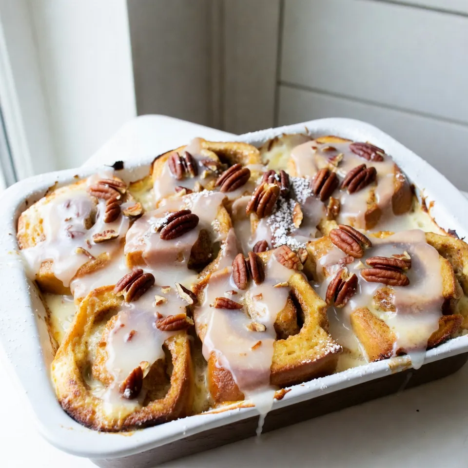 - 2 cans (8 oz each) refrigerated cinnamon rolls - 6 large eggs - 1 cup milk - 1/2 cup heavy cream - 1 teaspoon vanilla extract - 1 teaspoon ground cinnamon - 1/4 teaspoon nutmeg - 1/3 cup maple syrup - 1/2 cup chopped pecans (optional) - Powdered sugar for dusting To make Cinnamon Roll French Toast Bake, you need simple ingredients. You start with two cans of refrigerated cinnamon rolls. They bring the sweet, fluffy texture to the dish. Next, grab six large eggs for the egg mixture. Eggs give the bake its rich flavor and hold everything together. You also need one cup of milk and a half cup of heavy cream. Milk makes it creamy, while heavy cream adds a luxurious touch. A teaspoon of vanilla extract enhances the taste. Ground cinnamon is a must. It adds warmth and spice, so use one teaspoon. A pinch of nutmeg, about a quarter teaspoon, adds depth to the flavor. Maple syrup is essential as well. You’ll need a third of a cup to drizzle on top. If you like, add a half cup of chopped pecans for crunch. Finally, powdered sugar is for dusting when serving. Each ingredient matters and works together to create a delicious treat. {{ingredient_image_1}} 1. Preheat your oven to 350°F (175°C). Grease a 9x13-inch baking dish with butter or oil. 2. Open the cans of refrigerated cinnamon rolls. Cut each roll into quarters. Place the pieces evenly in the greased baking dish. Make sure they are not too crowded. 3. In a large bowl, whisk together 6 large eggs, 1 cup of milk, and 1/2 cup of heavy cream. Add 1 teaspoon of vanilla extract, 1 teaspoon of ground cinnamon, and 1/4 teaspoon of nutmeg. Mix until smooth and well combined. 1. Pour the egg mixture evenly over the cinnamon roll pieces. Make sure all pieces get coated well. 2. Drizzle 1/3 cup of maple syrup on top. Sprinkle 1/2 cup of chopped pecans if you like. 3. Use a fork to gently press the cinnamon roll pieces down into the egg mixture. Let them soak for about 10 minutes. 4. Bake in the preheated oven for 25-30 minutes. Look for a golden top. A knife inserted in the center should come out clean. 5. Remove from the oven and let it cool for about 5 minutes. Drizzle the icing from the cinnamon rolls over the baked dish. Dust with powdered sugar before serving. - Ensure even soaking of cinnamon rolls: When you cut the cinnamon rolls, place them evenly in the dish. Pour the egg mixture slowly to coat each piece. Let them soak for about 10 minutes. This helps each piece absorb the mixture. - Adjust baking time according to oven: Every oven is different. Start checking your bake at 25 minutes. Look for a golden top and a clean knife when inserted in the center. If it needs more time, keep checking every few minutes. - Best served warm with toppings: This dish shines when warm. Drizzle icing on top and dust with powdered sugar. Add extra pecans for crunch. - Pairing ideas: Enjoy with a hot cup of coffee or a glass of fresh juice. The flavors blend well and make for a perfect morning meal. Pro Tips Use Fresh Ingredients: For the best flavor, ensure your eggs and milk are fresh. This will enhance the overall taste of the dish. Soak for Flavor: Let the cinnamon roll pieces soak in the egg mixture for at least 10 minutes to ensure they absorb all the delicious flavors. Experiment with Toppings: Feel free to add your favorite toppings like chocolate chips, dried fruits, or even a drizzle of caramel sauce for extra sweetness. Serve Warm: This dish is best enjoyed warm, so serve it immediately after drizzling with icing and powdered sugar for a delightful experience. {{image_2}} You can make this dish even more fun with flavor twists. Here are two simple ideas: - Adding chocolate chips: Mix in a cup of chocolate chips before baking. The warm chocolate melts and adds a sweet touch. - Incorporating fruits like blueberries or apples: Toss in a cup of fresh blueberries or diced apples. They add a juicy burst and a hint of freshness. These flavors can make your cinnamon roll bake even more delightful. Feel free to mix and match! If you follow a special diet, you can still enjoy this bake. Here are some options: - Gluten-free alternatives: Use gluten-free cinnamon rolls instead of regular ones. They taste just as good and keep the dish safe for those with gluten issues. - Dairy-free substitutions: Swap milk and cream for almond or oat milk. Use coconut cream for a rich taste without the dairy. These choices help everyone enjoy this tasty treat! To store your Cinnamon Roll French Toast Bake, let it cool first. Cover it with plastic wrap or foil. You can keep it in the fridge for up to three days. If you want to freeze it, slice it into pieces. Wrap each piece tightly in plastic wrap. Place them in a freezer-safe bag. This way, you can enjoy it later. Frozen, it lasts for about two months. The best way to reheat this dish is in the oven. Preheat it to 350°F (175°C). Place the pieces on a baking sheet and cover them with foil. Heat for about 10-15 minutes. This keeps it warm and soft. You can also use the microwave for quick reheating. Place a slice on a plate and heat for 30-60 seconds. To avoid sogginess, do not cover it. Enjoy your tasty leftovers! Can I use homemade cinnamon rolls? Yes, you can use homemade cinnamon rolls. They will add a fresh taste. Just cut them into quarters like the store-bought ones. How long does this dish last in the fridge? This dish lasts about 3 to 4 days in the fridge. Make sure to cover it well to keep it fresh. Can I prepare it ahead of time? Yes, you can prepare it ahead. Just assemble the dish and cover it. You can bake it the next day. What can I substitute for heavy cream? You can use half-and-half or whole milk. If you want a lighter option, use almond milk or oat milk. This blog post outlined a delicious cinnamon roll French toast bake. You learned the ingredients, from cinnamon rolls to eggs and milk, and how to prepare them step-by-step. We discussed tips for perfect baking and fun flavor variations. Storing leftovers and reheating were also covered. Enjoying this bake warm with your favorite drink is a treat. Try new flavors or dietary variations to make it your own. Happy baking!