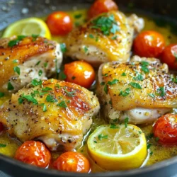 - 4 chicken thighs, bone-in and skin-on - 2 tablespoons olive oil - 4 cloves garlic, minced - 1 lemon, juice and zest These ingredients are the heart of the dish. The chicken thighs are juicy and flavorful. Olive oil adds richness. Garlic brings a strong taste, while lemon adds brightness. - 1 teaspoon dried oregano - 1 teaspoon smoked paprika - ½ teaspoon salt - ¼ teaspoon black pepper These spices enhance the chicken’s flavor. Oregano gives an herbal note. Smoked paprika adds depth and a bit of smokiness. Salt and pepper are essential for balance. - 1 cup chicken broth - 1 cup cherry tomatoes, halved - Fresh parsley, chopped for garnish Chicken broth adds moisture and flavor. Cherry tomatoes add sweetness and color. Fresh parsley provides a bright finish, making the dish look great. {{ingredient_image_1}} 1. Preheating the oven Start by preheating your oven to 400°F (200°C). This step is key for even cooking. 2. Seasoning the chicken Take your chicken thighs and season them well. Use salt, black pepper, smoked paprika, and dried oregano. Be sure to coat both sides for full flavor. 1. Searing the chicken thighs Heat 2 tablespoons of olive oil in a large oven-safe skillet over medium-high heat. Place the chicken thighs skin-side down in the hot oil. Cook for about 5-7 minutes until the skin turns golden brown. Flip the chicken and cook for another 3-4 minutes. This step adds a nice crust. 2. Sautéing garlic and adding liquids After searing, remove the chicken and set it aside. In the same skillet, add 4 cloves of minced garlic. Sauté for about 30 seconds until you smell that amazing garlic aroma. Pour in 1 cup of chicken broth along with the juice and zest of 1 lemon. Scrape up any bits stuck on the pan. This adds even more flavor. 1. Roasting in the oven Return the chicken to the skillet. Add 1 cup of halved cherry tomatoes around the chicken. Transfer the skillet to your preheated oven. Roast for about 25-30 minutes. The chicken should reach an internal temperature of 165°F (75°C). 2. Garnishing before serving Once done, take the skillet out of the oven. Let the chicken rest for a few minutes. Before serving, sprinkle freshly chopped parsley on top. This adds color and a fresh taste. Enjoy your meal! - Choosing the right chicken thighs: Always pick bone-in, skin-on chicken thighs. They keep the meat juicy and add great flavor. Look for thighs with a nice golden color. This shows they are fresh and well-handled. - Ensuring even cooking: To cook chicken evenly, let it sit at room temperature for 15 minutes before cooking. This helps it cook faster and more evenly. Also, make sure not to crowd the skillet. If needed, cook in batches. - Using fresh herbs: Fresh herbs like thyme or rosemary can brighten your dish. Add them in the last few minutes of cooking for a fresh taste. You can also mix them into the chicken seasoning for more depth. - Adding additional vegetables: Cherry tomatoes are great, but you can add bell peppers, zucchini, or even carrots. Cut them into even pieces so they cook well. This not only adds flavor but also makes your dish colorful and healthy. - Best sides to accompany the dish: Serve your chicken with a side of rice or mashed potatoes. These soak up the yummy lemon garlic sauce. You can also pair it with a simple green salad for a nice crunch. - Wine pairings: A crisp white wine, like Sauvignon Blanc, works well with this dish. Its bright notes match the lemon flavor. If you prefer red, a light Pinot Noir is a good choice. It won’t overpower the chicken’s taste. Pro Tips Resting the Chicken: Allow the chicken to rest for a few minutes after baking. This helps the juices redistribute, ensuring moist and flavorful meat. Enhancing Flavor: For an extra burst of flavor, marinate the chicken thighs in the lemon juice, garlic, and spices for a few hours before cooking. Using Fresh Herbs: Fresh herbs such as thyme or rosemary can elevate the dish. Add them to the pan before roasting for added aroma and depth. Serving Suggestions: Pair this dish with a side of rice, quinoa, or a simple salad to balance the flavors and create a complete meal. {{image_2}} You can switch up the chicken thighs. Try using boneless chicken thighs. They cook faster and are easier to eat. Just reduce the cooking time in the oven to about 20 minutes. This keeps them juicy and tender. If you want a different taste, swap lemon for lime. Lime adds a bright, zesty flavor. It pairs well with garlic and chicken. You can use the same amount of lime juice and zest as lemon. You can cook this dish only on the stovetop. Start by searing the chicken as usual. After browning, add garlic, broth, and tomatoes. Simmer on medium heat for about 25 minutes. This method saves time and keeps the kitchen cooler. For a slow cooker version, use the same ingredients. Sear the chicken first, then transfer it to the slow cooker. Pour in the broth, lemon juice, and tomatoes. Cook on low for 6-8 hours. This makes the chicken super tender and full of flavor. If you need gluten-free options, you’re in luck! This recipe is already gluten-free. Just ensure your chicken broth is also gluten-free. For low-sodium variations, use low-sodium chicken broth. You can also cut back on added salt. This way, you enjoy the same great taste with less sodium. To keep your One-Pan Lemon Garlic Chicken Thighs fresh, follow these steps: - Refrigeration Guidelines: Allow the chicken to cool down. Place it in an airtight container. Store in the fridge for up to four days. - Freezing the Dish: If you want to keep it longer, freeze the chicken. Use a freezer-safe container or bag. It can stay good for about three months. When it's time to eat again, here's how to reheat your dish: - Best Methods for Reheating: Use the oven for best results. Preheat it to 350°F (175°C). Place the chicken in a dish, cover it with foil to keep it moist. Heat for about 20 minutes. - Maintaining Flavor and Texture: You can also use the microwave. Heat in short bursts. Stir the chicken to warm it evenly. This helps keep the texture nice. Knowing how long your dish lasts is key: - How Long It Lasts in the Fridge: Store it in the fridge for up to four days. - Identifying Spoilage: Check for any off smells or changes in color. If it looks or smells bad, it's best to throw it away. Can I use skinless chicken thighs? Yes, you can use skinless chicken thighs. They will cook faster, so watch the time closely. You may lose some flavor since the skin adds richness. To make up for it, you can add more spices or herbs. How do I know when chicken is done? The best way to check is with a meat thermometer. Chicken should reach 165°F (75°C) to be safe. If you don’t have a thermometer, cut into the thickest part. The juices should run clear, not pink. What to do if the chicken is dry? If the chicken is dry, it likely cooked too long. Next time, reduce the cooking time. You can also cover the dish with foil for part of the cooking. This helps keep moisture in. How to fix a too-salty sauce? If your sauce is too salty, add a bit of sugar. This helps balance the saltiness. You can also add more chicken broth or water to dilute it. Taste as you go to avoid overdoing it. Can I use different herbs? Yes, you can use other herbs. Thyme, rosemary, or basil work well. Fresh herbs can add a nice flavor, too. Just use what you have on hand. What if I don’t have chicken broth? If you don’t have chicken broth, use water. You can add a bit of salt or seasoning to boost the flavor. Vegetable broth is another good option if you have it. In this blog post, we explored how to make delicious chicken thighs. You learned about key ingredients like chicken, olive oil, and spices. I detailed the steps for preparing and cooking this dish. We shared tips for enhancing flavor and offered variations to suit any diet. Cooking can be simple and fun. Remember, great meals come from fresh ingredients and good techniques. Enjoy making this dish your own and share it with others. Happy cooking!