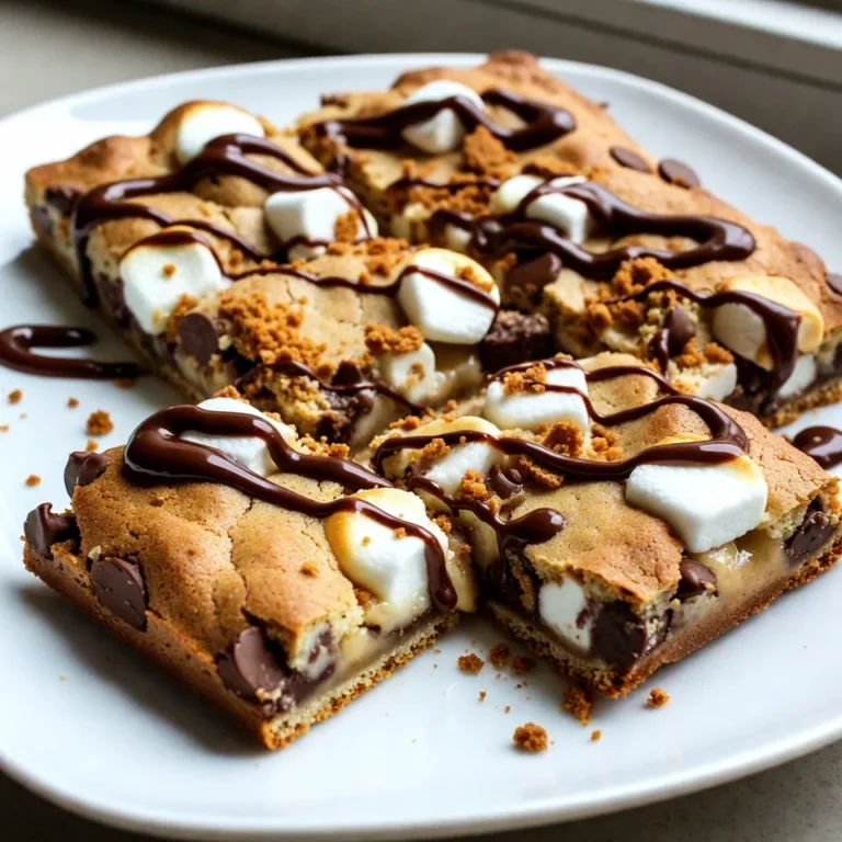 To make S'mores cookie bars, gather these ingredients: - 1 cup unsalted butter, softened - 1 cup brown sugar, packed - 1/2 cup granulated sugar - 2 large eggs - 2 teaspoons vanilla extract - 3 cups all-purpose flour - 1 teaspoon baking soda - 1/2 teaspoon salt - 1 cup chocolate chips - 1 cup mini marshmallows - 1 cup graham cracker crumbs - 1/2 cup crushed graham crackers (for topping) You can swap ingredients if needed. Use coconut oil instead of butter for a dairy-free option. Brown sugar can be replaced with white sugar but will change the flavor. For eggs, use flaxseed meal mixed with water. This works well in baking. Try using almond flour for a gluten-free version. You may need to adjust the amount slightly. To make these cookie bars, you need some basic tools: - A large mixing bowl - A whisk for mixing - A 9x13 inch baking pan - A spatula for spreading the dough - Measuring cups and spoons - An oven for baking These tools help ensure your cookie bars come out perfectly! {{ingredient_image_1}} First, preheat your oven to 350°F (175°C). This warms up the oven for even baking. Next, grease a 9x13 inch baking pan to prevent sticking. In a large mixing bowl, cream together 1 cup of softened butter, 1 cup of brown sugar, and 1/2 cup of granulated sugar. Mix until it feels light and fluffy. Then, add in 2 large eggs and 2 teaspoons of vanilla extract. Stir until everything is well mixed. In another bowl, whisk together 3 cups of all-purpose flour, 1 teaspoon of baking soda, and 1/2 teaspoon of salt. Gradually add this dry mix into the wet mix. Mix until just combined. Finally, fold in 1 cup of chocolate chips, 1 cup of mini marshmallows, and 1 cup of graham cracker crumbs. Make sure everything is evenly spread out. Now, take half of the cookie dough mixture and spread it evenly in the bottom of your greased pan. This will form a base. Bake this crust for about 10 minutes. Keep an eye on it; you want it to be slightly set but not brown. After 10 minutes, take it out of the oven. Now, sprinkle the remaining mini marshmallows and chocolate chips over the crust. Then, spread the rest of the cookie dough on top. Make sure to cover the marshmallows and chips. For an extra touch, sprinkle 1/2 cup of crushed graham crackers on top of the dough. Return the pan to the oven and bake for an additional 20 to 25 minutes. Look for golden brown edges and a set center to know when it's done. Once baked, take the pan out of the oven. Let the bars cool in the pan for about 15 minutes. This cooling time helps them set and makes cutting easier. After 15 minutes, use a sharp knife to cut the bars into squares or rectangles. Serve them warm for a gooey treat! Enjoy your delicious s'mores cookie bars! To make your s'mores cookie bars just right, follow these steps: - Use room temperature butter. Softened butter blends better with sugars. - Don’t overmix the dough. Mix until just combined to keep the bars soft. - Check your oven temperature. An oven thermometer helps ensure even baking. - Watch the edges. Look for golden brown edges to know they are ready. Serve your cookie bars warm for the best taste. Here are a few tips: - Drizzle chocolate syrup on top for added sweetness. - Add extra mini marshmallows for that classic s'mores look. - Pair with vanilla ice cream for a creamy contrast. - Cut into fun shapes for parties or gatherings. Everyone loves a fun presentation! For maximum flavor, consider these ideas: - Use high-quality chocolate chips. Better chocolate equals better taste. - Add a pinch of cinnamon to the dough for a warm spice. - Use fresh marshmallows. Their fluffiness enhances the overall texture. - Experiment with flavored extracts. Almond or hazelnut can add a unique twist. Pro Tips Chill the Dough: For a thicker cookie bar, refrigerate the dough for 30 minutes before baking. This helps prevent spreading and results in a chewier texture. Use Fresh Ingredients: Ensure your baking soda is fresh for the best rise and texture. Old baking soda can lead to dense cookie bars. Layer Wisely: To achieve that classic s'mores flavor, layer the chocolate and marshmallows generously between the dough layers for maximum gooeyness. Store Properly: Keep leftover bars in an airtight container at room temperature for up to a week, or freeze them for longer storage. {{image_2}} You can make these s'mores cookie bars gluten-free! Just swap regular flour for a gluten-free blend. Many brands work well. Look for one that measures cup for cup. This way, you keep the texture and flavor. Want to mix it up? Try adding peanut butter chips or butterscotch chips. You can also use nuts, like pecans or walnuts, for crunch. If you love coconut, add some shredded coconut too. Each option gives a fun twist to the classic s'mores taste. You can change the flavors to suit your taste. For a minty twist, use mint chocolate chips. If you like fruity flavors, try adding dried fruit like cherries or strawberries. Each variation creates a new treat that still feels like a s'more. To keep your s'mores cookie bars fresh, store them in an airtight container. Line the container with parchment paper to prevent sticking. You can also wrap the bars in plastic wrap before placing them in the container. This way, they stay soft and tasty. Freezing these cookie bars is easy. First, let them cool completely. Then, cut them into squares. Wrap each square tightly in plastic wrap. Place the wrapped bars in a freezer-safe bag or container. They can last up to three months in the freezer. When you want to enjoy them, thaw them in the fridge overnight. When stored properly, s'mores cookie bars can last up to one week at room temperature. If you keep them in the fridge, they can stay fresh for about two weeks. Just remember to check for any signs of spoilage before eating. Enjoy your delicious bars while they are fresh! Yes, you can use different types of chocolate. You can mix dark, milk, or even white chocolate. Each type adds its own taste. I love using dark chocolate for a rich flavor. Milk chocolate gives a sweeter taste that kids enjoy. You can also use chocolate chunks or bars. Just chop them into small pieces. To check if your bars are done, look for golden edges. The center should not be jiggly. You can insert a toothpick in the center. If it comes out clean or with a few crumbs, they are ready. Bake them for a total of 30-35 minutes. Keep an eye on them in the last few minutes. Yes, you can make these bars dairy-free. Use dairy-free butter or coconut oil instead of regular butter. Choose dairy-free chocolate chips too. Many brands offer great options. The taste will still be delicious. Just make sure to check the labels for any hidden dairy. You now have a complete guide to making S'mores Cookie Bars. We covered the ingredients, tools, and step-by-step instructions. You learned tips for the best texture and flavor. We also explored variations and storage methods for your bars. Remember, baking should be fun. Feel free to experiment with ingredients and mix-ins. Enjoy sharing your tasty treats with friends and family, or keep them all to yourself!