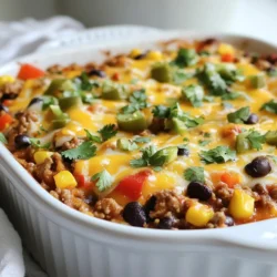 - 1 lb ground beef - 1 medium onion, diced - 2 cloves garlic, minced - 1 bell pepper, diced - 1 cup corn kernels (fresh or frozen) - 1 can (15 oz) black beans, drained and rinsed - 1 can (15 oz) diced tomatoes with green chilies - 1 tablespoon chili powder - 1 teaspoon cumin - Salt and pepper to taste - 2 cups cooked rice - 2 cups shredded cheddar cheese - Fresh cilantro for garnish - Ground beef: This is the main protein. It adds rich flavor and heartiness. - Onion: Diced onion gives a sweet, savory base to the dish. - Garlic: Minced garlic adds a strong, aromatic taste that enhances the overall flavor. - Bell pepper: Diced bell pepper brings color and crunch. It adds a slight sweetness. - Corn: Sweet corn adds a pop of color and a touch of sweetness to balance flavors. - Black beans: These provide protein and fiber. They also add a creamy texture. - Diced tomatoes with green chilies: These tomatoes add moisture and a spicy kick. - Chili powder: This spice gives warmth and depth to the dish. - Cumin: Cumin adds a warm, earthy flavor that complements the chili powder. - Salt and pepper: These enhance all the other flavors and bring balance. - Cooked rice: Rice acts as a filling base, soaking up flavors and adding texture. - Cheddar cheese: Shredded cheese melts beautifully, creating a gooey topping. - Fresh cilantro: This herb adds a fresh note and brightens the dish when served. - Ground beef: Use ground turkey or chicken for a lighter option. - Onion: Shallots or green onions can replace onion for a milder flavor. - Garlic: Garlic powder can be a quick substitute if you lack fresh garlic. - Bell pepper: Any color of bell pepper works, or use zucchini for a twist. - Corn: Canned corn or other vegetables like peas can work as substitutes. - Black beans: Pinto beans or kidney beans can replace black beans. - Diced tomatoes with green chilies: Use plain diced tomatoes and add jalapeños for heat. - Chili powder: Paprika or taco seasoning can be a good alternative. - Cumin: Coriander or a pinch of nutmeg can add warmth if you lack cumin. - Cooked rice: Quinoa or cauliflower rice can provide a gluten-free option. - Cheddar cheese: Any cheese that melts well, like mozzarella, can be used. - Fresh cilantro: Parsley or green onions can replace cilantro if you prefer. {{ingredient_image_1}} Start by preheating your oven to 350°F (175°C). This step is key for even cooking. Next, take a 9x13 inch baking dish and grease it well. You can use cooking spray or a little oil. This will help prevent the casserole from sticking. In a large skillet, heat over medium. Add 1 pound of ground beef. Cook until it turns brown. Drain any extra fat. Next, add the diced onion, minced garlic, and diced bell pepper to the skillet. Sauté these for about 5-7 minutes. You want the onions to be clear and the peppers soft. After that, stir in 1 cup of corn, 1 can of black beans, and 1 can of diced tomatoes. Add 1 tablespoon of chili powder, 1 teaspoon of cumin, salt, and pepper. Mix this well and let it simmer for 5 minutes. This helps blend all the flavors together. Now, it’s time to bring it all together. Add 2 cups of cooked rice to the skillet. Stir until everything is mixed nicely. Then, transfer this mixture into your greased baking dish. Spread it out evenly. Finally, sprinkle 2 cups of shredded cheddar cheese over the top. Place the dish in the oven and bake for 20-25 minutes. You’ll know it’s ready when the cheese is bubbly and golden brown. Once done, remove it from the oven. Let it cool for a few minutes. You can garnish with fresh cilantro before serving. Enjoy your hearty and flavorful Cattle Drive Casserole! To make Cattle Drive Casserole great, avoid overcooking the beef. Brown it just until it loses its pink color. If you skip this step, the beef can turn tough. Also, be careful not to add too much salt at first. You can always add more later, but you can't take it out. Make sure to drain the beans well to keep the casserole from being watery. Lastly, mix the rice in gently to avoid breaking it apart. For a perfect cheese topping, use fresh shredded cheddar. Pre-shredded cheese contains anti-caking agents that can prevent it from melting smoothly. Spread the cheese evenly across the top for even melting. If you want a bit of crunch, broil the casserole for a minute or two at the end. Keep an eye on it, so it doesn't burn. Letting the casserole sit for a few minutes after baking helps the cheese set. Cattle Drive Casserole is filling on its own, but you can pair it with sides. A simple green salad adds freshness and crunch. You can also serve it with tortilla chips for added texture. For a spicy kick, offer hot sauce or jalapeños on the side. Garnish each serving with fresh cilantro for a pop of color and flavor. Pro Tips Use Lean Ground Beef: Opt for lean ground beef to reduce the fat content in your casserole while still enjoying a rich flavor. Customize Your Veggies: Feel free to add other vegetables like zucchini or spinach for extra nutrition and flavor. Make Ahead: Prepare the casserole in advance and refrigerate it. Just bake it when you're ready to serve! Cheese Variations: Experiment with different types of cheese, such as pepper jack or mozzarella, for a unique twist on the flavor. {{image_2}} You can easily make a vegetarian version of Cattle Drive Casserole. Replace the ground beef with a mix of mushrooms, lentils, or plant-based meat. Use more beans, like kidney or pinto beans, for protein. Fresh veggies like zucchini or spinach add great flavor and nutrition. You can keep the rest of the ingredients the same, including the cheese. This dish stays hearty and satisfying without meat. Spices make Cattle Drive Casserole shine. If you want more heat, add cayenne pepper or red pepper flakes. For a smoky taste, try smoked paprika. A touch of oregano or thyme can give it a nice herbal flavor. Mix these spices in while cooking the beef and veggies. You can adjust spice levels based on your taste. Experiment to find what you love best. People with dietary needs can still enjoy Cattle Drive Casserole. For gluten-free folks, use rice or quinoa instead of any gluten-containing products. Dairy-free eaters can swap cheese for a dairy-free alternative. If someone is watching their sodium, choose low-sodium beans and tomatoes. You can customize this dish to fit many diets. These swaps keep it delicious and inclusive for all your guests. Once you finish your meal, let the casserole cool. Place it in an airtight container. Make sure to cover it well. Store it in the fridge for up to 3 days. If you want to keep it longer, freezing is a good choice. To reheat, take the casserole out of the fridge. Preheat the oven to 350°F (175°C). Cover the dish with foil to keep it moist. Heat it for about 20 minutes. Check if it’s hot in the middle. You can also microwave it. Just use a microwave-safe dish. Heat in 1-minute intervals until warm. If you want to freeze it, use a freezer-safe container. You can freeze it for up to 3 months. To freeze, cool the casserole completely. Cut it into portions for easy use. When ready to eat, thaw it in the fridge overnight. Reheat as you normally would. Enjoy that delicious flavor again! You can pair Cattle Drive Casserole with a simple salad. A green salad adds freshness. You might also serve it with crusty bread. It helps soak up the tasty sauce. For a fun twist, try tortilla chips. They add a nice crunch. Yes, you can prepare Cattle Drive Casserole ahead of time. Just cook the filling and let it cool. Then, store it in the fridge for one day. When ready, spread it in the baking dish and add cheese. Bake as usual. This makes meal prep easy! To add some heat, you can mix in jalapeños. Diced fresh or pickled work well. You can also use a spicy chili powder. Adjust the amount based on your taste. For a smoky flavor, add smoked paprika. This will give your casserole an exciting twist! This blog post covered everything you need for Cattle Drive Casserole. We explored the essential ingredients, with details on each one and useful swaps. I provided clear steps for cooking and tips to avoid mistakes. You learned how to add your own twist and store leftovers correctly. Remember, you can always make this dish your own. Enjoy cooking and sharing this great recipe with others.