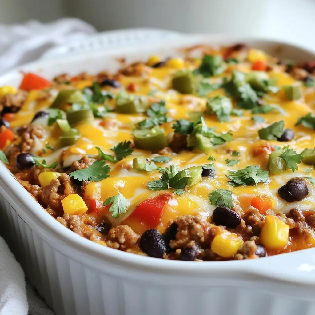 - 1 lb ground beef - 1 medium onion, diced - 2 cloves garlic, minced - 1 bell pepper, diced - 1 cup corn kernels (fresh or frozen) - 1 can (15 oz) black beans, drained and rinsed - 1 can (15 oz) diced tomatoes with green chilies - 1 tablespoon chili powder - 1 teaspoon cumin - Salt and pepper to taste - 2 cups cooked rice - 2 cups shredded cheddar cheese - Fresh cilantro for garnish - Ground beef: This is the main protein. It adds rich flavor and heartiness. - Onion: Diced onion gives a sweet, savory base to the dish. - Garlic: Minced garlic adds a strong, aromatic taste that enhances the overall flavor. - Bell pepper: Diced bell pepper brings color and crunch. It adds a slight sweetness. - Corn: Sweet corn adds a pop of color and a touch of sweetness to balance flavors. - Black beans: These provide protein and fiber. They also add a creamy texture. - Diced tomatoes with green chilies: These tomatoes add moisture and a spicy kick. - Chili powder: This spice gives warmth and depth to the dish. - Cumin: Cumin adds a warm, earthy flavor that complements the chili powder. - Salt and pepper: These enhance all the other flavors and bring balance. - Cooked rice: Rice acts as a filling base, soaking up flavors and adding texture. - Cheddar cheese: Shredded cheese melts beautifully, creating a gooey topping. - Fresh cilantro: This herb adds a fresh note and brightens the dish when served. - Ground beef: Use ground turkey or chicken for a lighter option. - Onion: Shallots or green onions can replace onion for a milder flavor. - Garlic: Garlic powder can be a quick substitute if you lack fresh garlic. - Bell pepper: Any color of bell pepper works, or use zucchini for a twist. - Corn: Canned corn or other vegetables like peas can work as substitutes. - Black beans: Pinto beans or kidney beans can replace black beans. - Diced tomatoes with green chilies: Use plain diced tomatoes and add jalapeños for heat. - Chili powder: Paprika or taco seasoning can be a good alternative. - Cumin: Coriander or a pinch of nutmeg can add warmth if you lack cumin. - Cooked rice: Quinoa or cauliflower rice can provide a gluten-free option. - Cheddar cheese: Any cheese that melts well, like mozzarella, can be used. - Fresh cilantro: Parsley or green onions can replace cilantro if you prefer. {{ingredient_image_1}} Start by preheating your oven to 350°F (175°C). This step is key for even cooking. Next, take a 9x13 inch baking dish and grease it well. You can use cooking spray or a little oil. This will help prevent the casserole from sticking. In a large skillet, heat over medium. Add 1 pound of ground beef. Cook until it turns brown. Drain any extra fat. Next, add the diced onion, minced garlic, and diced bell pepper to the skillet. Sauté these for about 5-7 minutes. You want the onions to be clear and the peppers soft. After that, stir in 1 cup of corn, 1 can of black beans, and 1 can of diced tomatoes. Add 1 tablespoon of chili powder, 1 teaspoon of cumin, salt, and pepper. Mix this well and let it simmer for 5 minutes. This helps blend all the flavors together. Now, it’s time to bring it all together. Add 2 cups of cooked rice to the skillet. Stir until everything is mixed nicely. Then, transfer this mixture into your greased baking dish. Spread it out evenly. Finally, sprinkle 2 cups of shredded cheddar cheese over the top. Place the dish in the oven and bake for 20-25 minutes. You’ll know it’s ready when the cheese is bubbly and golden brown. Once done, remove it from the oven. Let it cool for a few minutes. You can garnish with fresh cilantro before serving. Enjoy your hearty and flavorful Cattle Drive Casserole! To make Cattle Drive Casserole great, avoid overcooking the beef. Brown it just until it loses its pink color. If you skip this step, the beef can turn tough. Also, be careful not to add too much salt at first. You can always add more later, but you can't take it out. Make sure to drain the beans well to keep the casserole from being watery. Lastly, mix the rice in gently to avoid breaking it apart. For a perfect cheese topping, use fresh shredded cheddar. Pre-shredded cheese contains anti-caking agents that can prevent it from melting smoothly. Spread the cheese evenly across the top for even melting. If you want a bit of crunch, broil the casserole for a minute or two at the end. Keep an eye on it, so it doesn't burn. Letting the casserole sit for a few minutes after baking helps the cheese set. Cattle Drive Casserole is filling on its own, but you can pair it with sides. A simple green salad adds freshness and crunch. You can also serve it with tortilla chips for added texture. For a spicy kick, offer hot sauce or jalapeños on the side. Garnish each serving with fresh cilantro for a pop of color and flavor. Pro Tips Use Lean Ground Beef: Opt for lean ground beef to reduce the fat content in your casserole while still enjoying a rich flavor. Customize Your Veggies: Feel free to add other vegetables like zucchini or spinach for extra nutrition and flavor. Make Ahead: Prepare the casserole in advance and refrigerate it. Just bake it when you're ready to serve! Cheese Variations: Experiment with different types of cheese, such as pepper jack or mozzarella, for a unique twist on the flavor. {{image_2}} You can easily make a vegetarian version of Cattle Drive Casserole. Replace the ground beef with a mix of mushrooms, lentils, or plant-based meat. Use more beans, like kidney or pinto beans, for protein. Fresh veggies like zucchini or spinach add great flavor and nutrition. You can keep the rest of the ingredients the same, including the cheese. This dish stays hearty and satisfying without meat. Spices make Cattle Drive Casserole shine. If you want more heat, add cayenne pepper or red pepper flakes. For a smoky taste, try smoked paprika. A touch of oregano or thyme can give it a nice herbal flavor. Mix these spices in while cooking the beef and veggies. You can adjust spice levels based on your taste. Experiment to find what you love best. People with dietary needs can still enjoy Cattle Drive Casserole. For gluten-free folks, use rice or quinoa instead of any gluten-containing products. Dairy-free eaters can swap cheese for a dairy-free alternative. If someone is watching their sodium, choose low-sodium beans and tomatoes. You can customize this dish to fit many diets. These swaps keep it delicious and inclusive for all your guests. Once you finish your meal, let the casserole cool. Place it in an airtight container. Make sure to cover it well. Store it in the fridge for up to 3 days. If you want to keep it longer, freezing is a good choice. To reheat, take the casserole out of the fridge. Preheat the oven to 350°F (175°C). Cover the dish with foil to keep it moist. Heat it for about 20 minutes. Check if it’s hot in the middle. You can also microwave it. Just use a microwave-safe dish. Heat in 1-minute intervals until warm. If you want to freeze it, use a freezer-safe container. You can freeze it for up to 3 months. To freeze, cool the casserole completely. Cut it into portions for easy use. When ready to eat, thaw it in the fridge overnight. Reheat as you normally would. Enjoy that delicious flavor again! You can pair Cattle Drive Casserole with a simple salad. A green salad adds freshness. You might also serve it with crusty bread. It helps soak up the tasty sauce. For a fun twist, try tortilla chips. They add a nice crunch. Yes, you can prepare Cattle Drive Casserole ahead of time. Just cook the filling and let it cool. Then, store it in the fridge for one day. When ready, spread it in the baking dish and add cheese. Bake as usual. This makes meal prep easy! To add some heat, you can mix in jalapeños. Diced fresh or pickled work well. You can also use a spicy chili powder. Adjust the amount based on your taste. For a smoky flavor, add smoked paprika. This will give your casserole an exciting twist! This blog post covered everything you need for Cattle Drive Casserole. We explored the essential ingredients, with details on each one and useful swaps. I provided clear steps for cooking and tips to avoid mistakes. You learned how to add your own twist and store leftovers correctly. Remember, you can always make this dish your own. Enjoy cooking and sharing this great recipe with others.