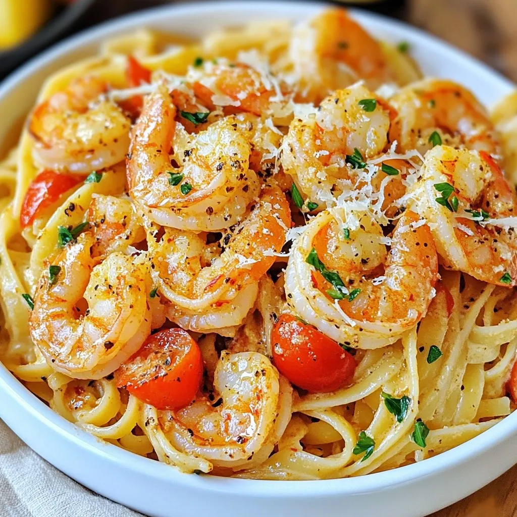 - 300g linguine or fettuccine pasta - 500g shrimp, peeled and deveined - 1 tablespoon Cajun seasoning - 2 tablespoons olive oil - 1 medium onion, finely chopped - 2 cloves garlic, minced - 1 red bell pepper, sliced - 1 cup heavy cream - 1 cup chicken broth - 1 cup cherry tomatoes, halved - Salt and pepper to taste - Fresh parsley, chopped (for garnish) - Grated Parmesan cheese (for serving) When making Creamy Cajun Shrimp Pasta, the right ingredients matter. Choose between linguine or fettuccine. Linguine is thinner, while fettuccine has a wider shape. Both work well with the sauce, but fettuccine can hold more cream. For the shrimp, I prefer using large, fresh shrimp. Ensure they are peeled and deveined. This makes cooking faster and more enjoyable. Toss the shrimp with Cajun seasoning. This adds a kick of flavor. If you cannot find Cajun seasoning, mix paprika, garlic powder, and cayenne pepper for a similar taste. The dish needs fresh vegetables. I use a medium onion, garlic cloves, and a red bell pepper. These add color and taste. The heavy cream gives the sauce its rich, creamy texture. Chicken broth adds depth and enhances the flavor. Cherry tomatoes add sweetness and freshness to the dish. For garnishing, I like to add chopped parsley and grated Parmesan cheese. They add a nice touch to the presentation. You can also sprinkle extra Cajun seasoning for an added punch. Enjoy your cooking! {{ingredient_image_1}} How to Cook Pasta Al Dente To cook pasta al dente, bring a large pot of salted water to a boil. Add the pasta and stir. Cook according to the package time, usually 8-10 minutes. Test the pasta a minute early. It should be firm but not hard. Drain and Reserve Pasta Water Tips Once cooked, drain the pasta in a colander. Remember to save about a cup of the pasta water. This water is starchy and can help your sauce stick to the pasta later. Tossing Shrimp with Cajun Seasoning Take your peeled and deveined shrimp and place them in a large bowl. Add one tablespoon of Cajun seasoning. Toss the shrimp until they are well coated. This step gives the shrimp a bold flavor. Cooking Time for Perfectly Sautéed Shrimp Heat two tablespoons of olive oil in a large skillet over medium heat. Add the seasoned shrimp once the oil is hot. Cook them for about 3-4 minutes until they turn pink and opaque. Make sure not to overcook them; they should be juicy! Sautéing Vegetables: Timing and Techniques In the same skillet, start by adding one medium onion, finely chopped. Cook it for 3-4 minutes until it turns translucent. Next, add two cloves of minced garlic and one sliced red bell pepper. Cook these for another 2-3 minutes until the peppers soften. Combining Ingredients for Optimal Flavor After the veggies soften, push them to one side of the skillet. Add the cooked shrimp back into the skillet. Pour in one cup of chicken broth and bring it to a simmer. Stir in one cup of heavy cream and one cup of halved cherry tomatoes. Let it simmer for about 5 minutes until the sauce thickens. Finally, mix in the cooked pasta and toss until well combined. Season with salt and pepper to taste. - How to Adjust Heat Levels with Cajun Seasoning Start with one tablespoon of Cajun seasoning. Mix it well with the shrimp. Taste it after cooking. If you want more heat, add more seasoning. Remember, you can always add, but you cannot take away. - Thickening the Sauce: Tips and Tricks To thicken the sauce, let it simmer longer. This reduces the liquid and makes it creamier. You can also add a bit more heavy cream. Just be careful not to overdo it. - Alternatives for Heavy Cream If you want a lighter option, use half-and-half or whole milk. For a dairy-free choice, try coconut milk. It gives a nice flavor without the cream. - Choosing Different Vegetables and Proteins You can swap shrimp for chicken or tofu. Add vegetables like spinach, zucchini, or mushrooms. Mix and match to find your favorite combo! - Serving Suggestions for Visual Appeal Serve the pasta in a large bowl. Garnish with chopped parsley and grated Parmesan. This makes your dish look fancy and inviting. - Pairing with Wine or Side Dishes A crisp white wine, like Sauvignon Blanc, pairs well. You can also serve a fresh salad or garlic bread on the side. This adds more color and flavor to your meal. Pro Tips Season Your Shrimp: Before cooking, let the shrimp marinate with Cajun seasoning for at least 15 minutes to enhance the flavor. Use Fresh Ingredients: Opt for fresh shrimp and ripe tomatoes for the best flavor and texture in your pasta dish. Adjust the Spice Level: If you prefer a milder dish, reduce the amount of Cajun seasoning, or add it gradually to taste. Perfect Pasta Texture: Cook the pasta just until al dente, as it will continue to cook slightly when mixed with the sauce. {{image_2}} You can easily swap the shrimp for tofu or mushrooms. Tofu adds a nice texture and absorbs flavors well. Use firm tofu for the best results. Cut it into cubes and toss it with Cajun seasoning. For mushrooms, choose hearty types like portobello or shiitake. Slice them and sauté until they are tender. Both options give a rich flavor, making a great vegetarian dish. If you like heat, add more spices to the shrimp. Try cayenne pepper or extra Cajun seasoning. A dash of hot sauce can also boost the flavor. Mix the spices with the shrimp before cooking. It will create a spicy kick that complements the creamy sauce. Be careful not to overdo it; you want to enjoy the heat without being overwhelmed. To make cooking even simpler, try a one-pot method. Cook the pasta right in the sauce. Start by adding the uncooked pasta, broth, and shrimp to the skillet. This way, the pasta absorbs all the flavors. Once the pasta is tender, stir in the cream and tomatoes. This method saves time and makes cleanup a breeze! Store leftover creamy Cajun shrimp pasta in an airtight container. Place it in the fridge. You can keep it fresh for up to three days. Make sure it cools down before sealing. This will help keep moisture in check. To reheat, use a skillet on low heat. Add a splash of chicken broth or cream. Stir often to keep the pasta from sticking. This helps maintain the creamy texture without drying out. You can also use the microwave. Heat in short bursts, stirring in between. If you want to freeze, keep the pasta and sauce separate. Use freezer-safe containers or bags. Label with the date to track freshness. For best quality, use within two months. To thaw, place it in the fridge overnight. Reheat as mentioned above for a delicious meal later. To make Creamy Cajun Shrimp Pasta gluten-free, choose gluten-free pasta. Many brands offer great options, like rice or corn pasta. Check the label to ensure it meets your needs. This small change keeps the dish tasty and safe for those avoiding gluten. The best shrimp for this dish are large, peeled, and deveined shrimp. Look for fresh or frozen shrimp labeled "jumbo" or "extra-large." These shrimp hold their shape well when cooked and absorb the Cajun flavors beautifully. Don't forget to thaw frozen shrimp before cooking! Yes, you can prepare the sauce ahead of time. Cook the sauce without adding the heavy cream. Store it in the fridge for up to two days. When you are ready, reheat the sauce and stir in the cream just before serving. This keeps the sauce fresh and creamy. Cook shrimp until they are pink and opaque. This usually takes about three to four minutes. If shrimp curl into a "C" shape, they are done. Be careful not to overcook them, as they can become tough and rubbery. While you can use dried herbs, they may not provide the same bold flavor as Cajun seasoning. If you prefer to use dried herbs, try a mix of paprika, cayenne, onion powder, and garlic powder. This blend can mimic the taste but may need some tweaking to get it just right. In this blog post, I covered how to make delicious Cajun shrimp pasta. You learned about selecting pasta, preparing shrimp, and crafting a rich sauce. I shared helpful tips for cooking, ingredient swaps, and making it visually appealing. You even discovered variations for any taste and storage tips for leftovers. Cooking can be fun, and I hope you feel ready to try this dish. Enjoy the flavorful journey in your kitchen!