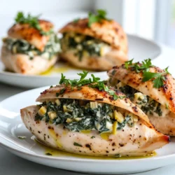 - 2 large chicken breasts - 1 cup fresh spinach, chopped - 1 cup canned artichoke hearts, drained and chopped - 1/2 cup cream cheese, softened - 1/4 cup Greek yogurt - 1/2 cup shredded mozzarella cheese - 1/4 teaspoon garlic powder - 1/4 teaspoon onion powder - Salt and pepper to taste - 2 tablespoons olive oil - Fresh parsley for garnish (optional) For this dish, I love using fresh ingredients. The chicken breasts are the star here. Choose large ones for more filling. Fresh spinach adds great flavor and color. Canned artichoke hearts bring a creamy texture. You can find them in any grocery store. Cream cheese and Greek yogurt make the filling rich and smooth. Shredded mozzarella cheese gives a nice melt. Spices like garlic powder and onion powder boost the taste. Don’t forget salt and pepper! They enhance all the flavors. Olive oil is perfect for cooking the chicken. You can use fresh parsley as a garnish. It adds a pop of green and freshness. This list is simple, but it packs a punch. You can easily find all these ingredients. Make sure to gather everything before you start. This way, you can focus on creating a tasty meal. {{ingredient_image_1}} 1. Preheating the oven Start by preheating your oven to 375°F (190°C). This step is vital. It ensures even cooking for your stuffed chicken. 2. Mixing the stuffing In a mixing bowl, combine these ingredients: - 1 cup fresh spinach, chopped - 1 cup canned artichoke hearts, drained and chopped - 1/2 cup cream cheese, softened - 1/4 cup Greek yogurt - 1/2 cup shredded mozzarella cheese - 1/4 teaspoon garlic powder - 1/4 teaspoon onion powder - Salt and pepper to taste Mix them all together until creamy. Make sure it is well combined. This mixture will give your chicken a rich flavor. 1. Cutting chicken breasts Take your two large chicken breasts. Use a sharp knife to cut a pocket into each one. Be careful not to cut all the way through. You want a nice space for the stuffing. 2. Stuffing the chicken Now, take your creamy spinach and artichoke mixture. Stuff each chicken breast generously with this filling. If you need to, use toothpicks to secure the opening. This helps keep the stuffing inside during cooking. 3. Searing in skillet Heat 2 tablespoons of olive oil in a large oven-safe skillet over medium-high heat. Once the oil is hot, add the stuffed chicken breasts. Sear them for about 2-3 minutes on each side. You want them golden brown. This step adds flavor and texture. 1. Transferring to the oven After searing, carefully transfer the skillet to your preheated oven. Baking will finish cooking the chicken and heat the filling. 2. Checking for doneness Bake for about 20-25 minutes. To check if the chicken is done, use a meat thermometer. The internal temperature should reach 165°F (74°C). If it does, your dish is ready to enjoy! To start, cutting the chicken is crucial. Take a sharp knife and cut a pocket in each breast. Make sure not to cut all the way through. This keeps the filling inside. When stuffing, heaping the spinach and artichoke mix is key. Use a spoon to fill each pocket generously. If the filling spills out, don't worry. You can use toothpicks to hold the chicken closed. This keeps the flavors inside while cooking. Searing the chicken first gives it a nice brown crust. Heat olive oil in a skillet over medium-high heat. Cook each side for 2-3 minutes until golden. After that, bake it to finish cooking. This method keeps the chicken juicy and flavorful. You can also explore other cooking options. An air fryer cooks the chicken quickly and makes it crispy. Grilling adds a smoky flavor. Both methods work well for this dish. Pair your stuffed chicken with simple sides. A fresh salad or roasted vegetables complement the meal. You can also serve it with rice or quinoa for extra filling. For sauces, a light garlic butter sauce works great. You can also dip it in ranch or a creamy dressing. These pairings add extra flavor and make the meal special. Pro Tips Use Fresh Ingredients: Fresh spinach and quality artichoke hearts will enhance the flavor of your dish significantly, making it more vibrant and delicious. Don't Overstuff: While it may be tempting to fill the chicken breasts to the brim, overstuffing can lead to a mess and uneven cooking. Aim for a generous, but manageable amount of filling. Let it Rest: Allowing the chicken to rest for a few minutes after baking helps retain its juices, resulting in a more tender and flavorful dish. Experiment with Cheese: Feel free to mix in different types of cheese, such as feta or cheddar, for a unique twist on the classic spinach artichoke flavor profile. {{image_2}} You can easily change some ingredients to suit your taste. For low-fat cheese, try using part-skim mozzarella or low-fat cream cheese. These options cut calories but still taste great. If you want to add more veggies, consider mushrooms or bell peppers. They bring extra flavor and nutrition. Adding spices or herbs can make your dish pop. Try a pinch of red pepper flakes for heat or fresh basil for a bright taste. Incorporating different cheeses can also change the flavor. Goat cheese adds tang, while cheddar gives a sharp bite. Mix and match until you find your favorite! Preparing ahead saves time. You can make the stuffing a day in advance and keep it in the fridge. Just stuff the chicken before cooking. If you want to freeze, wrap the stuffed chicken tightly in foil. When ready, thaw it overnight in the fridge. Bake it straight from the fridge for a quick meal. To keep your leftover spinach artichoke stuffed chicken fresh, use airtight containers. This prevents moisture loss and keeps flavors intact. Place the chicken in the fridge within two hours after cooking. Proper storage helps you enjoy your meal later without losing taste. Leftovers last up to three days in the fridge. After that, the quality may drop, and it may not taste as good. If you want to save leftovers for later, freezing is a great option. Wrap each stuffed chicken breast in plastic wrap. Then, place them in a freezer-safe bag or container. Be sure to remove as much air as possible. Proper packing keeps the chicken from getting freezer burn. When you’re ready to eat, thaw the chicken overnight in the fridge. Reheat it in the oven at 350°F (175°C) until it reaches 165°F (74°C). To keep your food safe, always wash your hands before cooking. Use separate cutting boards for meat and vegetables. This prevents cross-contamination. When cooking chicken, make sure it reaches a safe internal temperature of 165°F (74°C). Use a meat thermometer to check. This keeps harmful bacteria away and ensures your meal is safe to eat. Can I use frozen spinach? Yes, you can use frozen spinach. Just make sure to thaw and drain it well. Squeeze out any extra water to keep the filling from getting too soggy. How do I know when the chicken is done? Check the chicken's internal temperature. It should reach 165°F (74°C). Use a meat thermometer for the best results. Also, the juices should run clear when you cut into it. How can I make this recipe for a larger group? To serve more people, simply double or triple the ingredients. You can use more chicken breasts or make a big batch of stuffing. Just keep an eye on the cooking time. Larger or more stuffed chicken may need a bit longer to cook through. Is this recipe gluten-free or keto-friendly? Yes, this recipe is gluten-free. Just ensure that your artichoke hearts and other ingredients do not contain gluten. For keto, it is also friendly due to low carbs from the ingredients used. Enjoy without worry! This blog post walks you through making spinach artichoke stuffed chicken. We explored the ingredients, preparation steps, and cooking methods. You learned tips for perfect stuffing and how to store leftovers properly. I hope these insights inspire you to try this delicious dish. With variations and serving suggestions, you can customize it to fit your taste. Enjoy making this meal and impress your family or friends!