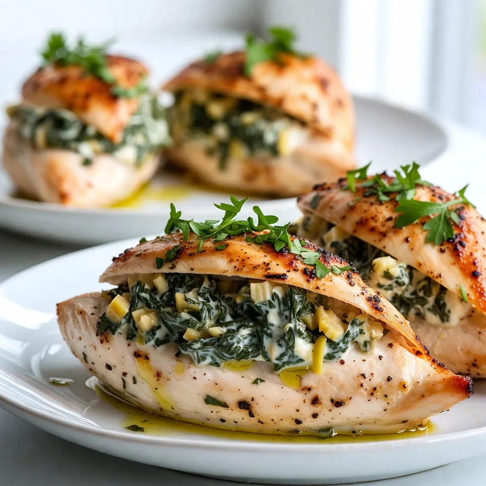 - 2 large chicken breasts - 1 cup fresh spinach, chopped - 1 cup canned artichoke hearts, drained and chopped - 1/2 cup cream cheese, softened - 1/4 cup Greek yogurt - 1/2 cup shredded mozzarella cheese - 1/4 teaspoon garlic powder - 1/4 teaspoon onion powder - Salt and pepper to taste - 2 tablespoons olive oil - Fresh parsley for garnish (optional) For this dish, I love using fresh ingredients. The chicken breasts are the star here. Choose large ones for more filling. Fresh spinach adds great flavor and color. Canned artichoke hearts bring a creamy texture. You can find them in any grocery store. Cream cheese and Greek yogurt make the filling rich and smooth. Shredded mozzarella cheese gives a nice melt. Spices like garlic powder and onion powder boost the taste. Don’t forget salt and pepper! They enhance all the flavors. Olive oil is perfect for cooking the chicken. You can use fresh parsley as a garnish. It adds a pop of green and freshness. This list is simple, but it packs a punch. You can easily find all these ingredients. Make sure to gather everything before you start. This way, you can focus on creating a tasty meal. {{ingredient_image_1}} 1. Preheating the oven Start by preheating your oven to 375°F (190°C). This step is vital. It ensures even cooking for your stuffed chicken. 2. Mixing the stuffing In a mixing bowl, combine these ingredients: - 1 cup fresh spinach, chopped - 1 cup canned artichoke hearts, drained and chopped - 1/2 cup cream cheese, softened - 1/4 cup Greek yogurt - 1/2 cup shredded mozzarella cheese - 1/4 teaspoon garlic powder - 1/4 teaspoon onion powder - Salt and pepper to taste Mix them all together until creamy. Make sure it is well combined. This mixture will give your chicken a rich flavor. 1. Cutting chicken breasts Take your two large chicken breasts. Use a sharp knife to cut a pocket into each one. Be careful not to cut all the way through. You want a nice space for the stuffing. 2. Stuffing the chicken Now, take your creamy spinach and artichoke mixture. Stuff each chicken breast generously with this filling. If you need to, use toothpicks to secure the opening. This helps keep the stuffing inside during cooking. 3. Searing in skillet Heat 2 tablespoons of olive oil in a large oven-safe skillet over medium-high heat. Once the oil is hot, add the stuffed chicken breasts. Sear them for about 2-3 minutes on each side. You want them golden brown. This step adds flavor and texture. 1. Transferring to the oven After searing, carefully transfer the skillet to your preheated oven. Baking will finish cooking the chicken and heat the filling. 2. Checking for doneness Bake for about 20-25 minutes. To check if the chicken is done, use a meat thermometer. The internal temperature should reach 165°F (74°C). If it does, your dish is ready to enjoy! To start, cutting the chicken is crucial. Take a sharp knife and cut a pocket in each breast. Make sure not to cut all the way through. This keeps the filling inside. When stuffing, heaping the spinach and artichoke mix is key. Use a spoon to fill each pocket generously. If the filling spills out, don't worry. You can use toothpicks to hold the chicken closed. This keeps the flavors inside while cooking. Searing the chicken first gives it a nice brown crust. Heat olive oil in a skillet over medium-high heat. Cook each side for 2-3 minutes until golden. After that, bake it to finish cooking. This method keeps the chicken juicy and flavorful. You can also explore other cooking options. An air fryer cooks the chicken quickly and makes it crispy. Grilling adds a smoky flavor. Both methods work well for this dish. Pair your stuffed chicken with simple sides. A fresh salad or roasted vegetables complement the meal. You can also serve it with rice or quinoa for extra filling. For sauces, a light garlic butter sauce works great. You can also dip it in ranch or a creamy dressing. These pairings add extra flavor and make the meal special. Pro Tips Use Fresh Ingredients: Fresh spinach and quality artichoke hearts will enhance the flavor of your dish significantly, making it more vibrant and delicious. Don't Overstuff: While it may be tempting to fill the chicken breasts to the brim, overstuffing can lead to a mess and uneven cooking. Aim for a generous, but manageable amount of filling. Let it Rest: Allowing the chicken to rest for a few minutes after baking helps retain its juices, resulting in a more tender and flavorful dish. Experiment with Cheese: Feel free to mix in different types of cheese, such as feta or cheddar, for a unique twist on the classic spinach artichoke flavor profile. {{image_2}} You can easily change some ingredients to suit your taste. For low-fat cheese, try using part-skim mozzarella or low-fat cream cheese. These options cut calories but still taste great. If you want to add more veggies, consider mushrooms or bell peppers. They bring extra flavor and nutrition. Adding spices or herbs can make your dish pop. Try a pinch of red pepper flakes for heat or fresh basil for a bright taste. Incorporating different cheeses can also change the flavor. Goat cheese adds tang, while cheddar gives a sharp bite. Mix and match until you find your favorite! Preparing ahead saves time. You can make the stuffing a day in advance and keep it in the fridge. Just stuff the chicken before cooking. If you want to freeze, wrap the stuffed chicken tightly in foil. When ready, thaw it overnight in the fridge. Bake it straight from the fridge for a quick meal. To keep your leftover spinach artichoke stuffed chicken fresh, use airtight containers. This prevents moisture loss and keeps flavors intact. Place the chicken in the fridge within two hours after cooking. Proper storage helps you enjoy your meal later without losing taste. Leftovers last up to three days in the fridge. After that, the quality may drop, and it may not taste as good. If you want to save leftovers for later, freezing is a great option. Wrap each stuffed chicken breast in plastic wrap. Then, place them in a freezer-safe bag or container. Be sure to remove as much air as possible. Proper packing keeps the chicken from getting freezer burn. When you’re ready to eat, thaw the chicken overnight in the fridge. Reheat it in the oven at 350°F (175°C) until it reaches 165°F (74°C). To keep your food safe, always wash your hands before cooking. Use separate cutting boards for meat and vegetables. This prevents cross-contamination. When cooking chicken, make sure it reaches a safe internal temperature of 165°F (74°C). Use a meat thermometer to check. This keeps harmful bacteria away and ensures your meal is safe to eat. Can I use frozen spinach? Yes, you can use frozen spinach. Just make sure to thaw and drain it well. Squeeze out any extra water to keep the filling from getting too soggy. How do I know when the chicken is done? Check the chicken's internal temperature. It should reach 165°F (74°C). Use a meat thermometer for the best results. Also, the juices should run clear when you cut into it. How can I make this recipe for a larger group? To serve more people, simply double or triple the ingredients. You can use more chicken breasts or make a big batch of stuffing. Just keep an eye on the cooking time. Larger or more stuffed chicken may need a bit longer to cook through. Is this recipe gluten-free or keto-friendly? Yes, this recipe is gluten-free. Just ensure that your artichoke hearts and other ingredients do not contain gluten. For keto, it is also friendly due to low carbs from the ingredients used. Enjoy without worry! This blog post walks you through making spinach artichoke stuffed chicken. We explored the ingredients, preparation steps, and cooking methods. You learned tips for perfect stuffing and how to store leftovers properly. I hope these insights inspire you to try this delicious dish. With variations and serving suggestions, you can customize it to fit your taste. Enjoy making this meal and impress your family or friends!
