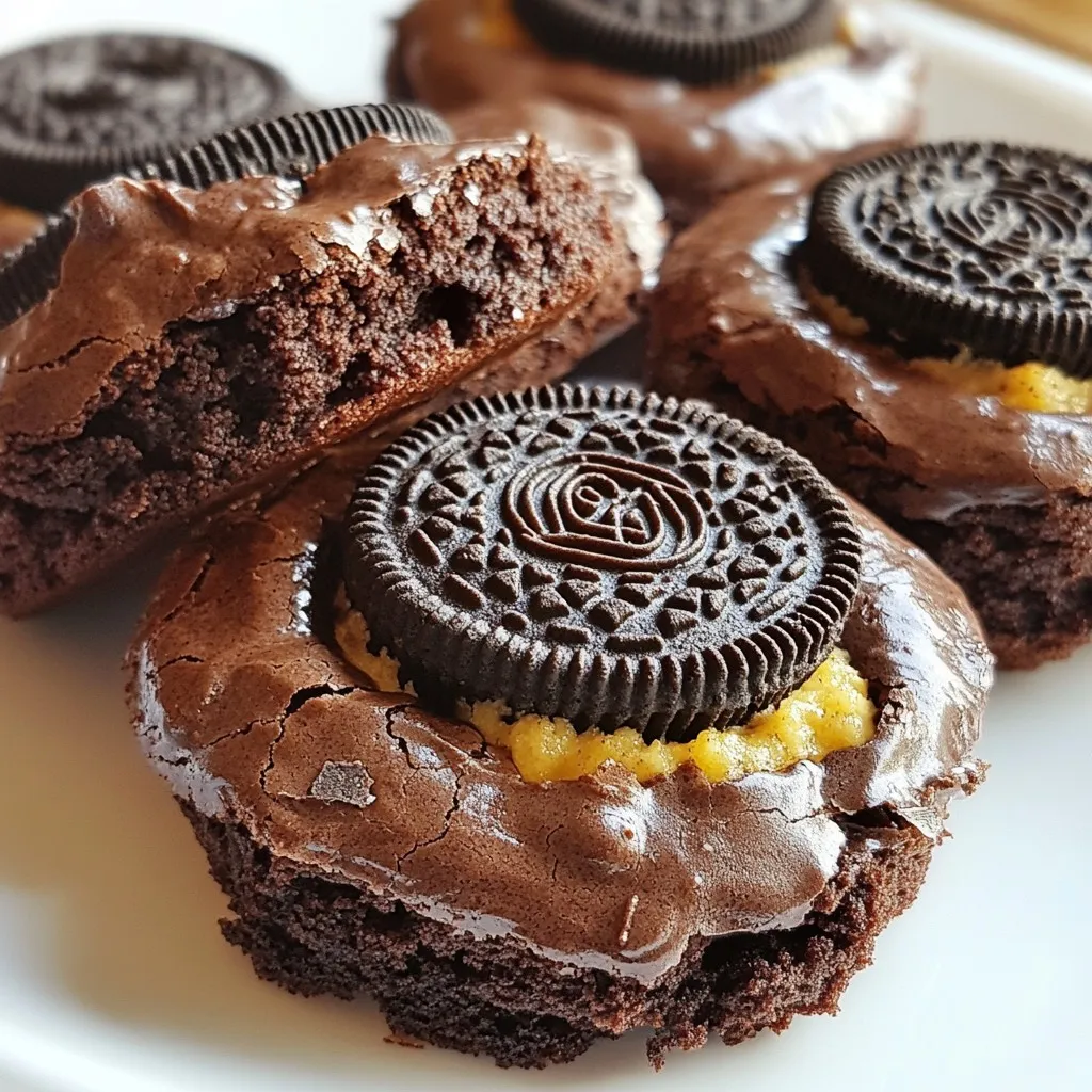 To make Oreo stuffed brownie cookies, you need: - 1 cup unsalted butter, melted - 1 cup granulated sugar - 1 cup brown sugar, packed - 2 large eggs - 2 teaspoons vanilla extract - 1 cup all-purpose flour - 1/2 cup unsweetened cocoa powder - 1/4 teaspoon salt - 1/4 teaspoon baking powder - 12 Oreo cookies (regular or double-stuffed) - 1/2 cup semi-sweet chocolate chips (optional) These ingredients create a rich, chewy cookie with a creamy Oreo surprise. You can add semi-sweet chocolate chips for more chocolate taste. This step is optional but can boost flavor. You can also sprinkle some crushed Oreo cookies on top before baking. This adds a nice crunch and a fun look! If you run out of any ingredient, don’t worry. You can make easy swaps. For unsalted butter, you can use salted butter. Just reduce the salt a bit. If you lack brown sugar, you can mix granulated sugar with a little molasses. For flour, you can use a gluten-free blend. Just keep the same amounts for the best results. {{ingredient_image_1}} To start, gather all your ingredients. You need: - 1 cup unsalted butter, melted - 1 cup granulated sugar - 1 cup brown sugar, packed - 2 large eggs - 2 teaspoons vanilla extract - 1 cup all-purpose flour - 1/2 cup unsweetened cocoa powder - 1/4 teaspoon salt - 1/4 teaspoon baking powder - 12 Oreo cookies - 1/2 cup semi-sweet chocolate chips (optional) First, preheat your oven to 350°F (175°C). Line a baking sheet with parchment paper. In a large bowl, mix the melted butter, granulated sugar, and brown sugar. Use a whisk to blend until smooth. Then, add the eggs and vanilla extract. Beat well until everything is mixed. In another bowl, combine the flour, cocoa powder, salt, and baking powder. Slowly add the dry mix to the wet mix. Fold them together gently. If you want more chocolate, fold in the chocolate chips. Now comes the fun part! Scoop about 1 tablespoon of brownie batter and flatten it in your hand. Place one Oreo cookie in the center. Wrap the batter around the cookie, shaping it into a ball. Repeat this with the rest of the batter and Oreos. Place the cookie balls on the prepared baking sheet. Make sure to leave some space in between each ball. They need room to spread while baking. Bake the cookies in your preheated oven for 10-12 minutes. You want the edges to be set, and the tops should look slightly cracked. Be careful not to overbake! Once done, let the cookies cool on the baking sheet for about 5 minutes. Then, move them to a wire rack to cool completely. Enjoy these warm with a glass of cold milk! To achieve the best texture, watch your mixing. Mix the wet and dry ingredients just until they blend. Overmixing can make your cookies tough. When you form the cookie balls, make sure they are not too tight. A gentle touch helps keep them soft and chewy. One big mistake is overbaking. Keep an eye on your cookies! They should look slightly cracked but still soft in the center. Another mistake is not letting them cool properly. If you move them too soon, they may fall apart. Always give them a few minutes on the baking sheet before moving them. Serve these cookies warm for the best taste. Pair them with cold milk for dipping. You can also sprinkle crushed Oreos on top for extra flair. If you want to impress guests, add a scoop of ice cream beside them. This makes for a delightful treat that everyone will love! Pro Tips Use Room Temperature Ingredients: Make sure your eggs are at room temperature to help create a smoother batter and achieve better mixing. Don’t Overmix: Gently fold the dry ingredients into the wet ingredients until just combined to keep your cookies soft and chewy. Chill the Dough: If time allows, chill the cookie dough for about 30 minutes before baking. This will help prevent spreading and enhance the flavors. Check for Doneness: Cookies should look slightly underbaked in the center when you take them out of the oven. They will continue to firm up as they cool. {{image_2}} You can stuff these cookies with more than just Oreos. Try using your favorite sandwich cookies. Some tasty options include: - Peanut butter cookies - Mint chocolate cookies - Birthday cake cookies Each choice adds a new twist. You can create your own flavor adventure! Want to mix things up? Consider adding fun flavors to the brownie batter. Here are some ideas: - Add a pinch of espresso powder for a coffee boost. - Mix in some peppermint extract for a minty kick. - Fold in crushed nuts for extra crunch. These small changes can make your cookies really exciting! If you need gluten-free or vegan options, you can still enjoy these cookies. Here’s how: - For gluten-free, use almond flour or a gluten-free flour blend. - For vegan cookies, swap the eggs for flax eggs (1 tablespoon of flaxseed meal + 2.5 tablespoons of water per egg). - Use dairy-free butter and chocolate chips to keep it vegan-friendly. These swaps help everyone enjoy the deliciousness! After you bake these Oreo stuffed brownie cookies, let them cool. Once cooled, place the cookies in an airtight container. This keeps them fresh and soft. You can store them at room temperature for up to 3 days. If you want to keep them longer, consider the freezer option. Freezing is a great way to save these tasty treats. To freeze, cool the cookies completely. Then, wrap each cookie in plastic wrap. After that, place them in a freezer bag. Remove as much air as possible to avoid freezer burn. These cookies can stay frozen for up to 3 months. When you want to eat one, just take it out and let it thaw. The shelf life of these cookies is about one week in a container. To reheat them, use the microwave. Heat for about 10-15 seconds. This brings back the soft texture. You can also warm them in the oven at 350°F for 5 minutes. This will make them nice and gooey again, just like fresh out of the oven! Yes, you can use other cookies! Try using chocolate chip cookies or peanut butter cookies. Each will give a new flavor. Just make sure they match the size of Oreos. This way, they will fit well inside the brownie batter. Experimenting is fun, so pick your favorite! To avoid overbaking, keep a close eye on your cookies. Start checking them at 10 minutes. They should look set around the edges but still soft in the center. The tops may crack slightly. Remove them from the oven when they look done. Remember, cookies will continue to bake on the sheet after you take them out. You can make these cookies without cocoa powder! Replace it with an equal amount of flour to keep the texture. Your cookies will be less chocolatey, but still tasty. You may also try using other flavors, like vanilla or caramel, to add a twist. Oreo stuffed brownie cookies are a fun and tasty treat. You learned about key ingredients and how to prepare the dough. I shared tips for achieving the right texture and avoiding common mistakes. You also explored different variations to suit your taste. Finally, I provided storage tips to keep your cookies fresh. Enjoy making these cookies and share them with friends!