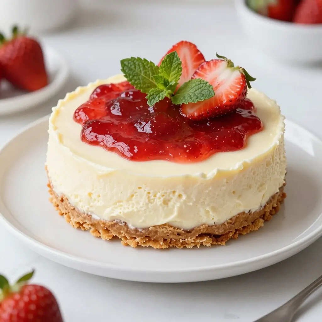 To make a no-bake strawberry cheesecake, gather these tasty ingredients: - 1 ½ cups digestive biscuit crumbs - 6 tablespoons unsalted butter, melted - 16 ounces cream cheese, softened - 1 cup powdered sugar - 2 teaspoons vanilla extract - 1 cup heavy cream - 2 cups fresh strawberries, hulled and sliced - ¼ cup strawberry jam - Fresh mint leaves for garnish (optional) These ingredients create a creamy and refreshing dessert. The digestive biscuit crumbs form a crunchy crust that pairs well with the rich filling. Cream cheese gives the cheesecake its smooth texture, while whipped cream adds lightness. The strawberries bring a burst of flavor and color. You can add mint leaves for a fresh touch! Each element plays a role in making this cheesecake a delightful treat. Gather your ingredients, and let’s create a dessert that everyone will love! {{ingredient_image_1}} To make the crust, take a mixing bowl. Add 1 ½ cups of digestive biscuit crumbs. Pour in 6 tablespoons of melted unsalted butter. Mix well until it looks like wet sand. Next, grab a 9-inch springform pan. Press the crumb mixture firmly into the bottom of the pan. Use the back of a measuring cup to pack it down tightly. Once done, place the crust in the refrigerator. Let it chill while you prepare the filling. Now, let’s make the cheesecake filling. In a large bowl, add 16 oz of softened cream cheese. Mix in 1 cup of powdered sugar and 2 teaspoons of vanilla extract. Beat the mixture until it is smooth and creamy. Make sure there are no lumps! In a separate bowl, whip 1 cup of heavy cream until soft peaks form. Gently fold the whipped cream into the cream cheese mixture. Do this carefully to keep the light texture. Next, fold in 2 cups of sliced fresh strawberries into the cheesecake mixture. Reserve a few slices for later. Pour the mixture over the prepared crust. Use a spatula to smooth the top. Cover the pan with plastic wrap. Chill the cheesecake in the fridge for at least 4 hours. For the best results, let it sit overnight. This helps it set perfectly. When ready, warm ¼ cup of strawberry jam until it melts. Drizzle the jam over the top. Finally, add the reserved strawberry slices on top for a beautiful finish. To make your cheesecake super creamy, use softened cream cheese. Cold cream cheese makes lumps. Beat it with powdered sugar and vanilla until smooth. This mix should be fluffy before adding the whipped cream. When you whip the cream, stop when soft peaks form. This keeps it light. Gently fold the whipped cream into the cream cheese mix. Be careful not to stir too hard. You want to keep that airiness for a perfect texture. Chilling is key for a great cheesecake. After you pour the filling into the crust, cover it well. Use plastic wrap to keep air out. Chill it in the fridge for at least four hours. For best results, let it sit overnight. This helps the flavors meld. It also makes slicing easier. The longer it chills, the firmer it gets. You can swap some ingredients if needed. For a gluten-free option, use gluten-free cookies instead of digestive biscuits. If you want a lighter cheesecake, try using Greek yogurt instead of cream cheese. You can also use honey or maple syrup instead of powdered sugar. Just remember that these swaps may change the taste or texture a bit. Pro Tips Use Room Temperature Cream Cheese: This ensures a smooth and creamy filling without lumps. Take it out of the fridge about 30 minutes before you start. Chill the Crust Properly: Make sure to refrigerate the crust until firm. This will help it hold its shape when you add the filling. Fresh Strawberries for Flavor: Opt for ripe, fresh strawberries for the best flavor and texture. Avoid using frozen strawberries as they can make the filling watery. Overnight Chill is Best: If time allows, let the cheesecake chill overnight. This will enhance the flavors and ensure a perfect set. {{image_2}} You can add chocolate for a tasty twist. Start by mixing in cocoa powder. Use about ¼ cup of unsweetened cocoa powder with the cream cheese. This will give a rich chocolate flavor. You can also melt chocolate and swirl it into the filling. This creates a beautiful marble effect. Top it with chocolate shavings for extra flair. To make a vegan version, swap out the cream cheese. Use a plant-based cream cheese instead. Substitute heavy cream with coconut cream. Make sure to chill the coconut cream overnight. This helps it whip nicely. You can sweeten with maple syrup or agave. This will keep the dessert creamy and delicious. Don’t limit yourself to strawberries! You can use other fruits like blueberries or raspberries. Just replace the strawberries with your favorite berry. For a tropical spin, use mango or pineapple. Adjust the jam to match the fruit you choose. This keeps the cheesecake fresh and exciting. Each fruit brings its own unique flavor. To keep your cheesecake fresh, store leftovers in an airtight container. Use plastic wrap if you don’t have a container. This keeps the cheesecake moist and tasty. Make sure to cover the top well to prevent drying. Your no-bake strawberry cheesecake lasts about 3 to 5 days in the fridge. This time frame allows you to enjoy its creamy delight without losing flavor. Check for any signs of spoilage before eating. If it smells off or looks strange, it's best to toss it. You can freeze leftover cheesecake for up to 2 months. Wrap each slice tightly in plastic wrap, then place it in a freezer bag. This method keeps the cheesecake fresh while in the freezer. When you're ready to enjoy it, thaw in the fridge overnight. This way, the texture stays creamy and delicious. Yes, you can use frozen strawberries in your cheesecake. Just make sure to thaw and drain them. Excess liquid can make your cheesecake too runny. Frozen berries may not be as firm as fresh ones, but they still taste great. They can add a nice, sweet flavor to your dish. The cheesecake needs at least 4 hours to chill. For the best results, I recommend leaving it overnight. This allows the flavors to meld and the texture to firm up nicely. A longer chill will help create a slice that holds its shape well. If you need a substitute for cream cheese, use Greek yogurt or mascarpone. Cream cheese gives a rich taste, but these options work well too. For a dairy-free choice, try blended silken tofu or a non-dairy cream cheese. Each option will change the flavor and texture a bit, but they can still be delicious. This blog covered how to make a delicious no-bake strawberry cheesecake. We discussed key ingredients like digestive biscuit crumbs, cream cheese, and strawberries. You learned step-by-step how to prepare the crust, make the filling, and layer in those fresh strawberries. I shared tips for the best creamy texture and alternatives you can use. In the end, enjoy this easy dessert as a tasty treat or a sweet gift. Let your creativity shine with variations and different fruits!