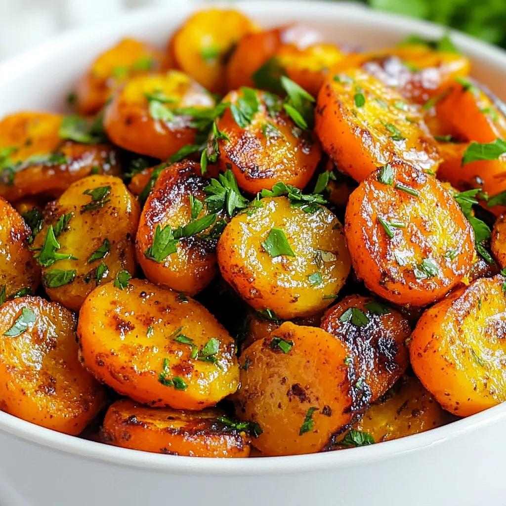 - 1 pound carrots, peeled and chopped into large pieces - 2 tablespoons olive oil - 1 tablespoon maple syrup - 1 teaspoon smoked paprika - 1 teaspoon ground cumin - Salt and black pepper to taste - Fresh parsley, chopped (for garnish) You can add other spices for extra flavor. Consider trying garlic powder or red pepper flakes. These can add a kick to your dish. You can also use honey instead of maple syrup for a different sweetness. Carrots are rich in vitamins. They provide vitamin A, which is great for your eyes. They also contain fiber, which helps digestion. Olive oil adds healthy fats, promoting heart health. Maple syrup offers a natural sweetener, unlike refined sugar. Smoked paprika gives flavor and can help boost your metabolism. Ground cumin adds antioxidants and can aid in digestion too. Together, these ingredients create a tasty dish that is good for your body. Enjoy the flavors while knowing you are eating something wholesome. {{ingredient_image_1}} Begin by peeling and chopping 1 pound of carrots into large pieces. Place these pieces in a pot filled with salted water. Bring the water to a boil. Cook the carrots for 15 to 20 minutes. They should become tender and easy to pierce with a fork. Once cooked, drain the carrots and put them into a large mixing bowl. In the mixing bowl, add 2 tablespoons of olive oil. Next, pour in 1 tablespoon of maple syrup. Then, sprinkle in 1 teaspoon of smoked paprika and 1 teaspoon of ground cumin. Finally, season with salt and black pepper to taste. This mix brings a warm, sweet, and smoky flavor. Using a fork or a potato masher, gently smash the carrots in the bowl. Aim for a rustic feel, so keep some texture. Make sure all the ingredients blend well. Taste your dish and adjust the seasoning if needed. Serve the smashed carrots warm, and don’t forget to garnish with fresh chopped parsley on top! To cook the carrots well, start with a pot of salted water. Bring it to a boil. Add the chopped carrots and cook for 15 to 20 minutes. Test them with a fork. They should be tender but not mushy. Overcooking can make them watery. Drain them right after cooking to keep their shape. You can make the smashed carrots even tastier. Try adding garlic powder or fresh garlic. A squeeze of lemon juice brightens the flavor. For a kick, add cayenne pepper or chili flakes. If you like sweet, increase the maple syrup a bit. Mixing in herbs like dill or thyme adds freshness. Serve these smashed carrots warm as a side dish. They pair well with grilled meats or fish. Try them with a sprinkle of feta cheese for a salty touch. You can also serve them on a bed of quinoa or rice for a hearty meal. Garnish with fresh parsley for a pop of color and flavor. Pro Tips Choose the Right Carrots: For the best flavor and sweetness, opt for fresh, young carrots. They should be firm and vibrant in color. Adjust Seasoning: After smashing the carrots, taste and adjust the seasoning. You can add more maple syrup for sweetness or smoked paprika for extra smokiness. Experiment with Spices: Feel free to mix up the spices by adding a pinch of cayenne pepper for heat or using different herbs like thyme for a fresh twist. Make Ahead: These smashed carrots can be prepared ahead of time. Simply reheat on the stovetop or in the microwave before serving. {{image_2}} You can easily change the herbs in smashed carrots. Try adding thyme or dill for a fresh twist. Fresh herbs add a lovely scent and taste. You can also mix in some rosemary for a bolder flavor. Adjust the amount based on your taste. To change the flavor, think about spices. Instead of smoked paprika, use garlic powder or chili flakes. These spices give the carrots a new kick. If you like sweet, add cinnamon or nutmeg. Mixing flavors makes your dish unique and fun. You can cook carrots in different ways. Try roasting them in the oven instead of boiling. Roasting brings out their natural sweetness. Just toss the carrots in olive oil and spices, then roast at 400°F for 25-30 minutes. You can also steam them for a softer texture. Each method gives a new taste and feel to your smashed carrots. You can store leftover smashed carrots in an airtight container. Let them cool to room temperature first. Place the container in the fridge. They will stay fresh for up to three days. If you want to keep them longer, freezing is a great option. To reheat the smashed carrots, take them out of the fridge. Place them in a pot over medium heat. Stir often until heated through. You can also use a microwave for quick reheating. Just cover the bowl to keep moisture in. Heat for about one to two minutes, stirring halfway. To freeze smashed carrots, portion them into small containers. Make sure to leave space for expansion. Seal the containers tightly. They can last up to three months in the freezer. When you're ready to use them, thaw in the fridge overnight. Reheat as described above for a quick, tasty side dish. Carrots are packed with vitamins and minerals. They are a great source of vitamin A, which helps your eyes. Carrots also have fiber, which aids digestion. They can help lower cholesterol and improve heart health. Plus, they are low in calories. This makes them a perfect choice for a healthy snack or side dish. Yes, you can make smashed carrots ahead of time. Just prepare them, and let them cool. Store the carrots in an airtight container in the fridge. They will stay fresh for up to three days. When you are ready to serve, reheat them gently on the stove or in the microwave. This makes meal prep easy and fun. To make smashed carrots vegan, simply replace the maple syrup with agave syrup. This keeps the sweetness while staying plant-based. You can also use any vegetable oil instead of olive oil. Both swaps keep the dish tasty and healthy. Enjoy your vegan smashed carrots with all the same flavor! You now have all the tools to make delicious smashed carrots. We went over the key ingredients, steps, and tips to perfect your dish. I shared variations to keep things fresh and how to store leftovers for later. These mashed carrots are tasty and good for your health. I hope you enjoy making them in your own kitchen. Try it out and share your results!