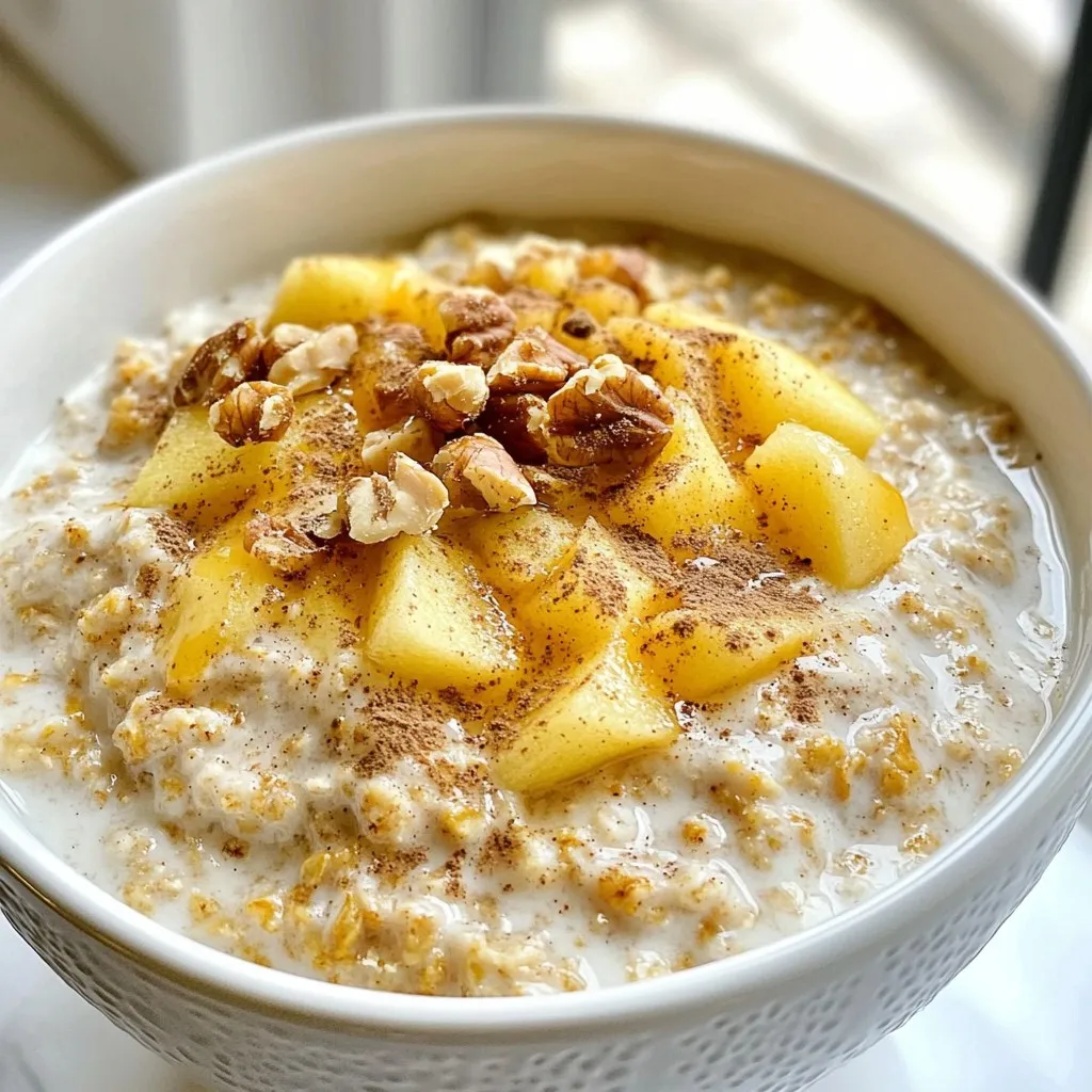 - 1 cup rolled oats - 2 cups almond milk (or your preferred milk) - 1 medium apple, grated (about 1 cup) - 1/4 cup Greek yogurt (optional for creaminess) - Chopped nuts (like walnuts or pecans) for topping - 1 tablespoon chia seeds - 1 teaspoon cinnamon - 2 tablespoons maple syrup (or honey) - A pinch of salt In this recipe, I use rolled oats as the base. They soak up the almond milk overnight. This makes them soft and creamy. Almond milk adds a nice nutty flavor. If you prefer, you can use any milk you like. I add a medium apple, grated to give a fresh taste. The apple adds natural sweetness and fiber. You can use any apple variety you enjoy, like Granny Smith or Fuji. For optional creaminess, I include Greek yogurt. This adds thickness and a protein boost. If you want crunch, sprinkle chopped nuts on top before serving. Walnuts and pecans are great choices. Next, I enhance the flavor with chia seeds. They add nutrition and a slight crunch. A teaspoon of cinnamon brings warmth and spice. I use maple syrup or honey for sweetness. A pinch of salt balances all the flavors. With these ingredients, you’ll have a tasty and nutritious breakfast ready to enjoy! {{ingredient_image_1}} 1. In a large mixing bowl, combine 1 cup rolled oats and 2 cups almond milk. This is the base of your oats. 2. Next, add 1 grated apple, 1 tablespoon chia seeds, 1 teaspoon cinnamon, and 2 tablespoons maple syrup. This mix gives your oats flavor and sweetness. 3. If you want a creamier texture, mix in 1/4 cup Greek yogurt and a pinch of salt. This step is optional but adds a nice touch. 4. Divide the mixture into two or three jars. Make sure to use airtight containers. 5. Seal the jars tightly and refrigerate them overnight. This allows the oats to soak and soften. 6. In the morning, stir the oats and adjust the consistency with a splash of almond milk if needed. This makes your oats creamy. 7. Lastly, top with chopped nuts and a sprinkle of cinnamon before serving. This adds crunch and extra flavor. How to choose the best apples When picking apples, look for firm, crisp ones. Fresh apples add great flavor and texture. Varieties like Granny Smith or Honeycrisp work best. They have a nice mix of sweetness and tartness. Always wash your apples well before using. Importance of soaking time Soaking the oats is key. It softens them and makes them easier to digest. Aim for at least 6 hours in the fridge. Overnight is perfect for best results. This soaking time lets the oats soak up all the yummy flavors. Spice alternatives and additions Cinnamon is a classic choice, but feel free to mix it up! Nutmeg or ginger can add a nice kick. You can even use pumpkin pie spice for a fun twist. Don’t be afraid to experiment and find your favorite blend. Sweetness adjustments based on taste Not everyone likes the same level of sweetness. If you prefer less sugar, cut back on maple syrup or honey. You can also add mashed bananas or pureed dates for natural sweetness. Taste your mixture before sealing the jars to get it just right. Making a batch for the week This recipe is great for meal prep. You can easily double or triple the ingredients. Just remember to divide the mixture into separate jars. This way, you have grab-and-go breakfasts ready for the week. Choosing the right containers for storage Use airtight containers to keep your oats fresh. Mason jars are perfect for this. They let you see the layers and look cute too! Make sure each jar has enough space for oats to expand as they soak. Pro Tips Use Fresh Apples: For the best flavor and texture, choose fresh, crisp apples like Honeycrisp or Fuji. Customize Your Sweetness: Adjust the amount of maple syrup or honey based on your taste preference and the sweetness of your apples. Add More Flavor: Consider mixing in vanilla extract or a pinch of nutmeg for an extra depth of flavor. Make It Ahead: Prepare multiple jars at once for a quick breakfast option throughout the week! {{image_2}} You can mix up the fruit in your overnight oats. Try using bananas or berries instead of apples. Both fruits add a tasty twist. For bananas, slice them and add them on top. Strawberries and blueberries also blend well with cinnamon. You can combine different fruits for more flavor. This way, every bite stays exciting. If you want a dairy-free or vegan option, use coconut milk or oat milk. These milks add creaminess, just like almond milk. For sweeteners, choose agave syrup or date syrup instead of honey. Both options keep your oats sweet and tasty. This makes your breakfast fit different diets. Boost the nutrition of your oats with superfoods. Add chia seeds or hemp seeds for extra fiber and protein. Nut butters like almond or peanut offer healthy fats. They make your oats filling and flavorful. These add-ins not only make your meal better but also help you feel full longer. Enjoy creating your own mix! To keep your apple cinnamon overnight oats fresh, use glass jars or airtight containers. These containers help prevent spills and keep the oats tasty. Store your jars in the fridge for the best flavor and texture. You can also freeze them, but the texture might change when thawed. These oats last up to five days in the fridge. If you see any mold or a funny smell, it's time to toss them out. Always check for signs of spoilage to stay safe. You can enjoy your oats cold right from the fridge. If you prefer warm oats, just heat them in the microwave for about one minute. Stir well and add a splash of almond milk if needed. Pair your oats with fresh fruit, yogurt, or a handful of nuts for a fuller breakfast. You can store apple cinnamon overnight oats in the fridge for up to five days. Make sure to keep them in airtight containers. This keeps them fresh and tasty. If they sit too long, they might get soggy or lose their flavor. Yes, you can prepare these oats in advance. The best way is to make a big batch on Sunday. Divide the mixture into jars. Store them in the fridge for easy breakfasts all week. Just remember to stir before eating, and add a splash of milk if needed. You can use various milk options instead of almond milk. Dairy milk works well. You can also try oat milk, soy milk, or coconut milk. Each choice adds its own unique taste to the oats. So, feel free to experiment with what you like best! This blog post covered how to create delicious apple cinnamon overnight oats. We discussed main and optional ingredients, step-by-step instructions, tips for preparation, and variations. Remember, meal prep makes breakfast easy and fun. You can mix in different fruits or spices to customize your oats. Store your creation properly to keep it fresh. With these tips, you’ll enjoy a healthy breakfast every day. Embrace the options and start your morning right with tasty oats!