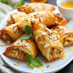 To make Moroccan Chicken Briouats, gather these ingredients: - 1 lb ground chicken - 1 medium onion, finely chopped - 2 cloves garlic, minced - 1 tsp ground cumin - 1 tsp ground cinnamon - 1/2 tsp ground ginger - 1/2 tsp cayenne pepper (adjust to taste) - 1/2 cup fresh parsley, chopped - 1/4 cup dried apricots, finely chopped - 1/4 cup slivered almonds, toasted - 1 package of phyllo dough (about 16 sheets) - 1/2 cup butter, melted - Salt and pepper to taste - Honey, for drizzling (optional) You can swap ingredients if needed. Here are some ideas: - Use ground turkey instead of ground chicken for a lighter option. - Swap dried apricots with raisins or chopped dates for different sweetness. - Substitute slivered almonds with chopped walnuts or pistachios for a nutty flavor. - If you don’t have phyllo dough, try using spring roll wrappers, but the texture will change. - For a dairy-free version, use olive oil instead of butter for brushing. Understanding the measurements helps in making the recipe easier. Here are some conversions: - 1 lb of ground chicken is about 450 grams. - 1/2 cup of butter is around 115 grams. - 1 medium onion usually weighs about 150 grams. - 1/4 cup of dried apricots equals about 40 grams. - 1/2 cup of fresh parsley is roughly 30 grams when chopped. Use these conversions to ensure you get the right amount of each ingredient for tasty briouats! {{ingredient_image_1}} First, gather all your ingredients. This recipe is simple and fun. You will need ground chicken, onion, garlic, spices, and phyllo dough. Make sure your workspace is clean and organized. Start by heating a large skillet over medium heat. Add the chopped onion and cook it until it turns clear, about 3-4 minutes. This step adds sweetness to your filling. Next, add the minced garlic. Cook it for one more minute until you smell its great aroma. Now, stir in the ground chicken. Add cumin, cinnamon, ginger, cayenne pepper, salt, and pepper. Cook everything for about 6-8 minutes. Make sure the chicken is fully cooked and brown. Once done, take the skillet off the heat. Mix in chopped parsley, dried apricots, and toasted almonds. Let this mixture cool for about 10 minutes. Preheat your oven to 375°F (190°C). Take one sheet of phyllo dough and lay it flat. Brush it lightly with melted butter. Place another sheet on top and brush it again. This makes the briouats flaky and crispy. Cut the stacked sheets into 4-inch wide strips. Take a tablespoon of the chicken mixture and place it at one end of each strip. Fold the phyllo over the filling to form a triangle. Keep folding along the strip to create a triangular shape. Brush the finished briouats with more melted butter. Place them on a baking sheet lined with parchment paper. Repeat this until you use all the phyllo and filling. Bake in the oven for 20-25 minutes. They should turn golden and crispy. Optionally, drizzle with honey before serving for a sweet touch. When you work with phyllo dough, keep it covered. Phyllo dries out fast. Lay a damp cloth over the sheets while you work. Use a sharp knife to cut the dough. This makes clean edges. Always brush melted butter between layers. This keeps them flaky and tasty. For crispy briouats, use enough butter. Generously brush each layer of phyllo. Bake them on parchment paper. This allows hot air to circulate. Preheat your oven fully before baking. This helps them brown evenly. If they seem soft, bake a little longer. You want them golden brown and crispy. You can add more flavor to your chicken mix. Try adding a pinch of saffron for a unique taste. Fresh herbs like mint or cilantro add freshness. You can swap dried apricots for raisins or dates. Use different nuts, like pistachios or walnuts, for crunch. Adjust the cayenne pepper for more heat or less. Taste the filling before wrapping it up. This ensures you love the flavor! Pro Tips Prepare Phyllo with Care: Always keep the phyllo sheets covered with a damp cloth while working to prevent them from drying out and becoming brittle. Customize the Filling: Feel free to experiment with other nuts or dried fruits to suit your taste preferences, such as pistachios or raisins. Ensure Even Browning: Rotate the baking sheet halfway through baking for even browning and crispiness on all sides. Serve with a Side: Pair the briouats with a refreshing yogurt dip or a spicy harissa sauce for a delightful contrast of flavors. {{image_2}} You can easily make tasty vegetarian briouats. Swap the ground chicken for cooked lentils or chickpeas. Using mushrooms adds a nice umami taste. You can also add spinach or kale for extra nutrients. Just season with cumin and cinnamon, just like in the chicken recipe. These options keep the flavors rich and satisfying. Feel free to play with the fillings. You can use different nuts like walnuts or pistachios. Dried fruits also work well; try raisins or figs for sweetness. Mixing nuts and fruits gives each bite a unique taste. For a creamier texture, consider adding ricotta or feta cheese. These changes can make the briouats even more interesting. The spice level is easy to adjust. If you enjoy heat, add more cayenne pepper. For a milder option, simply reduce or skip the cayenne. You can also use sweet paprika for flavor without heat. This way, everyone at your table can enjoy the dish, no matter their spice preference. After you enjoy your briouats, let them cool completely. Place them in an airtight container. You can keep them in the fridge for up to three days. Make sure to layer them with parchment paper. This keeps them from sticking together. If you want to keep them longer, freezing is a great option. To reheat your briouats, use the oven for best results. Preheat your oven to 350°F (175°C). Place the briouats on a baking sheet. Heat them for about 10-15 minutes. This will make them crispy again. If you’re in a hurry, you can use the microwave. However, the microwave may make them soft. Heat them for 1-2 minutes, but check often. If you want to freeze your briouats, wrap each one in plastic wrap. Then, place them in a freezer-safe bag. They will keep well for up to three months. When you are ready to eat them, no need to thaw. Just bake them straight from the freezer. Preheat your oven to 375°F (190°C) and bake for about 25-30 minutes. Enjoy the same great taste! You can pair Moroccan Chicken Briouats with a fresh salad. A simple cucumber and tomato salad works well. You might also enjoy serving them with a side of yogurt sauce for dipping. A light mint tea can complement the meal, adding a refreshing touch. Consider offering some crusty bread to soak up flavors too. Briouats taste best when fresh and warm. They stay fresh at room temperature for about 2 hours. If you store them in the fridge, they last for 3-4 days. Wrap them in foil or plastic to keep them moist. Reheat them in the oven for about 10 minutes to regain their crispiness. Yes, you can prepare briouats in advance. You can assemble them, then freeze before baking. Just layer them between parchment paper to avoid sticking. When you are ready to bake, simply add extra time in the oven if baking from frozen. This way, you can enjoy fresh briouats anytime! This post covered all you need for your Moroccan Chicken Briouats. We explored ingredients, cooking steps, and useful tips. You learned how to make them crispy and flavorful. We also shared storage methods and answers to common questions. Try different fillings or spice levels to suit your taste. Experimenting keeps cooking fun. Enjoy your delicious briouats, and don’t forget to share your results!