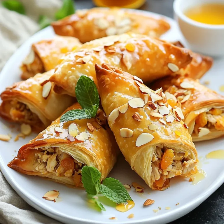 To make Moroccan Chicken Briouats, gather these ingredients: - 1 lb ground chicken - 1 medium onion, finely chopped - 2 cloves garlic, minced - 1 tsp ground cumin - 1 tsp ground cinnamon - 1/2 tsp ground ginger - 1/2 tsp cayenne pepper (adjust to taste) - 1/2 cup fresh parsley, chopped - 1/4 cup dried apricots, finely chopped - 1/4 cup slivered almonds, toasted - 1 package of phyllo dough (about 16 sheets) - 1/2 cup butter, melted - Salt and pepper to taste - Honey, for drizzling (optional) You can swap ingredients if needed. Here are some ideas: - Use ground turkey instead of ground chicken for a lighter option. - Swap dried apricots with raisins or chopped dates for different sweetness. - Substitute slivered almonds with chopped walnuts or pistachios for a nutty flavor. - If you don’t have phyllo dough, try using spring roll wrappers, but the texture will change. - For a dairy-free version, use olive oil instead of butter for brushing. Understanding the measurements helps in making the recipe easier. Here are some conversions: - 1 lb of ground chicken is about 450 grams. - 1/2 cup of butter is around 115 grams. - 1 medium onion usually weighs about 150 grams. - 1/4 cup of dried apricots equals about 40 grams. - 1/2 cup of fresh parsley is roughly 30 grams when chopped. Use these conversions to ensure you get the right amount of each ingredient for tasty briouats! {{ingredient_image_1}} First, gather all your ingredients. This recipe is simple and fun. You will need ground chicken, onion, garlic, spices, and phyllo dough. Make sure your workspace is clean and organized. Start by heating a large skillet over medium heat. Add the chopped onion and cook it until it turns clear, about 3-4 minutes. This step adds sweetness to your filling. Next, add the minced garlic. Cook it for one more minute until you smell its great aroma. Now, stir in the ground chicken. Add cumin, cinnamon, ginger, cayenne pepper, salt, and pepper. Cook everything for about 6-8 minutes. Make sure the chicken is fully cooked and brown. Once done, take the skillet off the heat. Mix in chopped parsley, dried apricots, and toasted almonds. Let this mixture cool for about 10 minutes. Preheat your oven to 375°F (190°C). Take one sheet of phyllo dough and lay it flat. Brush it lightly with melted butter. Place another sheet on top and brush it again. This makes the briouats flaky and crispy. Cut the stacked sheets into 4-inch wide strips. Take a tablespoon of the chicken mixture and place it at one end of each strip. Fold the phyllo over the filling to form a triangle. Keep folding along the strip to create a triangular shape. Brush the finished briouats with more melted butter. Place them on a baking sheet lined with parchment paper. Repeat this until you use all the phyllo and filling. Bake in the oven for 20-25 minutes. They should turn golden and crispy. Optionally, drizzle with honey before serving for a sweet touch. When you work with phyllo dough, keep it covered. Phyllo dries out fast. Lay a damp cloth over the sheets while you work. Use a sharp knife to cut the dough. This makes clean edges. Always brush melted butter between layers. This keeps them flaky and tasty. For crispy briouats, use enough butter. Generously brush each layer of phyllo. Bake them on parchment paper. This allows hot air to circulate. Preheat your oven fully before baking. This helps them brown evenly. If they seem soft, bake a little longer. You want them golden brown and crispy. You can add more flavor to your chicken mix. Try adding a pinch of saffron for a unique taste. Fresh herbs like mint or cilantro add freshness. You can swap dried apricots for raisins or dates. Use different nuts, like pistachios or walnuts, for crunch. Adjust the cayenne pepper for more heat or less. Taste the filling before wrapping it up. This ensures you love the flavor! Pro Tips Prepare Phyllo with Care: Always keep the phyllo sheets covered with a damp cloth while working to prevent them from drying out and becoming brittle. Customize the Filling: Feel free to experiment with other nuts or dried fruits to suit your taste preferences, such as pistachios or raisins. Ensure Even Browning: Rotate the baking sheet halfway through baking for even browning and crispiness on all sides. Serve with a Side: Pair the briouats with a refreshing yogurt dip or a spicy harissa sauce for a delightful contrast of flavors. {{image_2}} You can easily make tasty vegetarian briouats. Swap the ground chicken for cooked lentils or chickpeas. Using mushrooms adds a nice umami taste. You can also add spinach or kale for extra nutrients. Just season with cumin and cinnamon, just like in the chicken recipe. These options keep the flavors rich and satisfying. Feel free to play with the fillings. You can use different nuts like walnuts or pistachios. Dried fruits also work well; try raisins or figs for sweetness. Mixing nuts and fruits gives each bite a unique taste. For a creamier texture, consider adding ricotta or feta cheese. These changes can make the briouats even more interesting. The spice level is easy to adjust. If you enjoy heat, add more cayenne pepper. For a milder option, simply reduce or skip the cayenne. You can also use sweet paprika for flavor without heat. This way, everyone at your table can enjoy the dish, no matter their spice preference. After you enjoy your briouats, let them cool completely. Place them in an airtight container. You can keep them in the fridge for up to three days. Make sure to layer them with parchment paper. This keeps them from sticking together. If you want to keep them longer, freezing is a great option. To reheat your briouats, use the oven for best results. Preheat your oven to 350°F (175°C). Place the briouats on a baking sheet. Heat them for about 10-15 minutes. This will make them crispy again. If you’re in a hurry, you can use the microwave. However, the microwave may make them soft. Heat them for 1-2 minutes, but check often. If you want to freeze your briouats, wrap each one in plastic wrap. Then, place them in a freezer-safe bag. They will keep well for up to three months. When you are ready to eat them, no need to thaw. Just bake them straight from the freezer. Preheat your oven to 375°F (190°C) and bake for about 25-30 minutes. Enjoy the same great taste! You can pair Moroccan Chicken Briouats with a fresh salad. A simple cucumber and tomato salad works well. You might also enjoy serving them with a side of yogurt sauce for dipping. A light mint tea can complement the meal, adding a refreshing touch. Consider offering some crusty bread to soak up flavors too. Briouats taste best when fresh and warm. They stay fresh at room temperature for about 2 hours. If you store them in the fridge, they last for 3-4 days. Wrap them in foil or plastic to keep them moist. Reheat them in the oven for about 10 minutes to regain their crispiness. Yes, you can prepare briouats in advance. You can assemble them, then freeze before baking. Just layer them between parchment paper to avoid sticking. When you are ready to bake, simply add extra time in the oven if baking from frozen. This way, you can enjoy fresh briouats anytime! This post covered all you need for your Moroccan Chicken Briouats. We explored ingredients, cooking steps, and useful tips. You learned how to make them crispy and flavorful. We also shared storage methods and answers to common questions. Try different fillings or spice levels to suit your taste. Experimenting keeps cooking fun. Enjoy your delicious briouats, and don’t forget to share your results!