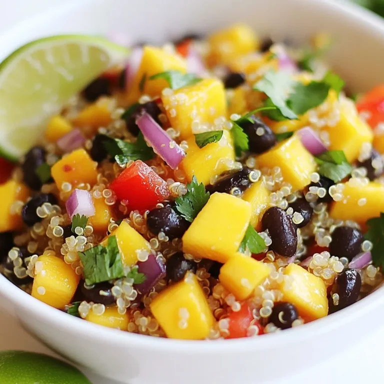 - 1 cup quinoa, rinsed - 1 ripe mango, diced - 1 can (15 oz) black beans, drained and rinsed - 1 red bell pepper, diced - 1 small red onion, finely chopped These main ingredients make the salad bright and flavorful. Quinoa serves as a great base, giving you protein and fiber. The mango adds sweetness, while black beans offer a hearty texture. The red bell pepper and onion bring a nice crunch and a pop of color. - 1 cup corn (fresh, frozen, or canned) - 1/4 cup fresh cilantro, chopped - Juice of 2 limes - 2 tablespoons olive oil - 1 teaspoon cumin Corn adds a sweet bite, and cilantro gives a fresh taste. Lime juice and olive oil make a zesty dressing, while cumin adds warmth to the mix. - Salt and pepper to taste - Optional spices for extra flavor Salt and pepper enhance the taste of the salad. You can also add optional spices like chili powder or cayenne for heat. This flexibility allows you to make the dish your own. {{ingredient_image_1}} 1. Rinsing the quinoa: Start by rinsing 1 cup of quinoa under cold water. Use a fine mesh sieve. Rinsing helps remove the bitter coating called saponin. 2. Cooking techniques with water or broth: In a saucepan, combine the rinsed quinoa and 2 cups of water or vegetable broth. Bring it to a boil over medium-high heat. Once it boils, reduce the heat to low. Cover the saucepan and let it simmer for 15 to 20 minutes. You want all the liquid absorbed. 3. Cooling process: After cooking, remove the saucepan from heat. Let the quinoa cool for a few minutes. Fluff it gently with a fork to separate the grains. 1. Dicing mango and vegetables: Take 1 ripe mango and dice it into small cubes. Next, dice 1 red bell pepper and chop 1 small red onion finely. 2. Drain and rinse black beans: Open 1 can of black beans, then drain and rinse them under cold water. This step helps reduce sodium and improves taste. 3. Chopping fresh cilantro: Grab about 1/4 cup of fresh cilantro. Chop it finely so it mixes well into the salad. 1. Making the dressing: In a small bowl, whisk together the juice of 2 limes, 2 tablespoons of olive oil, and 1 teaspoon of cumin. Add salt and pepper to taste. This dressing adds flavor and brightness to the salad. 2. Mixing salad components: In a large mixing bowl, combine the diced mango, black beans, red bell pepper, red onion, corn, and fresh cilantro. 3. Adjusting seasoning: Once the quinoa has cooled, add it to the bowl with the vegetables and beans. Pour the dressing over the mixture. Toss gently until everything is well coated. Taste the salad and adjust seasoning if needed. Add more salt, pepper, or lime juice to suit your taste. Chill the salad in the fridge for at least 30 minutes before serving. This allows the flavors to blend perfectly. Enjoy your refreshing summer dish! To avoid mushy quinoa, rinse it well. Use a fine mesh sieve to wash it under cold water. This removes the natural coating called saponin. Cook it with the right amount of liquid. Use two cups of water or vegetable broth for one cup of quinoa. Fluffing the quinoa is key. After cooking, let it sit for five minutes, then use a fork. This helps separate the grains and gives it a light texture. Adjusting seasonings can elevate the dish. Try adding more cumin or even a pinch of chili powder for a mild kick. You can also mix in fresh herbs like basil or mint for a fresh twist. Marinating is a great way to improve taste. Let your salad chill in the fridge for at least 30 minutes. This allows the flavors to meld together, making every bite delicious. Presentation matters! Serve the salad in a large, colorful bowl. Garnish with extra cilantro and lime wedges for a bright touch. This not only looks good but adds fresh flavor too. For the best taste, serve it chilled. The coolness of the salad pairs well with summer days. Enjoy it as a side or main dish! Pro Tips Keep Quinoa Fluffy: Rinse quinoa under cold water before cooking to remove its natural coating, which can make it taste bitter. This helps achieve a light and fluffy texture. Perfect Mango Selection: Choose a ripe mango that gives slightly to pressure. This ensures it's sweet and juicy, enhancing the salad's flavor. Chill for Best Flavor: Allow the salad to chill in the refrigerator for at least 30 minutes before serving. This helps the flavors meld together beautifully. Customize Your Beans: Feel free to substitute black beans with kidney beans or chickpeas for a different texture and flavor profile. Adjust the dressing accordingly to match the new ingredients. {{image_2}} If you want to switch things up, consider using different grains instead of quinoa. You can use farro, brown rice, or even couscous for a new texture. Each grain brings its own flavor. You can also swap black beans for other legumes. Chickpeas or kidney beans can work well too. These changes keep the dish fresh and exciting. Feel free to add more fruits or veggies. Try diced avocado for creaminess or chopped cucumber for crunch. You can also mix in some cherry tomatoes for a pop of color. For those who like heat, add jalapeños or a dash of hot sauce. This will give your salad a spicy kick that balances the sweetness of the mango. This salad is easy to make vegan and gluten-free. The base ingredients are naturally plant-based and gluten-free. Just check the label on your quinoa and beans to be sure. If you want a high-protein option, add some grilled chicken or tofu. This will make your salad more filling and satisfying. Store your Mango Black Bean Quinoa Salad in an airtight container. This will keep the flavors fresh. You can keep it in the fridge for up to three days. After that, the salad may lose its crispness and taste. You can freeze the salad, but some ingredients do not freeze well. If you want to freeze it, leave out the fresh mango and cilantro. Store the salad in a freezer-safe container. It can last for about a month in the freezer. To eat, thaw it in the fridge overnight or use the microwave on low. After refrigeration, the salad may seem dry. Add a splash of lime juice or olive oil to refresh it. Toss the salad gently to mix in the new dressing. This will make it taste fresh again! You can store this salad in the fridge for up to three days. After that, the mango may get mushy. Keep it in an airtight container to keep it fresh. If you notice any changes in smell or texture, it’s best to toss it. Yes, making this salad ahead of time is a great idea. It allows the flavors to blend and taste even better. You can prepare it the day before and let it chill in the fridge. This makes it perfect for parties or meal prep. This salad pairs well with grilled chicken or fish. You can also serve it with tortilla chips for a crunchy side. It’s a lovely side dish for tacos or burritos. The bright flavors add a nice touch to any meal. You've explored the vibrant world of Mango Black Bean Quinoa Salad. We discussed the key ingredients, including quinoa, mango, and beans that make this dish special. I provided step-by-step instructions to ensure your salad stands out. We also covered tips for perfecting texture and enhancing flavor. In closing, feel free to get creative with variations and adjustments. This salad is not just nutritious; it’s good fun to make. Enjoy experimenting with flavors and sharing this colorful dish with others.