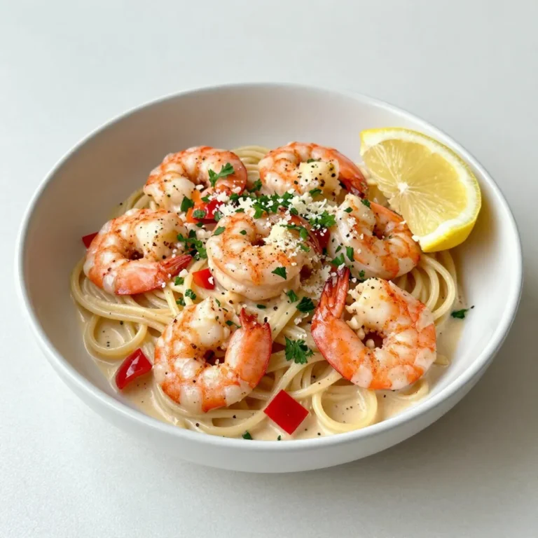 - Pasta Options: Use 12 oz of linguine or fettuccine for the base. - Key Protein: You need 1 lb of large shrimp, peeled and deveined. - Flavor Enhancers: Gather 1 tablespoon of Cajun seasoning, 3 cloves of minced garlic, 1/2 cup of diced bell peppers (red and green), and 1/2 cup of diced onion. - Heavy Cream Details: Use 1 cup of heavy cream for a rich sauce. - Parmesan Cheese Selection: Choose 1/2 cup of grated Parmesan cheese for flavor. - Seasoning and Accent Notes: Add salt and pepper to taste, plus 1 tablespoon of lemon juice for brightness. - Fresh Parsley Usage: Chop fresh parsley to garnish the dish. - Presentation Tips: Serve in shallow bowls; sprinkle extra Parmesan on top. - Optional Garnishes: A slice of lemon adds color and zest to your plate. {{ingredient_image_1}} To cook the pasta, fill a large pot with water. Add a pinch of salt to the water. Bring it to a rolling boil. Add 12 ounces of linguine or fettuccine. Stir it well to prevent sticking. Cook according to package directions until it is al dente, about 8-10 minutes. When done, drain the pasta in a colander. Be sure to reserve one cup of pasta water. This water helps adjust the sauce later. First, take one pound of large shrimp, peeled and deveined. Place them in a bowl. Sprinkle one tablespoon of Cajun seasoning over the shrimp. Toss them well so each shrimp gets coated. This adds a punch of flavor. Heat two tablespoons of olive oil in a large skillet over medium heat. Once hot, add the shrimp carefully. Cook for about 2-3 minutes per side. They should turn pink and opaque. Avoid overcooking, or they will be tough. Once cooked, push the shrimp aside. This will make room for the next step. Now, let’s make the sauce. In the same skillet, add three cloves of minced garlic, half a cup of diced bell peppers, and half a cup of diced onion. Sauté these for about 3-4 minutes. The veggies should be soft and fragrant. Next, reduce the heat to low. Pour in one cup of heavy cream and add half a cup of grated Parmesan cheese. Stir until the cheese melts. If the sauce seems too thick, slowly add some reserved pasta water. This will help reach your desired consistency. Time to bring it all together! Add the cooked pasta to the skillet with the sauce and shrimp. Toss everything together until the pasta is well coated. Heat through for one more minute. This helps all the flavors blend nicely. Serve the pasta on plates and garnish with fresh chopped parsley. Enjoy your flavorful Cajun shrimp pasta! - To avoid overcooking shrimp, cook them until they turn pink and opaque. This takes about 2-3 minutes on each side. Remove them from heat right away to keep them tender. - Choose large shrimp for even cooking. They hold up well in the heat and provide a nice bite. If you use smaller shrimp, adjust the cooking time to prevent overcooking. - Add spices like smoked paprika or cayenne for extra depth. A pinch of thyme can also elevate the dish. - You can add vegetables like spinach, zucchini, or mushrooms. These will boost the flavor and add nutrition. Toss them in with the garlic and onion for a colorful mix. - If your sauce is too thick, just add a bit of the reserved pasta water. This will help reach your desired consistency. - To adjust spice levels, add more cream to tone down heat. For extra kick, sprinkle more Cajun seasoning on top before serving. Pro Tips Use Fresh Shrimp: For the best flavor and texture, opt for fresh shrimp instead of frozen. If using frozen shrimp, ensure they are fully thawed and patted dry before seasoning. Adjusting Spice Levels: Feel free to modify the Cajun seasoning according to your spice preference. Start with less and gradually add more if you like it hotter! Pasta Water Magic: Always reserve some pasta water when draining. This starchy water can help adjust the sauce's consistency and enhance its creaminess. Garnishing Tips: For an extra burst of freshness, try adding a squeeze of lemon juice right before serving, along with the parsley garnish. This brightens the dish beautifully. {{image_2}} If you're looking for lighter options, consider these swaps: - Use low-fat cream instead of heavy cream. - Choose whole grain pasta for added fiber and nutrients. These changes keep flavor while making the dish a bit healthier. You won’t miss the richness! You can easily make this dish vegan. For a plant-based twist: - Use jackfruit or a tofu product instead of shrimp. - Try coconut cream or cashew cream for a non-dairy sauce. These options keep the dish creamy and satisfying without animal products. I love to mix in flavors from other cuisines. Here are some ideas: - Add a bit of lime juice for a Mexican flair. - Try using a Thai curry paste to spice things up. These regional twists bring new life to the classic Cajun shrimp pasta. Experiment and find your favorite variation! Store your Cajun shrimp pasta in an airtight container. This keeps it fresh and tasty. It lasts for about 3 to 4 days in the fridge. Before you store it, let it cool to room temperature. This helps avoid moisture build-up. To freeze your pasta, first, let it cool. Then, place it in a freezer-safe bag or container. Remove as much air as possible. You can freeze it for up to 3 months. When you're ready to eat it, take it out and thaw it in the fridge overnight. For reheating, the best way is on the stovetop. Add a splash of water or broth to keep it moist. Heat it over low to medium heat, stirring often. If you use a microwave, place it in a bowl, cover it, and heat in short bursts. Stir between each burst. This keeps the flavors intact and prevents drying out. Cajun shrimp pasta is a creamy, spicy dish that blends shrimp and pasta. It comes from Louisiana's Cajun cuisine, known for bold flavors. The main components include shrimp, pasta, Cajun seasoning, and a rich cream sauce. Bell peppers, garlic, and onion add more taste and color. This dish is quick to make and perfect for any meal. Yes, you can use frozen shrimp in this recipe. Just thaw them first. To thaw, place shrimp in cold water for about 15 minutes. Pat them dry before seasoning. Using frozen shrimp saves time and works well in cooking. They will taste just as good as fresh shrimp when cooked right. Cajun seasoning can be spicy, but it varies by brand. Generally, it has a mix of paprika, cayenne, garlic, and onion. If you prefer less heat, use less seasoning. You can also mix it with other spices to lower the spice level. Taste as you go to find the right heat for you. Yes, you can prep Cajun shrimp pasta ahead of time. Cook the pasta and shrimp separately, then store them in the fridge. Make the sauce and keep it in a sealed container. When you're ready to eat, combine everything in a pan and heat. This method helps save time and keeps flavors fresh. Cajun shrimp pasta combines bold flavors and simple steps for a delicious dish. We covered key ingredients like shrimp, cream, and spices. I shared tips on cooking, garnishing, and even making variations for different diets. Remember, it’s all about balance and finding what you like best. With these steps and tricks, you can create a tasty meal that impresses everyone. Enjoy experimenting and making this dish your own!
