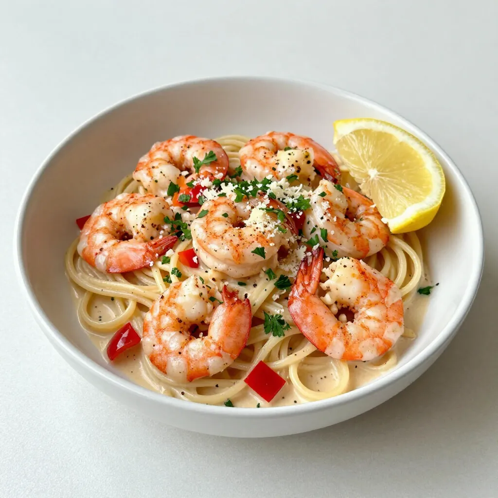 - Pasta Options: Use 12 oz of linguine or fettuccine for the base. - Key Protein: You need 1 lb of large shrimp, peeled and deveined. - Flavor Enhancers: Gather 1 tablespoon of Cajun seasoning, 3 cloves of minced garlic, 1/2 cup of diced bell peppers (red and green), and 1/2 cup of diced onion. - Heavy Cream Details: Use 1 cup of heavy cream for a rich sauce. - Parmesan Cheese Selection: Choose 1/2 cup of grated Parmesan cheese for flavor. - Seasoning and Accent Notes: Add salt and pepper to taste, plus 1 tablespoon of lemon juice for brightness. - Fresh Parsley Usage: Chop fresh parsley to garnish the dish. - Presentation Tips: Serve in shallow bowls; sprinkle extra Parmesan on top. - Optional Garnishes: A slice of lemon adds color and zest to your plate. {{ingredient_image_1}} To cook the pasta, fill a large pot with water. Add a pinch of salt to the water. Bring it to a rolling boil. Add 12 ounces of linguine or fettuccine. Stir it well to prevent sticking. Cook according to package directions until it is al dente, about 8-10 minutes. When done, drain the pasta in a colander. Be sure to reserve one cup of pasta water. This water helps adjust the sauce later. First, take one pound of large shrimp, peeled and deveined. Place them in a bowl. Sprinkle one tablespoon of Cajun seasoning over the shrimp. Toss them well so each shrimp gets coated. This adds a punch of flavor. Heat two tablespoons of olive oil in a large skillet over medium heat. Once hot, add the shrimp carefully. Cook for about 2-3 minutes per side. They should turn pink and opaque. Avoid overcooking, or they will be tough. Once cooked, push the shrimp aside. This will make room for the next step. Now, let’s make the sauce. In the same skillet, add three cloves of minced garlic, half a cup of diced bell peppers, and half a cup of diced onion. Sauté these for about 3-4 minutes. The veggies should be soft and fragrant. Next, reduce the heat to low. Pour in one cup of heavy cream and add half a cup of grated Parmesan cheese. Stir until the cheese melts. If the sauce seems too thick, slowly add some reserved pasta water. This will help reach your desired consistency. Time to bring it all together! Add the cooked pasta to the skillet with the sauce and shrimp. Toss everything together until the pasta is well coated. Heat through for one more minute. This helps all the flavors blend nicely. Serve the pasta on plates and garnish with fresh chopped parsley. Enjoy your flavorful Cajun shrimp pasta! - To avoid overcooking shrimp, cook them until they turn pink and opaque. This takes about 2-3 minutes on each side. Remove them from heat right away to keep them tender. - Choose large shrimp for even cooking. They hold up well in the heat and provide a nice bite. If you use smaller shrimp, adjust the cooking time to prevent overcooking. - Add spices like smoked paprika or cayenne for extra depth. A pinch of thyme can also elevate the dish. - You can add vegetables like spinach, zucchini, or mushrooms. These will boost the flavor and add nutrition. Toss them in with the garlic and onion for a colorful mix. - If your sauce is too thick, just add a bit of the reserved pasta water. This will help reach your desired consistency. - To adjust spice levels, add more cream to tone down heat. For extra kick, sprinkle more Cajun seasoning on top before serving. Pro Tips Use Fresh Shrimp: For the best flavor and texture, opt for fresh shrimp instead of frozen. If using frozen shrimp, ensure they are fully thawed and patted dry before seasoning. Adjusting Spice Levels: Feel free to modify the Cajun seasoning according to your spice preference. Start with less and gradually add more if you like it hotter! Pasta Water Magic: Always reserve some pasta water when draining. This starchy water can help adjust the sauce's consistency and enhance its creaminess. Garnishing Tips: For an extra burst of freshness, try adding a squeeze of lemon juice right before serving, along with the parsley garnish. This brightens the dish beautifully. {{image_2}} If you're looking for lighter options, consider these swaps: - Use low-fat cream instead of heavy cream. - Choose whole grain pasta for added fiber and nutrients. These changes keep flavor while making the dish a bit healthier. You won’t miss the richness! You can easily make this dish vegan. For a plant-based twist: - Use jackfruit or a tofu product instead of shrimp. - Try coconut cream or cashew cream for a non-dairy sauce. These options keep the dish creamy and satisfying without animal products. I love to mix in flavors from other cuisines. Here are some ideas: - Add a bit of lime juice for a Mexican flair. - Try using a Thai curry paste to spice things up. These regional twists bring new life to the classic Cajun shrimp pasta. Experiment and find your favorite variation! Store your Cajun shrimp pasta in an airtight container. This keeps it fresh and tasty. It lasts for about 3 to 4 days in the fridge. Before you store it, let it cool to room temperature. This helps avoid moisture build-up. To freeze your pasta, first, let it cool. Then, place it in a freezer-safe bag or container. Remove as much air as possible. You can freeze it for up to 3 months. When you're ready to eat it, take it out and thaw it in the fridge overnight. For reheating, the best way is on the stovetop. Add a splash of water or broth to keep it moist. Heat it over low to medium heat, stirring often. If you use a microwave, place it in a bowl, cover it, and heat in short bursts. Stir between each burst. This keeps the flavors intact and prevents drying out. Cajun shrimp pasta is a creamy, spicy dish that blends shrimp and pasta. It comes from Louisiana's Cajun cuisine, known for bold flavors. The main components include shrimp, pasta, Cajun seasoning, and a rich cream sauce. Bell peppers, garlic, and onion add more taste and color. This dish is quick to make and perfect for any meal. Yes, you can use frozen shrimp in this recipe. Just thaw them first. To thaw, place shrimp in cold water for about 15 minutes. Pat them dry before seasoning. Using frozen shrimp saves time and works well in cooking. They will taste just as good as fresh shrimp when cooked right. Cajun seasoning can be spicy, but it varies by brand. Generally, it has a mix of paprika, cayenne, garlic, and onion. If you prefer less heat, use less seasoning. You can also mix it with other spices to lower the spice level. Taste as you go to find the right heat for you. Yes, you can prep Cajun shrimp pasta ahead of time. Cook the pasta and shrimp separately, then store them in the fridge. Make the sauce and keep it in a sealed container. When you're ready to eat, combine everything in a pan and heat. This method helps save time and keeps flavors fresh. Cajun shrimp pasta combines bold flavors and simple steps for a delicious dish. We covered key ingredients like shrimp, cream, and spices. I shared tips on cooking, garnishing, and even making variations for different diets. Remember, it’s all about balance and finding what you like best. With these steps and tricks, you can create a tasty meal that impresses everyone. Enjoy experimenting and making this dish your own!