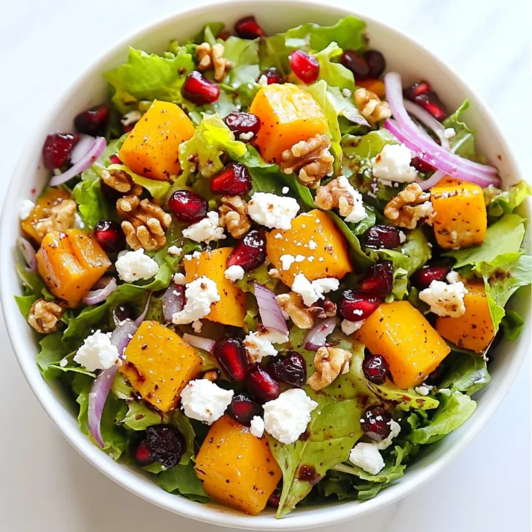 For the Festive Christmas Salad, you need a mix of flavors and textures. Here are the main parts: - 4 cups mixed greens (arugula, spinach, and kale) - 1 cup pomegranate seeds - 1 cup roasted butternut squash, cubed - 1/2 cup feta cheese, crumbled - 1/3 cup walnuts, toasted and roughly chopped - 1/4 cup dried cranberries - 1/4 cup thinly sliced red onion - 1/4 cup balsamic vinegar - 2 tablespoons olive oil - Salt and pepper to taste Each ingredient adds a special touch. The greens give a fresh base. The pomegranate seeds add a pop of color and sweetness. The roasted butternut squash brings warmth and depth. This salad shines with seasonal ingredients. Mixed greens are packed with vitamins. Pomegranate seeds offer antioxidants that boost health. Butternut squash is rich in fiber and vitamins A and C. Feta cheese adds creamy goodness and calcium. Walnuts give healthy fats and protein, while cranberries add a tart note. Eating this salad supports your health during the holidays. Seasonal foods keep you feeling good and nourished. Plus, they help you stay energized for all those festive activities. This salad is friendly for many diets. It is vegetarian and can easily fit into a gluten-free plan. If you want to make it vegan, swap the feta cheese for avocado or a plant-based cheese. Be mindful of allergies. Walnuts can trigger nut allergies. If someone in your group has this allergy, leave them out or use seeds instead. This salad is a great choice for everyone at your holiday table. It is colorful, tasty, and full of nutrients. Enjoy making it for your festive gathering! {{ingredient_image_1}} First, preheat your oven to 400°F (200°C). Take your cubed butternut squash and toss it in a bowl with some olive oil. Add a pinch of salt and pepper. Spread the squash on a baking sheet in a single layer. Roast for 25 to 30 minutes. You want it to be tender and a little caramelized. Once it's done, let it cool for a few minutes. Now, grab a large salad bowl. In it, combine 4 cups of mixed greens, like arugula, spinach, and kale. Add your roasted butternut squash. Next, toss in 1 cup of pomegranate seeds, 1/2 cup of crumbled feta cheese, and 1/3 cup of toasted walnuts. Don’t forget 1/4 cup of dried cranberries and 1/4 cup of thinly sliced red onion. Gently mix all these colorful ingredients together. In a small bowl, whisk together 1/4 cup of balsamic vinegar and 2 tablespoons of olive oil. Mix until they blend well. Drizzle this dressing over your salad. Gently toss the salad again to coat all the ingredients with the dressing. Taste it and add more salt and pepper if you want. Serve right away, or chill it for up to 30 minutes to let the flavors blend. To make your salad shine, use a big, colorful bowl. Bright hues make it eye-catching. Add extra pomegranate seeds and feta cheese on top. It adds a festive touch. A sprig of fresh rosemary or thyme will give it a nice seasonal feel. You can even serve the salad in individual bowls. This makes it fun for guests to enjoy. For the freshest salad, always wash your greens just before use. Dry them well using a salad spinner. This keeps them crisp and prevents sogginess. Store your mixed greens in a sealed bag with a paper towel inside. The towel absorbs extra moisture. Keep your salad dressing separate until it is time to serve. This helps maintain that crunchy texture. To boost flavors, try adding sliced apples or pears. Their sweetness pairs well with the tangy feta. You can also mix in some citrus, like orange or grapefruit slices, for a bright taste. A sprinkle of fresh herbs like mint or basil can add a fresh twist. If you want more crunch, consider adding some crispy chickpeas or additional nuts. These additions take your salad to another level. Pro Tips Roasting Technique: For an extra layer of flavor, toss the butternut squash with a pinch of cinnamon before roasting. It adds a warm spice that complements the sweetness of the squash. Mixing Greens: Use a combination of baby arugula, spinach, and kale for a variety of textures and flavors. This not only enhances the taste but also makes the salad visually appealing. Dressing Tip: Make the balsamic dressing ahead of time and let it sit for at least 30 minutes before using. This allows the flavors to meld together beautifully. Serving Suggestion: For added crunch, consider including thinly sliced apples or pears. They pair wonderfully with the other ingredients and add a refreshing element to the salad. {{image_2}} You can easily change this salad to fit your needs. For a vegan version, skip the feta cheese. Use avocado or a vegan cheese instead. This keeps the salad creamy and rich. For gluten-free eaters, all the ingredients are already safe. Just make sure that any packaged items, like dried cranberries, are gluten-free. Mix up the ingredients based on what you find fresh. In winter, try using roasted sweet potatoes instead of butternut squash. You can also swap pomegranate seeds for sliced apples or pears. This gives the salad a new flavor and keeps it exciting. When summer comes, add fresh berries or cucumbers. They add a nice crunch and freshness. Want to make your salad stand out? Try adding some unique ingredients. You can toss in roasted chickpeas for extra protein. They add a great crunch too. Another option is to sprinkle some pumpkin seeds on top. They give a nutty flavor and pair well with sweet cranberries. For an extra zing, add some citrus segments like orange or grapefruit. These brighten up the dish and add a splash of color. To keep your festive Christmas salad fresh, store it in the fridge. Use an airtight container. This helps to lock in flavors and keep the greens crisp. Aim to eat it within three days for the best taste. If you can, avoid mixing the dressing until you are ready to serve. This keeps the salad from getting soggy. If you have leftover salad, separate any ingredients that can spoil. Keep the greens, toppings, and dressing in different containers. Mixed greens will wilt faster if they sit in dressing. Use any leftovers within two days. You can also turn leftovers into a wrap or a sandwich for a fun twist. For easy serving, prepare your ingredients in advance. You can roast the butternut squash a day before. Store it in the fridge for quick assembly. Wash and dry the greens, then store them in a paper towel-lined container. This keeps them fresh and crunchy. Make your dressing ahead of time and keep it in a jar. Shake it well before using. This way, you can enjoy your festive Christmas salad with ease! Yes, you can prep parts of this salad ahead of time. You can roast the butternut squash and make the dressing a day before. Store them in the fridge in separate containers. Just wait to mix the greens and toppings until you are ready to serve. This keeps everything fresh and crunchy. You can add many tasty toppings to this salad. Here are some ideas: - Sliced apples or pears for sweetness - Avocado for creaminess - Grated carrots for color and crunch - Chickpeas for protein - Sunflower seeds for a nutty flavor Feel free to mix and match based on what you like! To make the dressing healthier, try these tips: - Use less olive oil and add more balsamic vinegar. - Swap out regular balsamic for a reduced-sugar version. - Add a bit of mustard for flavor without extra fat. - Try using Greek yogurt instead of oil for creaminess. These swaps keep the taste while cutting back on calories. In this blog post, we explored the festive Christmas salad. We covered its key ingredients, step-by-step preparation, and helpful tips for the best results. We also highlighted variations and storage tips to keep your salad fresh. This salad is not just tasty; it’s a celebration on a plate. Embrace the season’s flavors and make it your own. Enjoy creating this dish and sharing it with family and friends. Your table will shine with its vibrant colors!