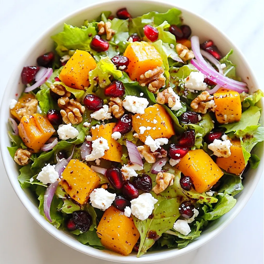 For the Festive Christmas Salad, you need a mix of flavors and textures. Here are the main parts: - 4 cups mixed greens (arugula, spinach, and kale) - 1 cup pomegranate seeds - 1 cup roasted butternut squash, cubed - 1/2 cup feta cheese, crumbled - 1/3 cup walnuts, toasted and roughly chopped - 1/4 cup dried cranberries - 1/4 cup thinly sliced red onion - 1/4 cup balsamic vinegar - 2 tablespoons olive oil - Salt and pepper to taste Each ingredient adds a special touch. The greens give a fresh base. The pomegranate seeds add a pop of color and sweetness. The roasted butternut squash brings warmth and depth. This salad shines with seasonal ingredients. Mixed greens are packed with vitamins. Pomegranate seeds offer antioxidants that boost health. Butternut squash is rich in fiber and vitamins A and C. Feta cheese adds creamy goodness and calcium. Walnuts give healthy fats and protein, while cranberries add a tart note. Eating this salad supports your health during the holidays. Seasonal foods keep you feeling good and nourished. Plus, they help you stay energized for all those festive activities. This salad is friendly for many diets. It is vegetarian and can easily fit into a gluten-free plan. If you want to make it vegan, swap the feta cheese for avocado or a plant-based cheese. Be mindful of allergies. Walnuts can trigger nut allergies. If someone in your group has this allergy, leave them out or use seeds instead. This salad is a great choice for everyone at your holiday table. It is colorful, tasty, and full of nutrients. Enjoy making it for your festive gathering! {{ingredient_image_1}} First, preheat your oven to 400°F (200°C). Take your cubed butternut squash and toss it in a bowl with some olive oil. Add a pinch of salt and pepper. Spread the squash on a baking sheet in a single layer. Roast for 25 to 30 minutes. You want it to be tender and a little caramelized. Once it's done, let it cool for a few minutes. Now, grab a large salad bowl. In it, combine 4 cups of mixed greens, like arugula, spinach, and kale. Add your roasted butternut squash. Next, toss in 1 cup of pomegranate seeds, 1/2 cup of crumbled feta cheese, and 1/3 cup of toasted walnuts. Don’t forget 1/4 cup of dried cranberries and 1/4 cup of thinly sliced red onion. Gently mix all these colorful ingredients together. In a small bowl, whisk together 1/4 cup of balsamic vinegar and 2 tablespoons of olive oil. Mix until they blend well. Drizzle this dressing over your salad. Gently toss the salad again to coat all the ingredients with the dressing. Taste it and add more salt and pepper if you want. Serve right away, or chill it for up to 30 minutes to let the flavors blend. To make your salad shine, use a big, colorful bowl. Bright hues make it eye-catching. Add extra pomegranate seeds and feta cheese on top. It adds a festive touch. A sprig of fresh rosemary or thyme will give it a nice seasonal feel. You can even serve the salad in individual bowls. This makes it fun for guests to enjoy. For the freshest salad, always wash your greens just before use. Dry them well using a salad spinner. This keeps them crisp and prevents sogginess. Store your mixed greens in a sealed bag with a paper towel inside. The towel absorbs extra moisture. Keep your salad dressing separate until it is time to serve. This helps maintain that crunchy texture. To boost flavors, try adding sliced apples or pears. Their sweetness pairs well with the tangy feta. You can also mix in some citrus, like orange or grapefruit slices, for a bright taste. A sprinkle of fresh herbs like mint or basil can add a fresh twist. If you want more crunch, consider adding some crispy chickpeas or additional nuts. These additions take your salad to another level. Pro Tips Roasting Technique: For an extra layer of flavor, toss the butternut squash with a pinch of cinnamon before roasting. It adds a warm spice that complements the sweetness of the squash. Mixing Greens: Use a combination of baby arugula, spinach, and kale for a variety of textures and flavors. This not only enhances the taste but also makes the salad visually appealing. Dressing Tip: Make the balsamic dressing ahead of time and let it sit for at least 30 minutes before using. This allows the flavors to meld together beautifully. Serving Suggestion: For added crunch, consider including thinly sliced apples or pears. They pair wonderfully with the other ingredients and add a refreshing element to the salad. {{image_2}} You can easily change this salad to fit your needs. For a vegan version, skip the feta cheese. Use avocado or a vegan cheese instead. This keeps the salad creamy and rich. For gluten-free eaters, all the ingredients are already safe. Just make sure that any packaged items, like dried cranberries, are gluten-free. Mix up the ingredients based on what you find fresh. In winter, try using roasted sweet potatoes instead of butternut squash. You can also swap pomegranate seeds for sliced apples or pears. This gives the salad a new flavor and keeps it exciting. When summer comes, add fresh berries or cucumbers. They add a nice crunch and freshness. Want to make your salad stand out? Try adding some unique ingredients. You can toss in roasted chickpeas for extra protein. They add a great crunch too. Another option is to sprinkle some pumpkin seeds on top. They give a nutty flavor and pair well with sweet cranberries. For an extra zing, add some citrus segments like orange or grapefruit. These brighten up the dish and add a splash of color. To keep your festive Christmas salad fresh, store it in the fridge. Use an airtight container. This helps to lock in flavors and keep the greens crisp. Aim to eat it within three days for the best taste. If you can, avoid mixing the dressing until you are ready to serve. This keeps the salad from getting soggy. If you have leftover salad, separate any ingredients that can spoil. Keep the greens, toppings, and dressing in different containers. Mixed greens will wilt faster if they sit in dressing. Use any leftovers within two days. You can also turn leftovers into a wrap or a sandwich for a fun twist. For easy serving, prepare your ingredients in advance. You can roast the butternut squash a day before. Store it in the fridge for quick assembly. Wash and dry the greens, then store them in a paper towel-lined container. This keeps them fresh and crunchy. Make your dressing ahead of time and keep it in a jar. Shake it well before using. This way, you can enjoy your festive Christmas salad with ease! Yes, you can prep parts of this salad ahead of time. You can roast the butternut squash and make the dressing a day before. Store them in the fridge in separate containers. Just wait to mix the greens and toppings until you are ready to serve. This keeps everything fresh and crunchy. You can add many tasty toppings to this salad. Here are some ideas: - Sliced apples or pears for sweetness - Avocado for creaminess - Grated carrots for color and crunch - Chickpeas for protein - Sunflower seeds for a nutty flavor Feel free to mix and match based on what you like! To make the dressing healthier, try these tips: - Use less olive oil and add more balsamic vinegar. - Swap out regular balsamic for a reduced-sugar version. - Add a bit of mustard for flavor without extra fat. - Try using Greek yogurt instead of oil for creaminess. These swaps keep the taste while cutting back on calories. In this blog post, we explored the festive Christmas salad. We covered its key ingredients, step-by-step preparation, and helpful tips for the best results. We also highlighted variations and storage tips to keep your salad fresh. This salad is not just tasty; it’s a celebration on a plate. Embrace the season’s flavors and make it your own. Enjoy creating this dish and sharing it with family and friends. Your table will shine with its vibrant colors!