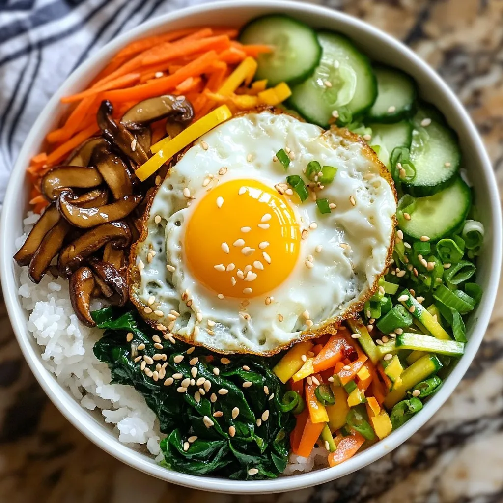 - 2 cups cooked white rice - 1 cup spinach, blanched - 1 cup carrot, julienned - 1 cup cucumber, julienned - 1 cup bean sprouts, blanched - 1 cup shiitake mushrooms, sliced - 2 eggs - 2 tablespoons sesame oil - 2 tablespoons gochujang (Korean chili paste) - 1 tablespoon soy sauce - 1 tablespoon sesame seeds - Salt and pepper to taste - Green onions, chopped, for garnish - You can add radishes for crunch. - Zucchini can be a nice touch too. - Try adding kimchi for extra flavor. - Use tofu for a vegetarian boost. - Add beef or chicken for a meaty option. - Use brown rice instead of white for more fiber. - Spinach can be swapped with kale or Swiss chard. - Shiitake mushrooms can be replaced with button mushrooms or any favorite type. - If you don’t have gochujang, use sriracha for heat. - Replace soy sauce with tamari for gluten-free needs. {{ingredient_image_1}} Blanching Method for Spinach and Bean Sprouts Start by boiling water in a pot. Add the spinach and bean sprouts one at a time. Blanch each for 1-2 minutes. This makes them bright and soft. Drain them well and set aside. Sautéing Shiitake Mushrooms and Carrots In a pan, heat 1 tablespoon of sesame oil over medium heat. Add the sliced shiitake mushrooms. Sauté until they are tender, about 3-4 minutes. Sprinkle with salt and pepper. Remove them from the pan and set aside. Next, add the julienned carrots to the same pan. Cook them for 2-3 minutes. They should be soft but still crisp. Set them aside too. Briefly Sautéing Cucumber Finally, add the julienned cucumber to the pan. Sauté briefly for about 1-2 minutes. You just want to warm it up. Once done, set it aside with the other veggies. Cooking Eggs Sunny-Side Up Grab a small pan and heat it on the stove. Fry the eggs sunny-side up. Cook until the whites are firm but the yolks are still runny. Sprinkle a pinch of salt on top for taste. Layering Ingredients in the Bowl In a large bowl, place a serving of cooked white rice at the bottom. Neatly arrange the blanched spinach, sautéed carrots, cucumber, bean sprouts, and mushrooms around the rice. Final Touches with Sauces and Garnishes Top the bowl with the fried egg. Drizzle the remaining sesame oil and soy sauce over the ingredients. Serve with gochujang on the side or on top. Finish with a sprinkle of sesame seeds and chopped green onions for extra flavor and crunch. To make great bibimbap, start with the right rice. Use short-grain white rice for the best texture. Rinse the rice in cold water until the water runs clear. This removes excess starch. Then, soak the rice for at least 30 minutes. This helps it cook evenly. Cook the rice with a 1:1 water-to-rice ratio. Use a rice cooker for easy cooking. Let the rice sit for 10 minutes after cooking. This makes it fluffy and ready for your bibimbap. Presentation matters in bibimbap. Use a large, shallow bowl for a beautiful display. Start with the rice at the bottom. Arrange the veggies around the rice in colorful sections. This makes it look appealing. Top with a sunny-side-up egg. For added crunch, sprinkle sesame seeds and chopped green onions. Serve with gochujang on the side. This lets everyone adjust the spice level. You can also add kimchi for an extra kick! Sauces bring life to your bibimbap. Gochujang is a must for its spicy and sweet taste. Mix 2 tablespoons of gochujang with 1 tablespoon of soy sauce for extra flavor. You can also add a dash of sesame oil for richness. If you want a milder taste, mix gochujang with a bit of sugar. This balances the heat. Experiment with sauces until you find your favorite combination. Enjoy the flavors of your creation! Pro Tips Fresh Vegetables: Use fresh, seasonal vegetables for the best flavor and nutrition. They add vibrant color and texture to your bibimbap. Rice Texture: Make sure your rice is fluffy and not too sticky. Rinse the rice before cooking to remove excess starch for a perfect texture. Egg Variations: Try different egg cooking methods such as poaching or scrambling for a unique twist on your bibimbap. Customizable Heat: Adjust the amount of gochujang according to your spice preference. You can also mix it with a bit of sesame oil for added depth. {{image_2}} You can easily make bibimbap vegetarian or vegan. To do this, skip the eggs. You can add more veggies instead. Try using kale or zucchini. You can also add tofu for extra protein. Season it with soy sauce or sesame oil for flavor. If you want a meatier bibimbap, beef is a great choice. Use thinly sliced beef, marinated in soy sauce, garlic, and sesame oil. Sauté the beef until it is cooked, then place it on top of the veggies. Chicken or pork works well too. Just cook them fully before adding to your bowl. For a gluten-free bibimbap, use gluten-free soy sauce. You can find this in most stores. Make sure the gochujang you use is gluten-free as well. Instead of regular rice, try quinoa for a different taste. This keeps the dish simple and safe for those avoiding gluten. After making bibimbap, you might have some leftovers. To store them, place the rice and veggies in separate airtight containers. This keeps each ingredient fresh. The rice can stay good for up to four days in the fridge. The veggies can last about three days. When you’re ready to eat the leftovers, you can reheat them easily. Microwave the rice in a bowl for one to two minutes. Add a splash of water to keep it moist. For the veggies, heat them in a pan over medium heat. Cook until they are warm. If you want to eat the egg, fry a new one fresh. If you want to prep bibimbap ahead of time, chop your veggies and cook the rice in advance. Store the rice and vegetables in separate containers. This keeps them fresh and tasty. You can also make the gochujang sauce ahead of time. Mix it with a bit of sesame oil and soy sauce for extra flavor. When you're ready to eat, just assemble your bowl. This makes for a quick and delicious meal. Bibimbap is a Korean dish. It means "mixed rice." You start with a bowl of rice. Then, you add many colorful vegetables. Common veggies include spinach, carrots, and mushrooms. A fried egg usually tops it off. Finally, you mix in spicy gochujang. This dish is tasty, healthy, and fun to eat. Yes, you can use many types of vegetables. Feel free to get creative! Some great choices are bell peppers, zucchini, or radishes. Just keep the texture in mind. You want them to stay crisp. You can also use leftover veggies from other meals. This makes bibimbap a great way to reduce waste. To add spice, use gochujang, which is Korean chili paste. Start with one tablespoon and adjust to your taste. If you want more heat, add extra gochujang on top. You can also sprinkle in some red pepper flakes for an added kick. Mix it all together for a spicy delight! Bibimbap is a fun dish you can make with many ingredients. You learned how to prepare fresh veggies, cook eggs, and layer all the flavors together. We covered tips for perfect rice and how to customize your bowl. Remember, you can adjust it to fit your taste and diet. From leftovers to meal prep, storing bibimbap is easy. Enjoy making this tasty, colorful meal with your loved ones! Get creative and have fun with each bite.