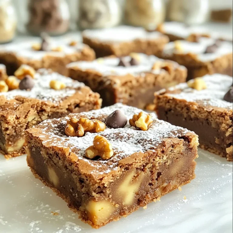 To create these tasty spiced gingerbread blondies, gather these key ingredients: - 1 cup unsalted butter, melted - 1 cup brown sugar, packed - 1/2 cup granulated sugar - 2 large eggs - 1 teaspoon vanilla extract - 2 cups all-purpose flour - 1 teaspoon baking powder - 1/2 teaspoon baking soda - 1 teaspoon ground ginger - 1 teaspoon ground cinnamon - 1/2 teaspoon ground nutmeg - 1/4 teaspoon ground cloves - 1/2 teaspoon salt The butter adds richness, while the sugars create a sweet base. The eggs help bind the mix and make it fluffy. The spices give the blondies their warm, cozy flavor. You can make your blondies even better with these optional ingredients: - 1/2 cup chopped walnuts - 1/2 cup dark chocolate chips If you want to skip the nuts or chocolate, that’s okay! You can also use milk chocolate or white chocolate chips instead. For a nut-free version, just leave out the walnuts. Let’s break down some common baking ingredients: - All-Purpose Flour: This is the main flour. It gives structure. - Baking Powder: This helps the blondies rise. - Baking Soda: This works with the acids in the recipe to create lift. - Ground Spices: Ginger, cinnamon, nutmeg, and cloves add warmth and depth. - Salt: Salt enhances flavor and balances the sweetness. Understanding these ingredients helps you bake better. Knowing their roles ensures your blondies come out perfect every time! {{ingredient_image_1}} Start by preheating your oven to 350°F (175°C). This step is key for even baking. Next, grab a 9x13 inch baking pan. You can grease it with butter or line it with parchment paper. Lining makes it easy to pull out the blondies later. In a large bowl, add 1 cup of melted unsalted butter. Next, mix in 1 cup of packed brown sugar and 1/2 cup of granulated sugar. Stir these until they are smooth and creamy. Then, crack in 2 large eggs, one at a time. Add 1 teaspoon of vanilla extract after the eggs. Mix until everything is well combined. In a separate bowl, measure out 2 cups of all-purpose flour. Then, add 1 teaspoon of baking powder and 1/2 teaspoon of baking soda. Next, sprinkle in 1 teaspoon of ground ginger, 1 teaspoon of ground cinnamon, 1/2 teaspoon of nutmeg, and 1/4 teaspoon of ground cloves. Finally, add 1/2 teaspoon of salt. Whisk these dry ingredients together until they are mixed well. If you want to add extra flavor, fold in 1/2 cup of chopped walnuts or 1/2 cup of dark chocolate chips. These add-ins give a nice crunch and rich taste. Make sure to mix gently so you don’t break the chocolate chips or walnuts. Now, pour the blondie batter into your prepared pan. Use a spatula to spread it evenly. Place the pan in the oven and bake for 25-30 minutes. To check if they are done, insert a toothpick in the center. If it comes out clean, your blondies are ready. Let them cool in the pan before slicing into squares. Enjoy your tasty treat! To make the best spiced gingerbread blondies, follow these tips: - Use room temperature eggs. This helps the batter mix better. - Do not overmix. Stir until just combined for chewy blondies. - Check your oven temperature. An oven thermometer can help. - Line the pan with parchment paper. This makes removal easy. Here are some common problems and how to fix them: - Blondies are too dry: Check your baking time. They may be overbaked. - Blondies are too gooey: Make sure to bake until a toothpick comes out clean. - Blondies don't rise: Ensure your baking powder and baking soda are fresh. - Blondies stick to the pan: Grease the pan well or use parchment paper. For a lovely presentation: - Serve warm for the best taste and texture. - Dust with powdered sugar for a festive touch. - Add extra chocolate chips or nuts on top for decoration. - Enjoy with a glass of milk or a warm latte. Pro Tips Use Fresh Spices: Freshly ground spices will enhance the flavor of your blondies. Consider grinding your own ginger and spices for a more intense taste. Check for Doneness: Since ovens vary, start checking the blondies at 25 minutes. They should be set around the edges but slightly soft in the center. Cool Completely: Allow the blondies to cool in the pan for at least 15 minutes before slicing. This helps them hold their shape while cutting. Storage Tips: Store the blondies in an airtight container at room temperature for up to a week. You can also freeze them for longer storage. {{image_2}} You can mix up the flavors in your spiced gingerbread blondies. Try adding a bit of orange zest for a fresh twist. You can also use pumpkin spice instead of ginger and cinnamon for a different taste. If you love nuts, add pecans or hazelnuts for a crunch. Want something sweeter? Add a swirl of caramel sauce before baking. These small changes can make your blondies special. Making these blondies gluten-free is easy. Replace all-purpose flour with a gluten-free blend. Be sure to check that your baking powder is gluten-free too. For a vegan option, swap the eggs with flaxseed meal or applesauce. Use a plant-based butter and ensure your chocolate chips are dairy-free. These swaps keep the blondies tasty while meeting different dietary needs. You can top your blondies with a lot of different goodies. Consider drizzling melted white chocolate over the top for a sweet touch. You might also sprinkle some sea salt for a nice contrast. For a fruity flavor, mix in dried cranberries or raisins. You can even add a layer of cream cheese frosting for a rich finish. These options can make your blondies even more fun and delicious. To keep your spiced gingerbread blondies fresh, let them cool first. Once cool, place them in an airtight container. This keeps them moist and tasty. You can store them at room temperature for up to three days. If you want to keep them longer, consider refrigerating them. They can last up to a week in the fridge. Just remember to seal them well to prevent drying out. When you're ready to enjoy your blondies again, reheating is simple. You can use the microwave for a quick warm-up. Heat them for about 10-15 seconds. If you like them a bit crispy, the oven works best. Preheat the oven to 350°F (175°C) and place the blondies on a baking sheet. Heat for about 5-7 minutes. This brings back their chewy texture and warm flavors. If you want to save your blondies for later, freezing is a great option. First, let them cool completely. Then, slice them into squares. Wrap each square in plastic wrap. Place the wrapped blondies in a freezer-safe bag or container. They can stay good for up to three months in the freezer. When you're ready to eat, thaw them in the fridge overnight or at room temperature for a few hours. Reheat as needed, and enjoy your cozy treat! To make Spiced Gingerbread Blondies more moist, you can add an extra egg. This gives the blondies a richer texture. Another tip is to reduce the baking time by a few minutes. Keep an eye on them, so they don’t dry out. You can also add a bit of sour cream or yogurt to the batter. These ingredients add moisture and keep the blondies soft. Yes, you can make these blondies ahead of time. Bake them, then let them cool. After that, store them in an airtight container. They will stay fresh for up to a week. You can also freeze them for up to three months. Just wrap them tightly in plastic wrap and then in foil before freezing. When you’re ready to eat, thaw them at room temperature. If you don’t have brown sugar, you can use white sugar. Mix in a little molasses to get a similar flavor. For each cup of white sugar, add about one tablespoon of molasses. You can also use coconut sugar as a healthier option. It gives a nice, caramel-like taste too. To check if your blondies are done baking, insert a toothpick in the center. If it comes out clean or with a few moist crumbs, they’re ready. If the toothpick has wet batter, bake them a little longer. Keep an eye on the edges; they should be slightly golden. Yes, you can use fresh ginger instead of ground ginger. Use about one tablespoon of grated fresh ginger for each teaspoon of ground ginger. Fresh ginger adds a bright flavor to the blondies. Just be sure to chop it finely to mix well in the batter. We covered the key ingredients for spiced gingerbread blondies and how to mix them. You learned step-by-step instructions for baking, tips to perfect your blondies, and variations to try. We explored storage options to keep them fresh too. Whether you’re a novice or a pro, these insights make baking easy and fun. Enjoy your sweet treats, and share them with friends or family! Happy baking!