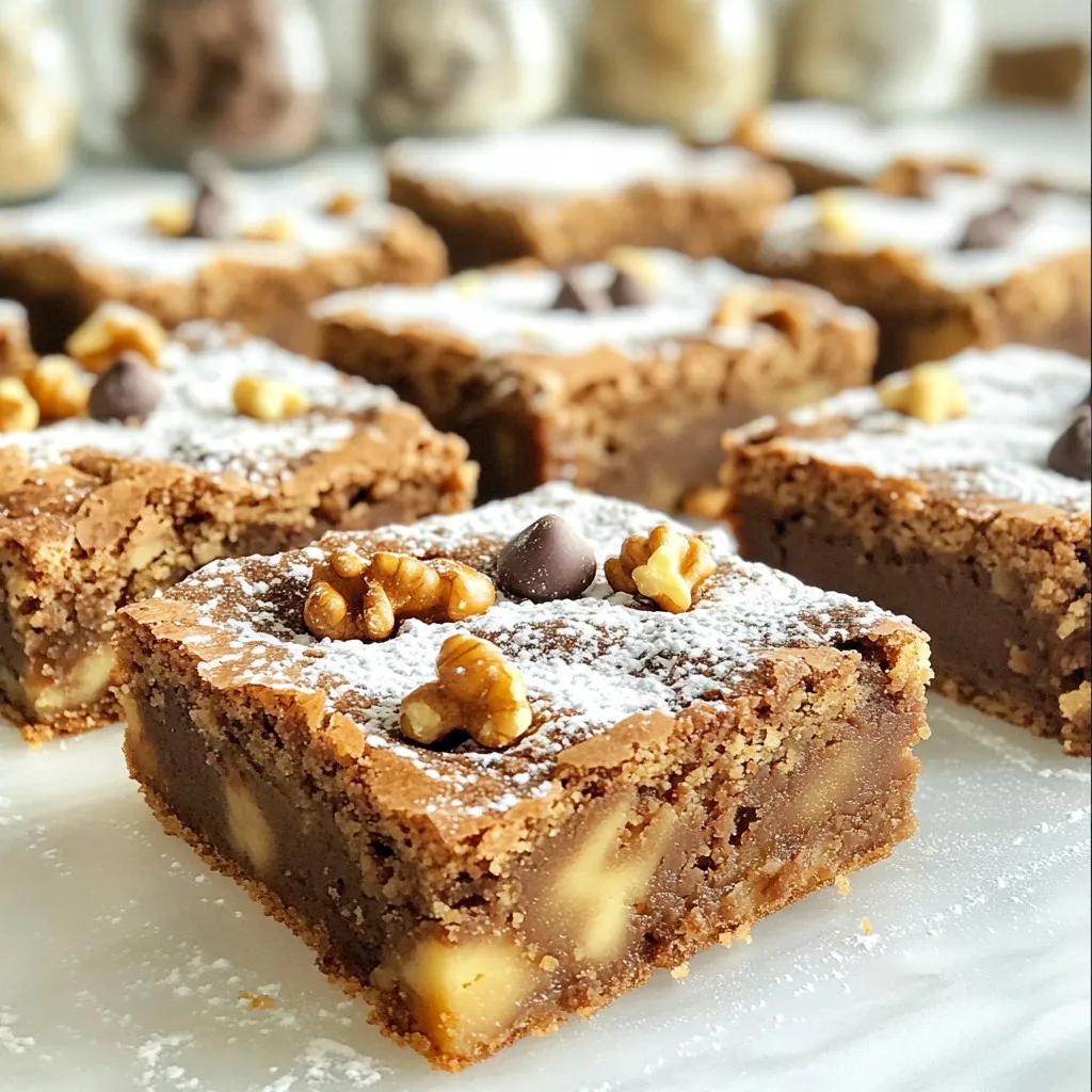 To create these tasty spiced gingerbread blondies, gather these key ingredients: - 1 cup unsalted butter, melted - 1 cup brown sugar, packed - 1/2 cup granulated sugar - 2 large eggs - 1 teaspoon vanilla extract - 2 cups all-purpose flour - 1 teaspoon baking powder - 1/2 teaspoon baking soda - 1 teaspoon ground ginger - 1 teaspoon ground cinnamon - 1/2 teaspoon ground nutmeg - 1/4 teaspoon ground cloves - 1/2 teaspoon salt The butter adds richness, while the sugars create a sweet base. The eggs help bind the mix and make it fluffy. The spices give the blondies their warm, cozy flavor. You can make your blondies even better with these optional ingredients: - 1/2 cup chopped walnuts - 1/2 cup dark chocolate chips If you want to skip the nuts or chocolate, that’s okay! You can also use milk chocolate or white chocolate chips instead. For a nut-free version, just leave out the walnuts. Let’s break down some common baking ingredients: - All-Purpose Flour: This is the main flour. It gives structure. - Baking Powder: This helps the blondies rise. - Baking Soda: This works with the acids in the recipe to create lift. - Ground Spices: Ginger, cinnamon, nutmeg, and cloves add warmth and depth. - Salt: Salt enhances flavor and balances the sweetness. Understanding these ingredients helps you bake better. Knowing their roles ensures your blondies come out perfect every time! {{ingredient_image_1}} Start by preheating your oven to 350°F (175°C). This step is key for even baking. Next, grab a 9x13 inch baking pan. You can grease it with butter or line it with parchment paper. Lining makes it easy to pull out the blondies later. In a large bowl, add 1 cup of melted unsalted butter. Next, mix in 1 cup of packed brown sugar and 1/2 cup of granulated sugar. Stir these until they are smooth and creamy. Then, crack in 2 large eggs, one at a time. Add 1 teaspoon of vanilla extract after the eggs. Mix until everything is well combined. In a separate bowl, measure out 2 cups of all-purpose flour. Then, add 1 teaspoon of baking powder and 1/2 teaspoon of baking soda. Next, sprinkle in 1 teaspoon of ground ginger, 1 teaspoon of ground cinnamon, 1/2 teaspoon of nutmeg, and 1/4 teaspoon of ground cloves. Finally, add 1/2 teaspoon of salt. Whisk these dry ingredients together until they are mixed well. If you want to add extra flavor, fold in 1/2 cup of chopped walnuts or 1/2 cup of dark chocolate chips. These add-ins give a nice crunch and rich taste. Make sure to mix gently so you don’t break the chocolate chips or walnuts. Now, pour the blondie batter into your prepared pan. Use a spatula to spread it evenly. Place the pan in the oven and bake for 25-30 minutes. To check if they are done, insert a toothpick in the center. If it comes out clean, your blondies are ready. Let them cool in the pan before slicing into squares. Enjoy your tasty treat! To make the best spiced gingerbread blondies, follow these tips: - Use room temperature eggs. This helps the batter mix better. - Do not overmix. Stir until just combined for chewy blondies. - Check your oven temperature. An oven thermometer can help. - Line the pan with parchment paper. This makes removal easy. Here are some common problems and how to fix them: - Blondies are too dry: Check your baking time. They may be overbaked. - Blondies are too gooey: Make sure to bake until a toothpick comes out clean. - Blondies don't rise: Ensure your baking powder and baking soda are fresh. - Blondies stick to the pan: Grease the pan well or use parchment paper. For a lovely presentation: - Serve warm for the best taste and texture. - Dust with powdered sugar for a festive touch. - Add extra chocolate chips or nuts on top for decoration. - Enjoy with a glass of milk or a warm latte. Pro Tips Use Fresh Spices: Freshly ground spices will enhance the flavor of your blondies. Consider grinding your own ginger and spices for a more intense taste. Check for Doneness: Since ovens vary, start checking the blondies at 25 minutes. They should be set around the edges but slightly soft in the center. Cool Completely: Allow the blondies to cool in the pan for at least 15 minutes before slicing. This helps them hold their shape while cutting. Storage Tips: Store the blondies in an airtight container at room temperature for up to a week. You can also freeze them for longer storage. {{image_2}} You can mix up the flavors in your spiced gingerbread blondies. Try adding a bit of orange zest for a fresh twist. You can also use pumpkin spice instead of ginger and cinnamon for a different taste. If you love nuts, add pecans or hazelnuts for a crunch. Want something sweeter? Add a swirl of caramel sauce before baking. These small changes can make your blondies special. Making these blondies gluten-free is easy. Replace all-purpose flour with a gluten-free blend. Be sure to check that your baking powder is gluten-free too. For a vegan option, swap the eggs with flaxseed meal or applesauce. Use a plant-based butter and ensure your chocolate chips are dairy-free. These swaps keep the blondies tasty while meeting different dietary needs. You can top your blondies with a lot of different goodies. Consider drizzling melted white chocolate over the top for a sweet touch. You might also sprinkle some sea salt for a nice contrast. For a fruity flavor, mix in dried cranberries or raisins. You can even add a layer of cream cheese frosting for a rich finish. These options can make your blondies even more fun and delicious. To keep your spiced gingerbread blondies fresh, let them cool first. Once cool, place them in an airtight container. This keeps them moist and tasty. You can store them at room temperature for up to three days. If you want to keep them longer, consider refrigerating them. They can last up to a week in the fridge. Just remember to seal them well to prevent drying out. When you're ready to enjoy your blondies again, reheating is simple. You can use the microwave for a quick warm-up. Heat them for about 10-15 seconds. If you like them a bit crispy, the oven works best. Preheat the oven to 350°F (175°C) and place the blondies on a baking sheet. Heat for about 5-7 minutes. This brings back their chewy texture and warm flavors. If you want to save your blondies for later, freezing is a great option. First, let them cool completely. Then, slice them into squares. Wrap each square in plastic wrap. Place the wrapped blondies in a freezer-safe bag or container. They can stay good for up to three months in the freezer. When you're ready to eat, thaw them in the fridge overnight or at room temperature for a few hours. Reheat as needed, and enjoy your cozy treat! To make Spiced Gingerbread Blondies more moist, you can add an extra egg. This gives the blondies a richer texture. Another tip is to reduce the baking time by a few minutes. Keep an eye on them, so they don’t dry out. You can also add a bit of sour cream or yogurt to the batter. These ingredients add moisture and keep the blondies soft. Yes, you can make these blondies ahead of time. Bake them, then let them cool. After that, store them in an airtight container. They will stay fresh for up to a week. You can also freeze them for up to three months. Just wrap them tightly in plastic wrap and then in foil before freezing. When you’re ready to eat, thaw them at room temperature. If you don’t have brown sugar, you can use white sugar. Mix in a little molasses to get a similar flavor. For each cup of white sugar, add about one tablespoon of molasses. You can also use coconut sugar as a healthier option. It gives a nice, caramel-like taste too. To check if your blondies are done baking, insert a toothpick in the center. If it comes out clean or with a few moist crumbs, they’re ready. If the toothpick has wet batter, bake them a little longer. Keep an eye on the edges; they should be slightly golden. Yes, you can use fresh ginger instead of ground ginger. Use about one tablespoon of grated fresh ginger for each teaspoon of ground ginger. Fresh ginger adds a bright flavor to the blondies. Just be sure to chop it finely to mix well in the batter. We covered the key ingredients for spiced gingerbread blondies and how to mix them. You learned step-by-step instructions for baking, tips to perfect your blondies, and variations to try. We explored storage options to keep them fresh too. Whether you’re a novice or a pro, these insights make baking easy and fun. Enjoy your sweet treats, and share them with friends or family! Happy baking!