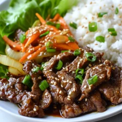 - Beef Sirloin: Use 1 pound of beef sirloin. Cut it into thin slices against the grain. This makes it tender and easy to chew. - Marinade Components: The marinade brings flavor. You need: - 1/4 cup soy sauce - 2 tablespoons brown sugar - 1 tablespoon sesame oil - 2 cloves garlic, minced - 1-inch piece ginger, grated - 1 tablespoon gochugaru (Korean red chili flakes) for spice (optional) - Vegetables and Garnishes: Fresh veggies add crunch and color. You will use: - 1/2 onion, thinly sliced - 1 medium carrot, julienned - 2 green onions, chopped - 1 tablespoon sesame seeds for a nutty flavor - Lettuce leaves or steamed rice for serving Each ingredient plays a key role. The beef gives protein, while the marinade adds depth. Add veggies for freshness. Together, they create a tasty dish that is both simple and authentic. {{ingredient_image_1}} Mixing Ingredients Start by gathering your marinade ingredients. In a bowl, mix together: - 1/4 cup soy sauce - 2 tablespoons brown sugar - 1 tablespoon sesame oil - 2 cloves garlic, minced - 1-inch piece ginger, grated - 1 tablespoon gochugaru (optional) Stir these well to create a smooth sauce. This mix will add depth to your beef. Marinating the Beef Next, take 1 pound of beef sirloin. Cut it thinly against the grain. This helps make the meat tender. Add the beef to the marinade. Make sure every piece is covered. Let it sit for at least 30 minutes. For better flavor, marinate for 2 hours in the fridge. Prepping the Vegetables While the beef marinates, prepare your veggies. Slice 1/2 onion thinly and julienne 1 medium carrot. Chop 2 green onions. These will add crunch and flavor to your dish. Heating the Skillet Heat a skillet or grill pan over medium-high heat. Add a splash of sesame oil to prevent sticking. This will help the beef cook evenly. Cooking Instructions Once the skillet is hot, add the marinated beef. Toss in the sliced onion and carrot too. Cook for about 4-5 minutes. Stir often, so the beef browns nicely and cooks through. Final Touches and Seasoning When the beef is done, toss in the chopped green onions and sprinkle sesame seeds on top. Stir for one more minute to mix the flavors. Taste and season with salt and pepper as needed. Now, your beef bulgogi is ready to serve hot! Enjoy it with lettuce leaves or over steamed rice. Suggested Marinade Time For the best flavor, marinate your beef for at least 30 minutes. If you have time, let it sit for up to 2 hours in the fridge. This longer time helps the beef soak up all the tasty flavors. Ingredient Substitutions You can swap some ingredients if needed. If you don’t have brown sugar, white sugar works too. You can also use any cooking oil in place of sesame oil. Just keep in mind that it may change the taste a bit. Best Cooking Equipment A skillet or grill pan works great for bulgogi. I like using a cast iron skillet for even heat. If you have a grill, that can add a nice smoky flavor too! Adjusting Heat Levels Start with medium-high heat. This helps get a nice sear on the beef. If it cooks too fast, lower the heat. You want to cook the beef until it’s browned but not overdone. Stir often so it cooks evenly. Pro Tips Slice Against the Grain: This technique ensures that the beef is tender and easy to chew by breaking down the muscle fibers. Marinate Longer for Flavor: For best results, marinate the beef for at least 2 hours, or even overnight, to enhance the flavor profile. Use High Heat: Cooking the beef on high heat allows it to sear properly, locking in the juices and giving it a delicious char. Customize Your Spice Level: Adjust the amount of gochugaru according to your spice preference; you can also add chili paste for an extra kick. {{image_2}} You can switch up the beef in bulgogi with other meats. Here are two popular choices: - Chicken Bulgogi: Use boneless chicken thighs or breasts. Slice them thin, just like the beef. The marinade works well with chicken, too. It adds a sweet and savory taste. Cook it in the same way as the beef. - Pork Bulgogi: Pork shoulder or loin is great for bulgogi. Slice it thinly and marinate using the same recipe. Pork gives a different flavor that many love. Cook it until it’s browned and tender. If you want to try a plant-based version, you have tasty options: - Tofu Bulgogi: Use firm or extra-firm tofu. Cut it into thin slices or cubes. Marinate it just like the beef. Cook it in a hot skillet until it’s golden and crispy. This adds a nice texture. - Mushroom Bulgogi: Portobello or shiitake mushrooms work best. Slice them thinly and marinate them. Mushrooms absorb flavors well. Cook them until they are tender and juicy. This option is rich and hearty. Each variation brings its unique taste while keeping the essence of bulgogi. Enjoy experimenting with these options! After enjoying your beef bulgogi, you may have some leftovers. To store them, place the leftovers in an airtight container. This keeps the beef fresh. You can refrigerate the bulgogi for up to three days. When you are ready to eat, follow these best practices for reheating: - Use a skillet: Heat a bit of oil in a skillet over medium heat. Add the bulgogi and stir until it’s hot. - Microwave: If you prefer, you can use a microwave. Place the bulgogi in a microwave-safe dish. Cover it with a damp paper towel and heat for one to two minutes. Stir it halfway through. If you want to save your bulgogi for later, freezing is a great option. Here’s how to freeze your beef bulgogi: - Cool completely: Let the cooked bulgogi cool down. This helps prevent ice crystals from forming. - Use freezer bags or containers: Place the bulgogi in a freezer-safe bag. Remove as much air as you can. You can also use airtight containers. To thaw the bulgogi, follow these instructions: - In the fridge: The best way is to move the bulgogi to the fridge overnight. This keeps it safe and tasty. - Quick thaw: If you’re in a hurry, you can use the microwave. Use the defrost setting for a few minutes until it’s soft. By following these storage tips, you can enjoy your beef bulgogi for days to come! Beef Bulgogi comes from Korea. It is a dish with deep roots in Korean culture. Bulgogi means "fire meat." This name reflects how the dish is cooked. People often serve it at special events and gatherings. It shows warmth and hospitality. Traditionally, Bulgogi is made by marinating thin beef slices in a mix of soy sauce, sugar, and spices. This marinade adds great flavor. The beef is then grilled or pan-fried, bringing out its natural taste. Many families have their own recipes, passed down through generations. Yes, you can use other cuts of beef. While sirloin is popular, flank steak or ribeye work well too. Each cut has its own taste and texture. Flank steak is lean and has a nice chew. Ribeye is fattier and offers a rich flavor. When choosing your beef, think about tenderness. Cuts with more fat will be juicier. Lean cuts may need careful cooking to avoid dryness. Always slice the beef against the grain for the best texture. Beef Bulgogi pairs well with many sides. Lettuce leaves are great for wrapping the beef. You can also serve it with steamed rice or noodles. Some popular side dishes include: - Kimchi - Pickled radishes - Steamed vegetables - Spicy cucumbers These sides add color and taste. They balance the savory flavors of the Bulgogi. Enjoy experimenting with different combinations! Beef Bulgogi offers a savory mix of flavors with its key ingredients and marinades. We discussed how to prepare, cook, and enhance this dish. You learned about variations, from chicken to vegetarian options. I shared storage tips to keep your dish fresh. Explore these steps to enjoy delicious bulgogi at home. Remember, experimenting can lead to new favorites! Your kitchen awaits tasty adventures.