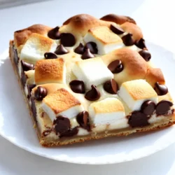 - 1 cup unsalted butter, softened - 1 cup brown sugar, packed - ½ cup granulated sugar - 2 large eggs - 1 teaspoon vanilla extract - 2 ¼ cups all-purpose flour - 1 teaspoon baking soda - ½ teaspoon salt - 1 cup semisweet chocolate chips - 1 cup mini marshmallows Unsalted butter gives the best taste. Make sure it is soft, not melted. Brown sugar adds moisture and a deep flavor. Granulated sugar helps with sweetness. Eggs bind the mix. Use fresh eggs for the best rise. All-purpose flour is the base. Baking soda makes the bars rise. Salt balances the sweet flavors. Semisweet chocolate chips bring richness. Mini marshmallows add that classic s'mores touch. Choose soft, fluffy marshmallows for the best texture. Use measuring cups for dry and wet ingredients. Level off flour for accuracy. To soften butter, let it sit at room temperature for about 30 minutes. Use a mixer to blend butter and sugars until creamy. Crack eggs into a bowl before adding them to the mix. This helps check for shells. Mix everything until just combined to keep the bars soft. Do not overmix the dough. Enjoy the process of creating these tasty treats! {{ingredient_image_1}} To make S’mores Cookie Bars, start by gathering your ingredients. You need butter, sugars, eggs, vanilla, flour, baking soda, salt, and chocolate chips. 1. Cream the Butter and Sugars: In a large bowl, mix the softened butter, brown sugar, and granulated sugar. Use a hand mixer or a wooden spoon. Cream until smooth and fluffy. 2. Add Eggs and Vanilla: Crack in the eggs, one at a time. Mix well after each addition. Then, stir in the vanilla extract until combined. 3. Mix the Dry Ingredients: In another bowl, whisk together flour, baking soda, and salt. This helps to evenly distribute the baking soda and salt. 4. Combine Wet and Dry Ingredients: Gradually add the dry mix to the wet mix. Stir until just combined. Avoid over-mixing, as this can make the bars tough. 5. Fold in Chocolate Chips: Gently fold in the semisweet chocolate chips. This adds rich flavor and gooey texture. Now it’s time to put your cookie bars together. 1. Prepare the Baking Pan: Preheat the oven to 350°F (175°C). Line a 9x13-inch pan with parchment paper. This makes it easy to lift the bars out later. 2. Spread the Dough: Scoop the dough into the prepared pan. Use a spatula to spread it evenly across the bottom. 3. Add the Graham Cracker Layer: Break up graham crackers and sprinkle them over the dough. This gives that classic s’mores taste. 4. Layer More Chocolate: Add more chocolate chips on top of the graham crackers. Feel free to add mini marshmallows too, if you like. 5. Top with Remaining Dough: Take the rest of the dough and flatten it into pieces. Place it on top of the chocolate and graham crackers. It doesn’t need to cover everything. Baking is the final step. 1. Bake the Cookie Bars: Place the pan in the preheated oven. Bake for 25 to 30 minutes. The bars should be golden brown around the edges. 2. Check for Doneness: A toothpick inserted in the center should come out with a few moist crumbs. 3. Cool Before Cutting: Once baked, let the pan cool on a wire rack. Wait at least 15 minutes before cutting into bars. This helps them hold their shape. To get the best texture for your S’mores cookie bars, use softened butter. This helps the dough mix well and stay soft. Make sure to cream the butter and sugars until light and fluffy. This step adds air to the mix. Combine the dry ingredients gently to avoid overmixing. Overmixing can make the bars tough. One common mistake is using cold butter. Cold butter makes the dough hard. Another mistake is not measuring flour properly. Use a spoon to fluff the flour before scooping. This helps you avoid adding too much flour. Lastly, do not bake the bars too long. They should be soft in the middle when done. Always preheat your oven. This ensures even baking. Line your baking pan with parchment paper for easy removal. When adding chocolate chips, mix them in gently. You can also sprinkle some on top before baking for a nice look. If you want a gooey center, underbake slightly. The bars will firm up as they cool. Pro Tips Use Room Temperature Butter: This helps achieve a creamy texture and ensures that the sugars incorporate evenly, resulting in a better cookie bar. Don’t Overmix the Dough: Overmixing can lead to tough cookie bars. Mix just until the ingredients are combined for a softer texture. Chill the Dough: If you have time, refrigerate the dough for 30 minutes before baking. This helps the flavors meld and can improve the texture. Add Extra Chocolate Chips: For a more indulgent treat, sprinkle additional chocolate chips on top before baking for that gooey chocolate finish. {{image_2}} S’mores Cookie Bars are great on their own, but you can mix it up! Try adding a few fun flavors to make them your own. You can swap out chocolate chips for peanut butter chips. This gives a rich, nutty taste. You can also add crushed graham crackers on top. This adds a nice crunch and extra flavor. Want some fruit? Toss in some diced strawberries or bananas. They add sweetness and freshness to each bite. You can even try different types of chocolate like dark or white chocolate. Each choice gives a new twist! If you need gluten-free treats, I’ve got you covered! Simply swap the all-purpose flour for a gluten-free flour blend. Make sure it has xanthan gum. This helps with texture. Also, check all your other ingredients. Some brands of chocolate chips or graham crackers may have gluten. Always read labels to be safe. Your gluten-free S’mores Cookie Bars will still taste amazing! Want a vegan version? It’s easy! Use plant-based butter instead of regular butter. For eggs, you can use flaxseed meal. Mix one tablespoon of flaxseed meal with three tablespoons of water. Let it sit for five minutes to thicken. You can also find vegan chocolate chips at many stores. Just like that, you have tasty vegan S’mores Cookie Bars. They will please everyone, even non-vegans! Store your S’mores Cookie Bars in an airtight container. This keeps them soft and chewy. Use parchment paper to separate layers. This way, they won’t stick together. Keep them at room temperature for up to five days. If you want them to last longer, then consider freezing. To keep your S’mores Cookie Bars fresh, avoid exposing them to air. Air can make them dry out quickly. You can also add a slice of bread to the container. The bread will help keep the bars moist. Just replace it every few days to keep everything fresh. You can freeze S’mores Cookie Bars for up to three months. First, let them cool completely. Then, wrap them tightly in plastic wrap. After that, place the wrapped bars into a freezer bag. When you want to enjoy them, simply thaw at room temperature. For a warm treat, pop them in the microwave for a few seconds. You can tell when S’mores Cookie Bars are done by looking at the edges. They should be golden brown. The center will look a bit soft but not raw. Use a toothpick to check. Insert it into the center. If it comes out mostly clean, they are ready. Let them cool in the pan for a while. This helps them firm up. Yes, you can add more chocolate! I love to mix in extra chocolate chips. Try using different types, like dark or milk chocolate. You can also add chocolate chunks for a fun texture. Just be careful not to overdo it. Too much chocolate can make the bars too rich. Serving S’mores Cookie Bars is fun and easy! Cut them into squares for sharing. You can serve them warm for a gooey treat. Add a scoop of vanilla ice cream on top for a special touch. Drizzle some chocolate sauce for extra flavor. They also taste great at room temperature! In this article, we explored how to make delicious S’mores Cookie Bars. We covered ingredients, preparation, and step-by-step baking. You learned tips for texture, common mistakes to avoid, and expert insights. We also discussed tasty variations and smart storage methods. Baking these bars is fun and rewarding. With practice, you’ll master the perfect treat. Enjoy sharing your cookie bars and delighting your friends and family. Happy baking!