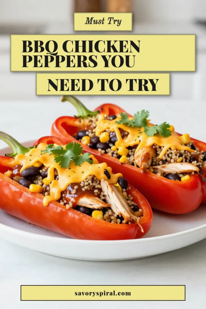 Discover the deliciousness of BBQ chicken stuffed peppers in this easy BBQ chicken recipe! Packed with flavor and nutrition, this healthy stuffed pepper recipe combines shredded chicken, quinoa, and cheese for a satisfying meal. Perfectly baked stuffed peppers with cheese make for a great dinner option. Try these quinoa stuffed bell peppers today! Don't forget to save this recipe for later. #BBQChicken #StuffedPeppers #HealthyEating #EasyRecipes