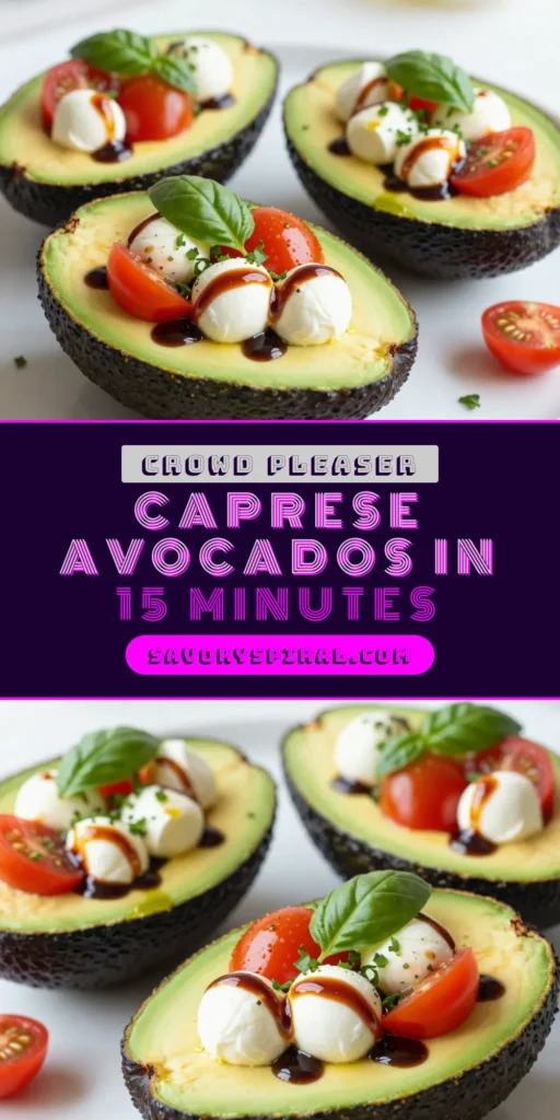 Discover the deliciousness of Caprese stuffed avocados with this easy avocado salad recipe! Perfectly ripe avocados are filled with cherry tomatoes, fresh mozzarella, and basil, making this fresh mozzarella avocado recipe a must-try. Enjoy these healthy avocado recipes that are quick to prepare and full of flavor. Get ready to impress your taste buds! Save and try today! #CapreseStuffedAvocados #AvocadoSaladRecipe #HealthyAvocadoRecipes #EasyStuffedAvocados