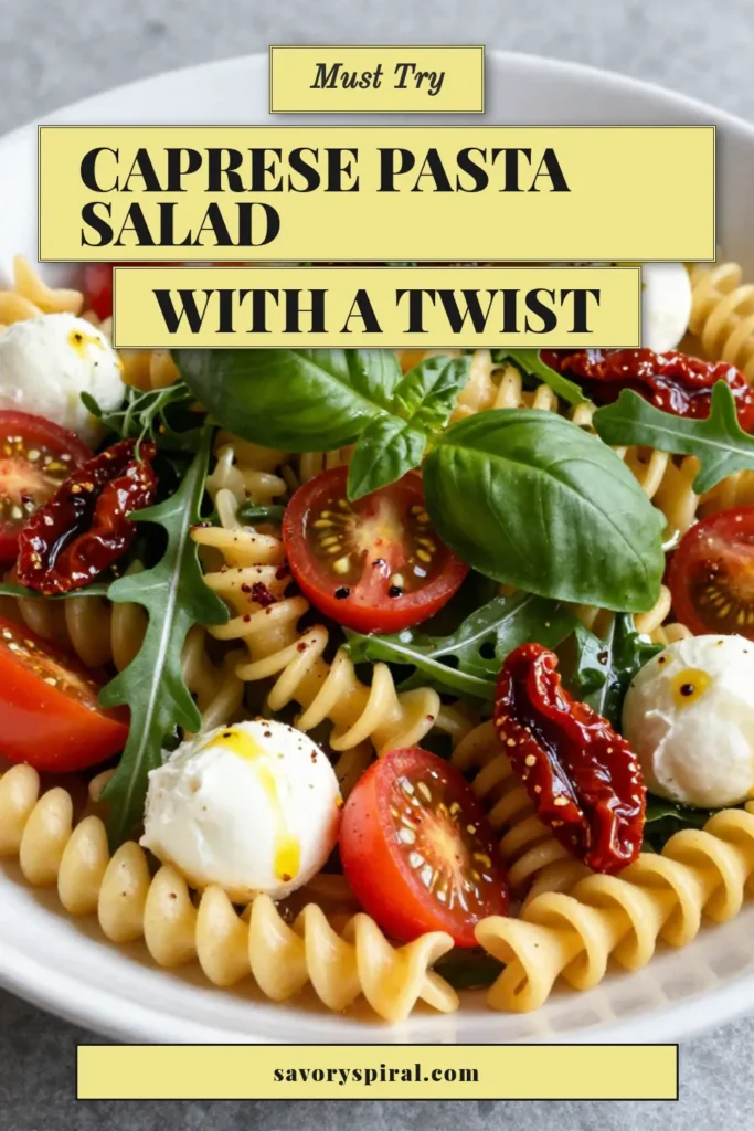 Enjoy a refreshing twist on a classic with this Caprese Pasta Salad featuring arugula and sun-dried tomatoes. This easy summer pasta salad combines fusilli with cherry tomatoes and creamy fresh mozzarella for a delightful dish. Perfect for gatherings or quick weeknight dinners, this Fresh Mozzarella pasta recipe is a must-try. Save this recipe for your next cookout! #CapresePastaSalad #PastaSaladWithArugula #SunDriedTomatoPastaSalad #EasySummerPastaSalad