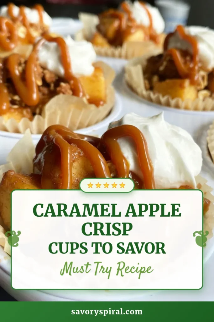Indulge in this delicious Caramel Apple Crisp Cups recipe, perfect for fall! These baked apple cups are quick to prepare and make an impressive easy dessert idea for gatherings. Layer sweet apples with a crunchy oat topping and finish with a caramel sauce topping for a delightful treat. Try this easy caramel apple crisp recipe and bring the warmth of autumn to your table. Save it now to impress your guests! #CaramelAppleCrisp #EasyDessertIdeas #FallDessertRecipes #BakedAppleCups