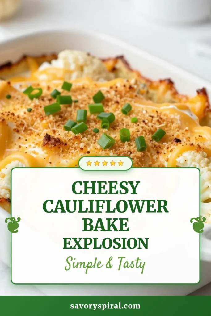 Savor the deliciousness of this Loaded Cheesy Cauliflower Bake, a creamy cauliflower dish that's perfect for your next meal. This cheesy cauliflower recipe features tender cauliflower, sharp cheddar, and crumbled turkey bacon in a delightful casserole that everyone will love. Bake it until bubbly and golden for a comforting side or main dish. Try out this baked cauliflower with cheese today! Save the recipe for later! #CauliflowerBake #CheesyCasserole #HealthyRecipes #ComfortFood