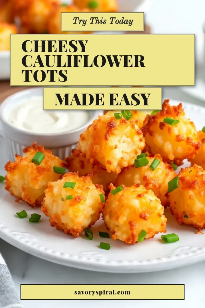Satisfy your cravings with these Cheesy Cauliflower Tater Tots! This gluten-free tater tot recipe is an irresistible low-carb comfort food that transforms cauliflower into delicious baked cauliflower snacks. Make these easy cauliflower cheese bites for game day or as a tasty appetizer. Your friends and family will love them! Click to discover the full recipe and impress your taste buds! #CheesyCauliflowerTaterTots #GlutenFree #LowCarb #BakedSnacks