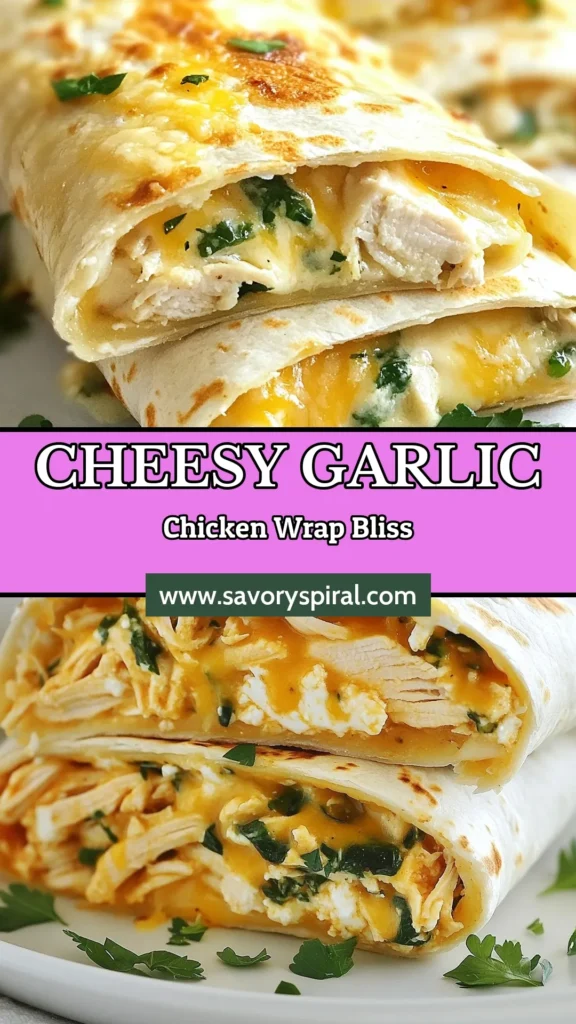 Indulge in these delicious Cheesy Garlic Chicken Wraps that are sure to impress! Packed with shredded chicken and gooey mozzarella, this Easy Chicken Wraps recipe features a delightful Garlic Chicken Tortilla filled with spinach and spices. Perfect for a quick meal, these Mozzarella Chicken Wraps are flavorful and simple to make. Try these Spinach Cheese Wraps today and elevate your lunch! Save for later! #CheesyChickenWraps #EasyChickenWraps #TortillaRecipes #ChickenDinner