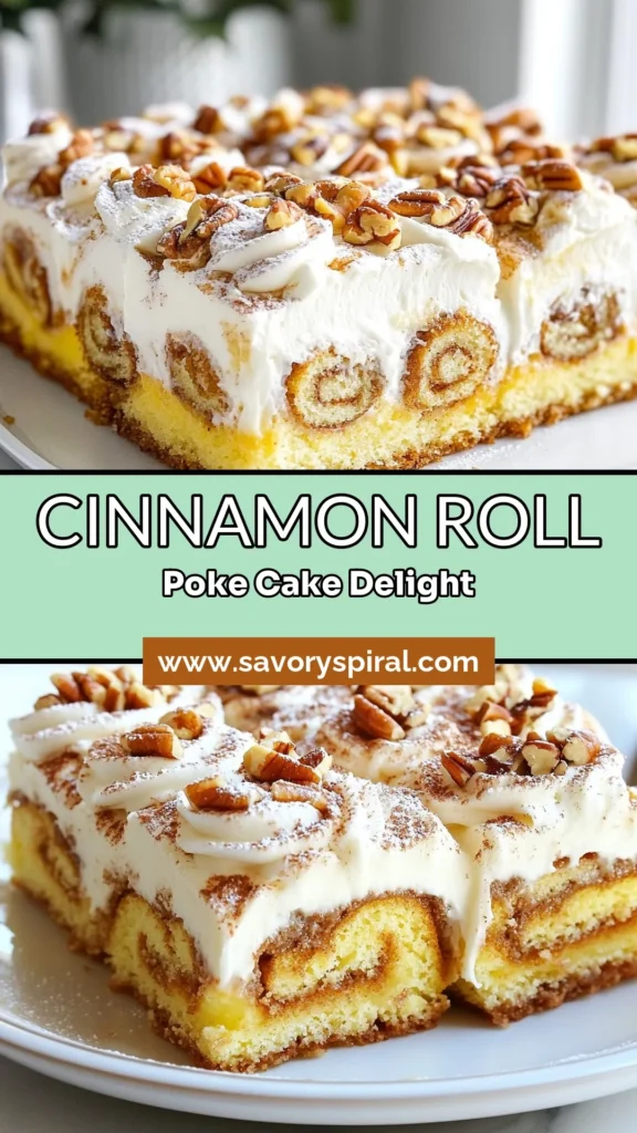 Indulge in this delicious Cinnamon Roll Poke Cake, an easy poke cake recipe perfect for any dessert lover! Made with yellow cake mix and topped with a creamy cream cheese frosting, this dessert with cinnamon rolls is sure to impress your guests. Ideal for potlucks or family gatherings, this delightful cake combines the best of both worlds. Try this yellow cake mix dessert today! Save and share for later! #CinnamonRollPokeCake #PokeCake #EasyDesserts #BakingInspiration