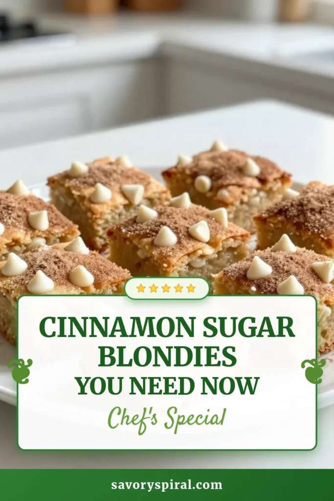 Indulge in these delightful Snickerdoodle Blondies with our easy blondies recipe! Perfectly chewy, these cinnamon blondies are a dream come true for dessert lovers. Add white chocolate chips for a sweet twist and enjoy as dessert bars with cinnamon. Ready in just 35 minutes, they’re great for sharing or keeping all to yourself. Try this scrumptious Snickerdoodle blondies recipe today! Save for later and impress your guests! #SnickerdoodleBlondies #BlondiesRecipe #CinnamonDessertBars #BakingJoy