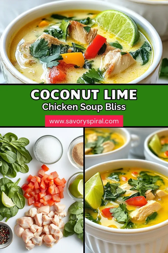 Indulge in the vibrant flavors of Coconut Lime Chicken Soup, a Thai-inspired chicken soup that's both healthy and delicious! This easy chicken soup with lime features tender chicken, creamy coconut milk, and fresh veggies. Perfect for weeknight dinners, this coconut milk soup delights the senses while being nourishing. Prepare to impress your family with this incredible healthy chicken soup recipe. Save this recipe for your next meal! #CoconutLimeChickenSoup #HealthyChickenSoup #ThaiInspired #CoconutMilkSoup