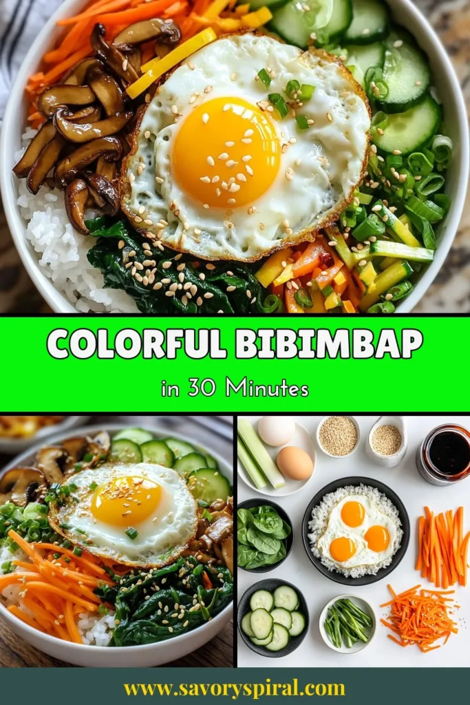 Discover the vibrant flavors of this simple Korean bibimbap recipe! This delicious Korean rice bowl is packed with healthy vegetarian recipes and colorful veggies like spinach, carrot, and cucumber. Top your vibrant veggie bibimbap with a fried egg and a drizzle of gochujang for that perfect kick. Ready in just 30 minutes, it's the ultimate dish for a nutritious meal. Try this gochujang bibimbap today and save for later! #BibimbapRecipe #KoreanRiceBowl #HealthyVegetarianRecipes #VibrantVeggieBibimbap