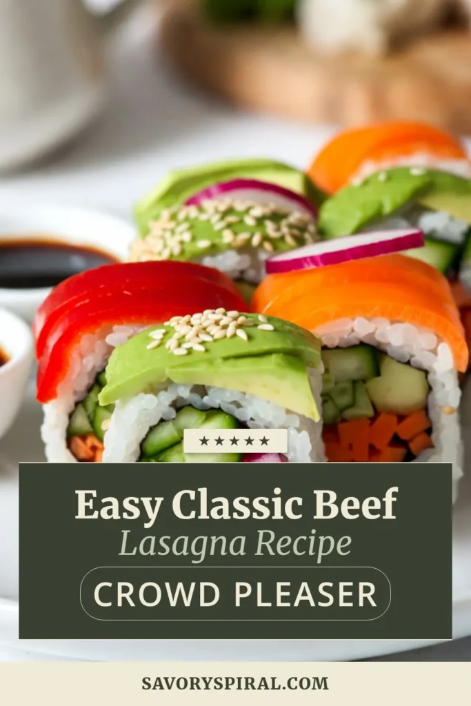 Create a colorful and nutritious meal with our Rainbow Veggie Sushi! This vegan sushi rolls recipe features healthy sushi ingredients like cucumber, avocado, and bell pepper, all wrapped in nori. Enjoy making homemade sushi with this easy sushi rolling guide! Perfect for lunch or a fun snack, these Rainbow Veggie Sushi Rolls are a hit for everyone. Save this recipe and get rolling today! #RainbowVeggieSushi #VeganSushiRolls #HealthyEating #SushiRecipe