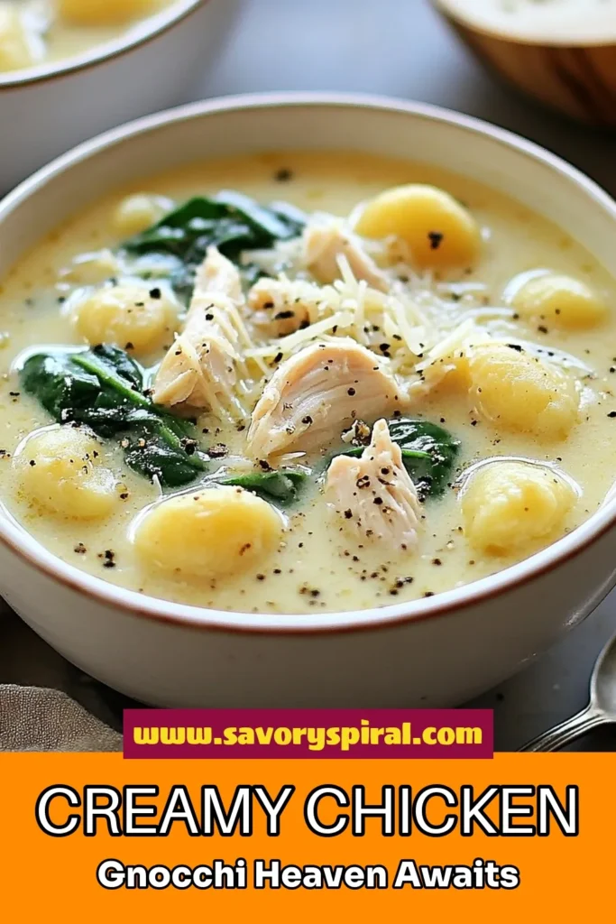 Warm up with this delicious Creamy Chicken Gnocchi Soup, the ultimate comfort food soup! This easy gnocchi soup recipe combines tender chicken and fluffy gnocchi in a rich and creamy broth. Packed with veggies and ready in just 35 minutes, it’s a healthy chicken gnocchi recipe you'll love. Perfect for chilly nights, don’t forget to save this recipe for your next family dinner! #ComfortFood #ChickenSoupWithGnocchi #EasyGnocchiSoupRecipe #HealthyRecipes