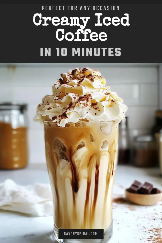 Indulge in this creamy iced coffee recipe that's perfect for coffee lovers! This easy iced coffee drink combines brewed coffee, milk, and sweetened condensed milk for a delightful homemade iced coffee experience. Topped with whipped cream, it's a delicious coffee dessert you can whip up in just 10 minutes. Treat yourself to this refreshing drink and savor the flavor! Save this recipe for your next café-style treat! #IcedCoffee #CoffeeLovers #CoolingDrinks #HomemadeDesserts