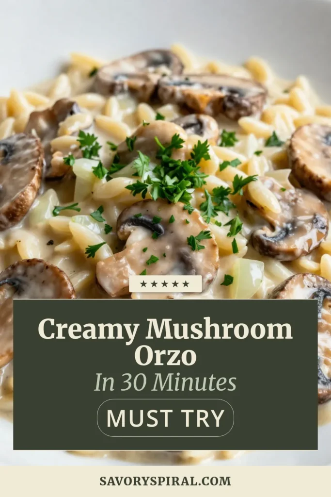 Discover the ultimate creamy mushroom orzo recipe that's perfect for a quick weeknight dinner! This easy orzo pasta dish is packed with flavor, featuring tender mushrooms and creamy Parmesan for a rich experience. Enjoy this vegetarian mushroom orzo in just one pot, making cleanup a breeze. Perfect for any meal, this creamy orzo with Parmesan is sure to impress. Save this recipe for a delicious night in! #CreamyMushroomOrzo #EasyPasta #VegetarianRecipes #OnePotMeals