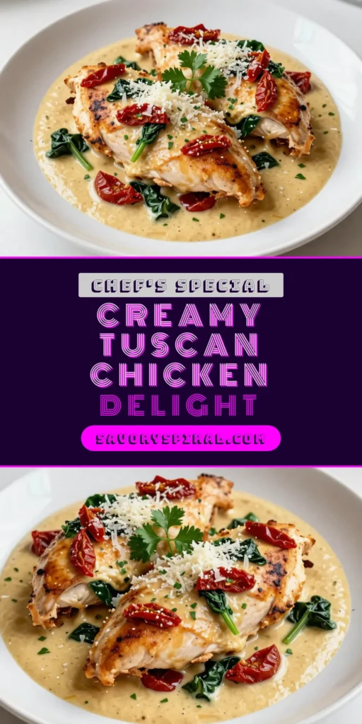 Discover this delicious Tuscan chicken recipe featuring sun-dried tomato chicken that’s perfect for an easy chicken dinner. This creamy chicken recipe combines tender chicken breasts with a rich sauce of sun-dried tomatoes, creamy spinach, and Parmesan. Elevate your dinner table with this quick Italian chicken dish that takes just 30 minutes to prepare. Try it tonight and impress your family! #TuscanChicken #SunDriedTomatoChicken #EasyChickenDinner #CreamyChickenRecipes