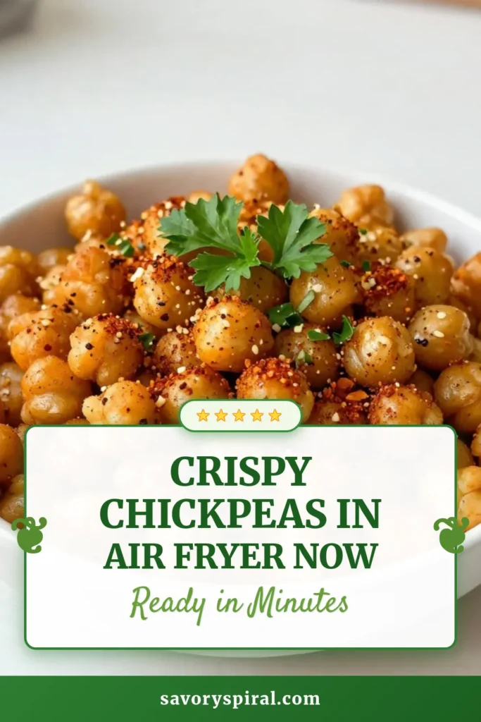Looking for a delicious and healthy snack? Try these crispy air fryer chickpeas! This roasted chickpeas recipe is not only easy but also packed with flavor, making it a perfect vegan snack idea. In just 20 minutes, you can enjoy these satisfying and crunchy healthy air fryer snacks. Perfect for munching or as a topping! Save this recipe for quick, tasty meals at home. #AirFryerRecipes #HealthySnacks #VeganEats #ChickpeaLove