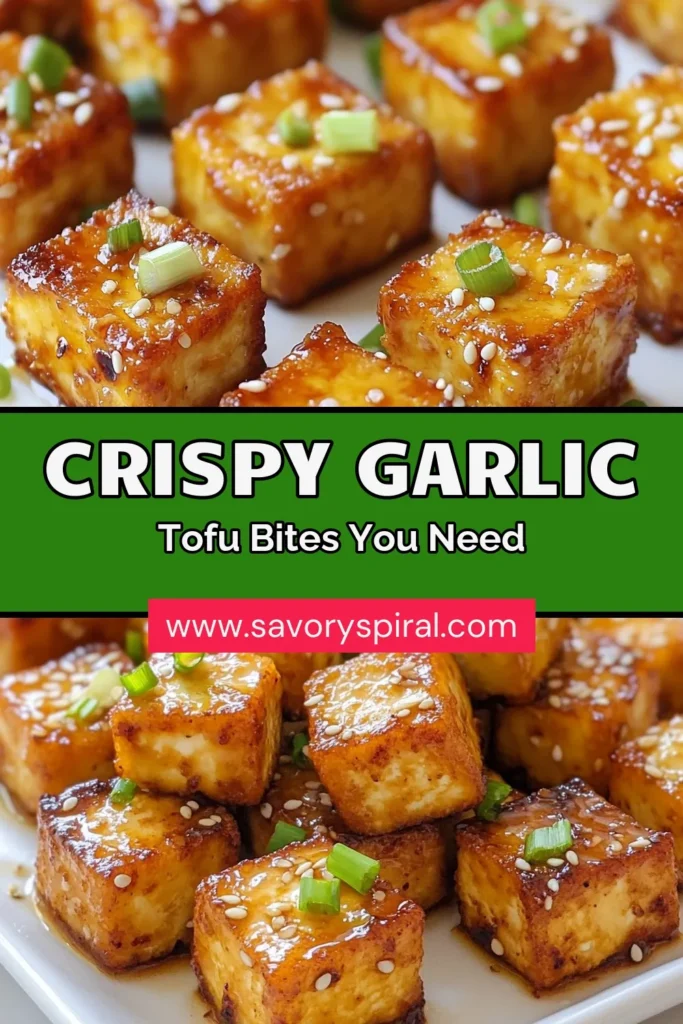 Enjoy your next snack with these Crispy Garlic Tofu Bites! This healthy tofu appetizer is perfect for vegan eaters and anyone seeking tasty baked tofu bites. Coated in garlic and spices, these crispy garlic tofu snacks are sure to impress. Follow our easy vegan garlic recipe, perfect for meal prep or a crowd-pleasing dish. Click to get the recipe and save it for later! #VeganRecipes #TofuLovers #HealthySnacks #GarlicTofu